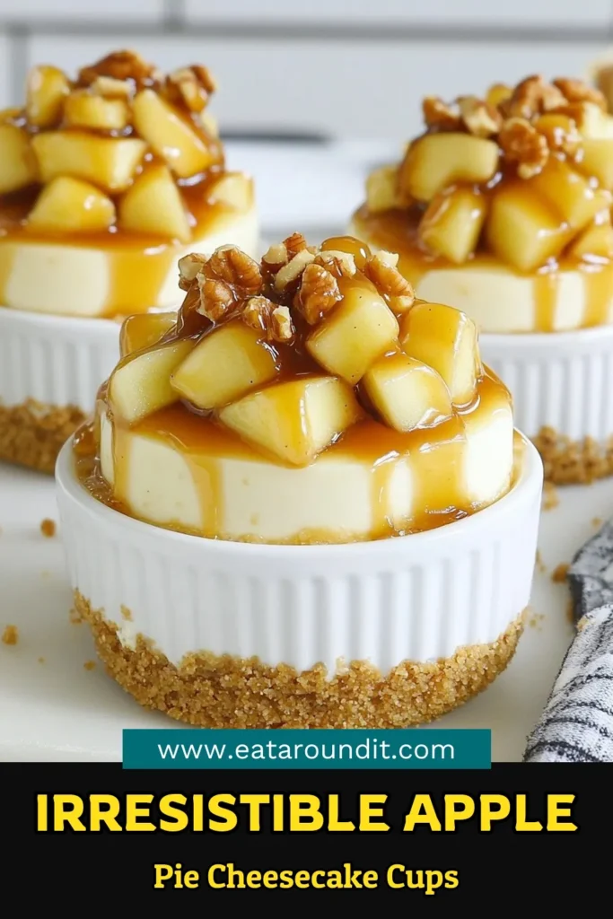 Indulge in delightful apple pie cheesecake cups, the perfect blend of creamy cheesecake and tender Granny Smith apples. These no-bake cheesecake cups are quick to make and perfect for any occasion. Easy dessert recipes don’t get better than this! Enjoy the delicious layers, and don't forget to drizzle with caramel for an extra treat. Try these cheesecake dessert recipes today and impress your guests! Save this recipe now! #DessertRecipes #CheesecakeCups #AppleDesserts #NoBakeDelights
