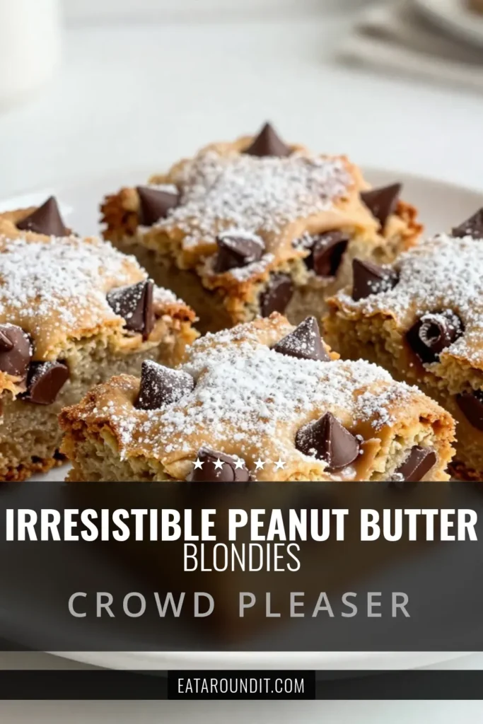 Indulge in these irresistible peanut butter chocolate chip blondies! This easy blondie recipe combines creamy peanut butter and rich chocolate chips for a chewy blondies recipe that's perfect as a dessert with peanut butter. Make a batch today and impress your friends and family with these delicious peanut butter blondies! Save this recipe to make your snacking sweeter. #PeanutButterBlondies #ChocolateChipBlondies #BlondieRecipe #DessertWithPeanutButter