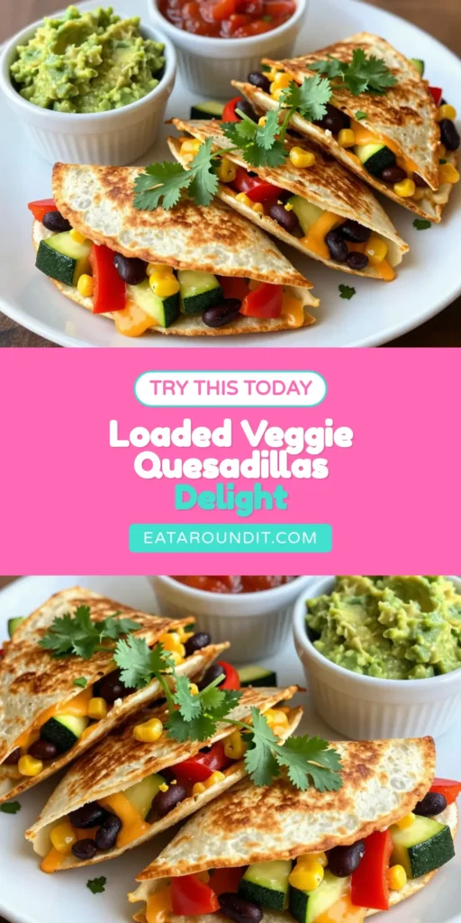 Discover the deliciousness of loaded veggie quesadillas with this healthy quesadilla recipe! Stuffed with black beans, zucchini, corn, and cheesy goodness, these vegetarian quesadillas are made with whole wheat tortillas for a nutritious twist. Perfect for easy veggie dinner ideas, they’re quick to whip up and full of flavor. Try them tonight and elevate your meal prep! Save this recipe for later inspiration! #VeggieQuesadillas #HealthyDinner #VegetarianRecipes #EasyDinners