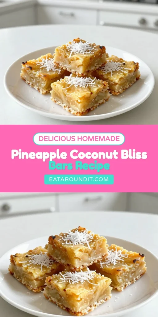 Indulge in these delightful Tropical Pineapple Coconut Bars, a must-try pineapple coconut dessert recipe! Easy to make, these crushed pineapple coconut bars are perfect for any occasion. With a blend of shredded coconut and fresh flavors, they are the ultimate tropical dessert bars recipe. Bake a batch today and enjoy a taste of paradise. Don't forget to save this easy coconut bars recipe for later! #TropicalDesserts #CoconutBars #PineappleRecipe #EasyDesserts