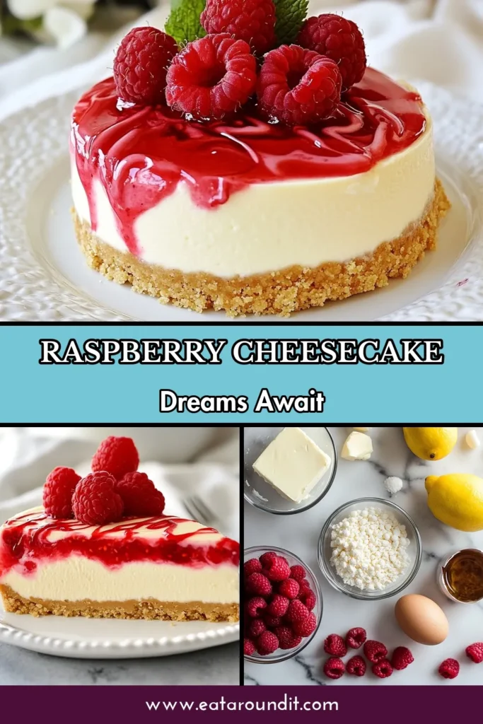 Indulge in this delicious Raspberry White Chocolate Cheesecake with our easy cheesecake recipe that combines creamy white chocolate and fresh raspberries. Perfect for any occasion, this raspberry cheesecake recipe features a no bake raspberry cheesecake option for effortless preparation. Elevate your dessert game with these raspberry dessert ideas! Click for the full recipe and save for later. #RaspberryCheesecake #EasyCheesecakeRecipe #RaspberryDessertIdeas #WhiteChocolateCheesecake