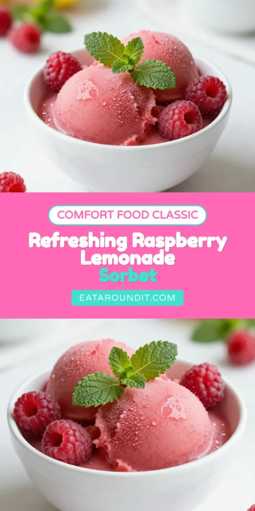 Beat the heat with this delicious raspberry lemonade sorbet! This easy lemonade sorbet recipe is the perfect homemade sorbet recipe for a refreshing summer dessert. Bursting with fresh, ripe raspberries and zesty lemon, this fruit sorbet recipe is a must-try. Follow our simple steps to create a delightful treat everyone will love. Save this post for your summer dessert ideas! #RaspberryLemonadeSorbet #SummerDessert #FruitSorbet #EasySorbetRecipe