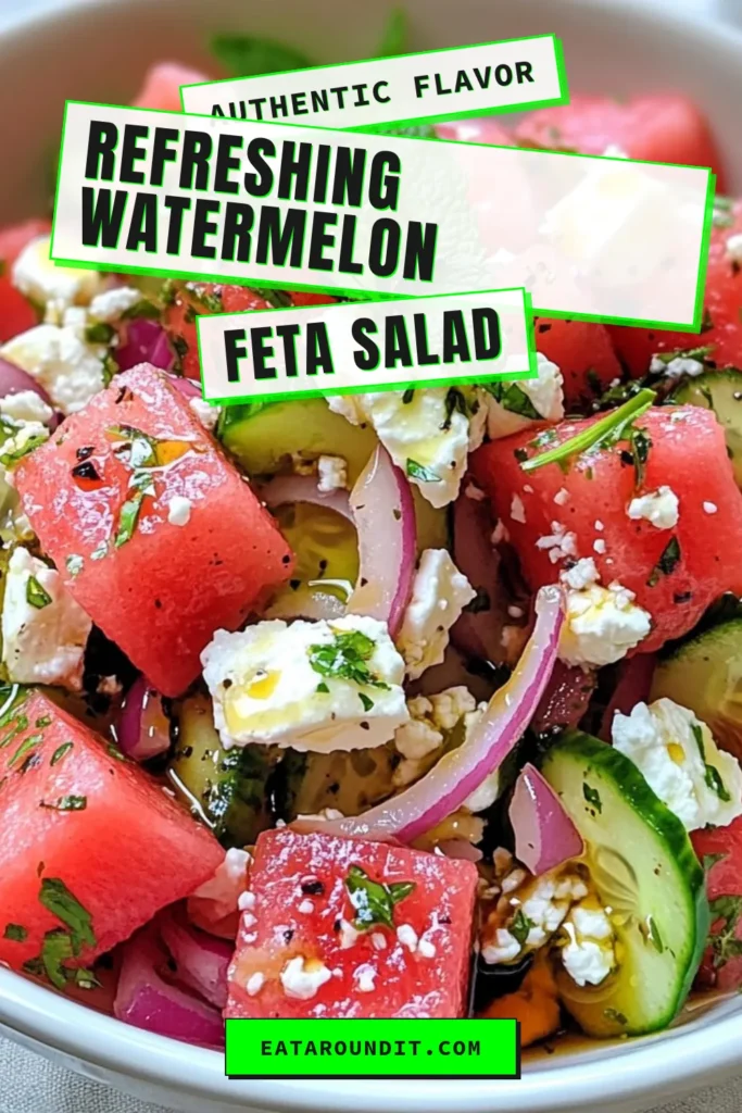 Looking for a refreshing summer salad? Try this Watermelon Feta Salad, a delightful mix of juicy watermelon and creamy feta cheese! This easy watermelon recipe features crunch from cucumbers and a burst of flavor from mint. Perfect for summer picnics or light lunches, it's a must-try among feta cheese recipes. Make your gathering special with this mint and feta salad. Save the recipe now and enjoy summer vibes! #WatermelonFetaSalad #SummerSalad #EasyRecipes #FetaCheese