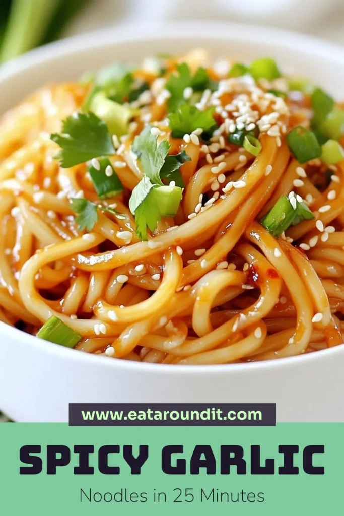 Indulge in these Spicy Garlic Noodles that pack a flavorful punch! This easy Sesame Noodles Recipe features rich udon noodles with garlic, ideal for a quick weeknight meal. Perfect for vegans, these Vegan Spicy Noodles are tossed in a delicious quick garlic sesame sauce that elevates your dinner. Ready in just 25 minutes, it's time to savor this delightful dish! Save for your next meal inspiration! #SpicyGarlicNoodles #SesameNoodlesRecipe #VeganRecipes #UdonNoodles