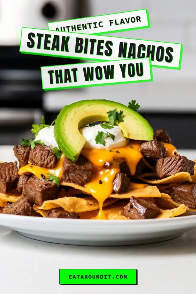 Indulge in these mouthwatering garlic butter steak bites nachos! This easy nachos with steak recipe features tender flank steak coated in garlic butter, layered with tortilla chips, and loaded with cheese for a deliciously cheesy experience. Perfect for game days or casual gatherings, these loaded nachos with cheese will surely impress your guests. Try this steak nachos recipe today! Save for your next party! #Nachos #SteakNachos #EasyRecipes #GameDayFood