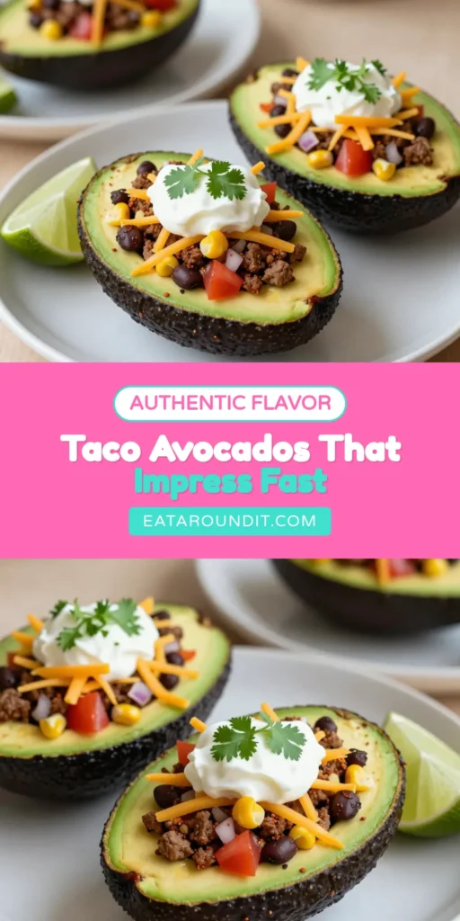 Discover the deliciousness of taco stuffed avocados, a perfect blend of flavors in a healthy taco recipe! These easy dinner ideas are not only nutritious but also a delightful way to enjoy avocado recipes. Stuff ripe avocados with ground beef and fresh ingredients for a satisfying meal. Perfect for family dinners or meal prep! Save this recipe for a tasty twist on taco night. #TacoStuffedAvocados #HealthyRecipes #EasyDinnerIdeas #AvocadoRecipes