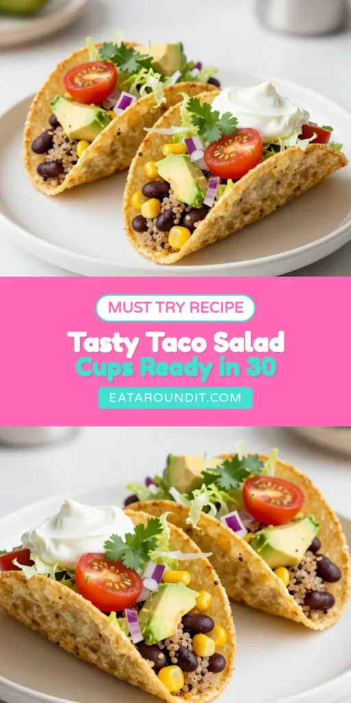 Discover this vibrant Fiesta Taco Salad Recipe featuring Healthy Taco Salad Cups that are perfect for gatherings! These Quinoa Taco Salads are not just delicious but also nutritious and easy to make. Enjoy Vegetarian Taco Cups that combine fresh ingredients in crispy tortilla cups, making them the ideal Easy Salad Appetizer. Try this recipe for your next celebration and impress your guests! Save and share your creations! #TacoSalad #HealthyRecipes #Vegetarian #Appetizers