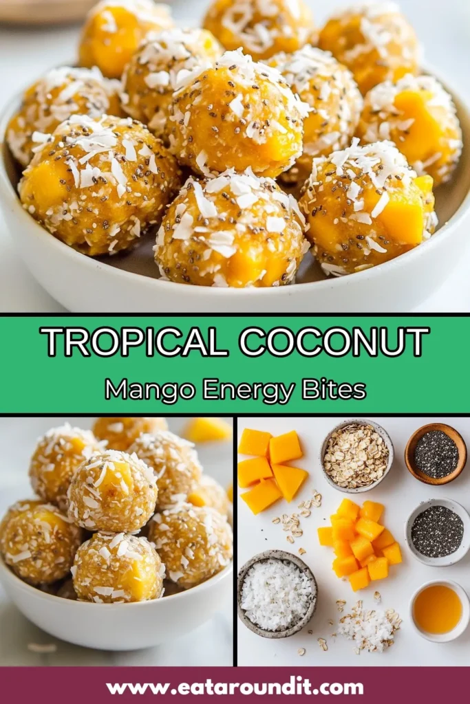 Looking for a tasty and nutritious boost? Try these delightful Coconut Mango Energy Bites! Perfect as a healthy energy snack, these no-bake coconut snacks are quick to prepare and fit perfectly into your vegan lifestyle. Packed with rolled oats, dried mango, and creamy nut butter, these tropical energy balls are not only delicious but also satisfying. Save this recipe for your next snack cravings and enjoy the tropical flavors! #CoconutMangoEnergyBites #HealthySnacks #NoBakeSnacks #VeganEnergyBites