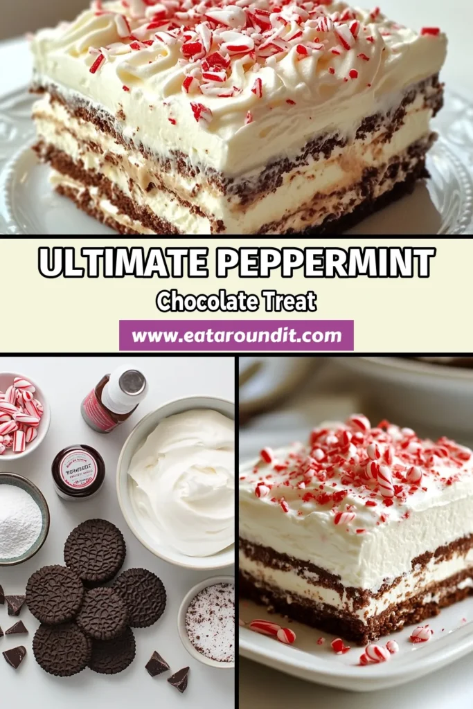 Indulge in the festive flavors of this Peppermint Chocolate Icebox Cake, the perfect no-bake peppermint dessert for the holidays! Layered with whipped cream, chocolate wafer cookies, and crushed peppermint candies, this easy icebox cake is sure to impress. Try this delightful chocolate wafer cookie recipe and make your holiday dessert recipe a hit! Save this recipe for your next celebration! #PeppermintChocolate #NoBakeDessert #HolidayTreats #IceboxCake
