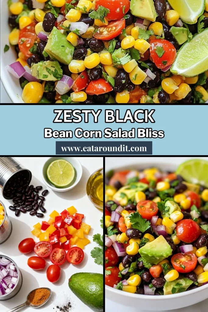 Celebrate summer with this delicious black bean corn salad! This vibrant corn salad recipe combines black beans, sweet corn, and fresh veggies for a zesty summer salad packed with flavor. Perfect as a healthy black bean salad or a refreshing avocado corn salad. Ideal for picnics or gatherings, it's quick to prepare and sure to impress. Try it today! Save for your next meal! #BlackBeanCornSalad #ZestySalad #HealthyEating #SummerRecipes
