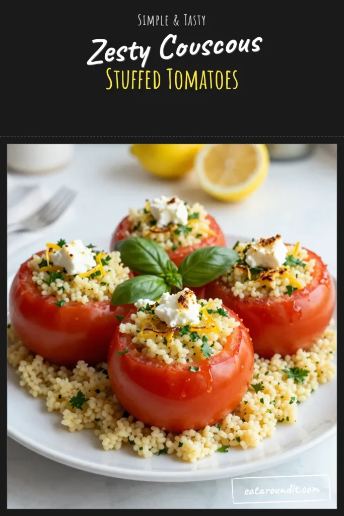 Discover this delicious Lemon Herb Couscous Stuffed Tomatoes recipe, perfect for a healthy vegetarian couscous dish. These baked stuffed tomatoes are bursting with flavor, featuring lemon zest, fresh herbs, and optional feta cheese for added richness. Ideal for a light meal or side dish, this healthy tomato recipe is both simple and satisfying. Save this recipe for a delightful twist on traditional stuffed tomatoes! #Couscous #VegetarianRecipes #HealthyEating #StuffedTomatoes