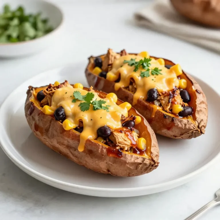 To make BBQ chicken stuffed sweet potatoes, gather the following ingredients: - 4 medium-sized sweet potatoes - 2 cups shredded cooked chicken (rotisserie chicken works great) - 1 cup of your favorite BBQ sauce - 1/2 cup canned black beans, drained and rinsed - 1 cup corn (can be fresh, frozen, or canned) - 1/2 cup red onion, finely chopped - 1 cup shredded cheddar cheese (or cheese blend of choice) - 1/4 cup fresh cilantro, chopped (for garnish) - Salt and pepper to taste - Olive oil (for drizzling) Each ingredient plays a key role in creating this tasty dish. Sweet potatoes provide a soft, sweet base. Shredded chicken adds protein and heartiness. BBQ sauce brings a smoky, tangy flavor that ties it all together. Black beans and corn add texture and extra nutrients. Red onion gives a nice crunch and sharpness. Cheddar cheese melts beautifully, creating a rich topping. Finally, fresh cilantro brightens the dish and adds a pop of color. When choosing your ingredients, focus on quality. Fresh, organic sweet potatoes will elevate the flavor. If you prefer a little kick, try spicy BBQ sauce. Each ingredient should shine in this dish, making every bite a flavorful delight. {{ingredient_image_2}} Set your oven to 400°F (200°C). Preheating is key for even cooking. If you skip this step, sweet potatoes may bake unevenly. Wash the sweet potatoes well under running water. Use a fork to poke several holes in each potato. This helps steam escape while they cook. Drizzle olive oil over them, then sprinkle with salt and pepper for extra taste. Place the sweet potatoes on a baking sheet lined with parchment paper. Bake for about 45 to 60 minutes. They are done when a fork easily pierces them. In a mixing bowl, combine shredded chicken with your favorite BBQ sauce. Add black beans, corn, and finely chopped red onion. Mix well until everything is coated in the sauce. Once the sweet potatoes are cool, carefully cut a slit down the center of each one. Be careful not to cut all the way through. Use a fork to fluff the insides, creating space for the filling. Spoon the BBQ chicken mixture into each sweet potato. Pack it down gently to fit as much filling as you can. Then, evenly sprinkle the shredded cheddar cheese on top. Put the stuffed potatoes back in the oven for another 10 minutes. This melts the cheese and makes it bubbly. Once done, take them out and let them cool for a minute. Garnish with freshly chopped cilantro for a tasty finish. Serve hot and enjoy! When picking sweet potatoes, look for medium size. They should feel firm and smooth. Avoid any with soft spots or blemishes. Orange-fleshed varieties are sweet and creamy. Purple sweet potatoes offer a nutty flavor. Both options are great for stuffing. Shredding chicken can be quick. Use a fork to pull apart cooked chicken. If you have a stand mixer, use it! Place warm chicken in the bowl and mix on low speed. The chicken will shred in seconds. Rotisserie chicken works well and saves time. BBQ sauce choice can change your dish. For a sweet flavor, try a honey BBQ. For a spicy kick, use chipotle or spicy BBQ sauce. You can mix sauces for a unique taste. Adding a splash of apple cider vinegar can brighten flavors too. Pro Tips Choose the Right Sweet Potatoes: Look for firm sweet potatoes without any bruises or soft spots. The skin should be smooth and free of blemishes for the best flavor and texture. Customize Your BBQ Sauce: Feel free to experiment with different flavors of BBQ sauce. A spicy or smoky version can add an exciting twist to your dish. Make Ahead: You can bake the sweet potatoes in advance and store them in the refrigerator. When ready to serve, just reheat and stuff them with the BBQ chicken mixture. Add Extra Veggies: Enhance the nutritional value by adding other vegetables like bell peppers or zucchini to the BBQ chicken filling for more flavor and texture. {{image_4}} You can easily make a vegetarian version of BBQ chicken stuffed sweet potatoes. Just swap the shredded chicken for your favorite plant-based protein. You could use tofu, tempeh, or even chickpeas. These options will soak up the BBQ sauce and add great flavor. If you want to change up the cheese, go for it! You can use mozzarella, pepper jack, or even feta cheese for a tangy twist. Each cheese type brings a unique flavor and texture to the dish. Experimenting with different cheeses can make your potatoes even more exciting. Want to sneak in some extra veggies? Try adding diced bell peppers, zucchini, or spinach to the BBQ chicken mix. These veggies not only boost nutrition but also add color and crunch. You can stir them in while mixing the chicken and BBQ sauce. To keep your BBQ chicken stuffed sweet potatoes fresh, store them properly. Place the leftovers in an airtight container. This helps to keep moisture in and air out. You can store them in the fridge for up to three days. If you want to keep them longer, freezing is a great option. When you're ready to enjoy your leftovers, reheating is easy. Preheat your oven to 350°F (175°C). Place the stuffed sweet potatoes on a baking sheet. Heat them in the oven for about 15-20 minutes. This method keeps them warm and tasty. You can also use a microwave if you're short on time. Just heat them for 1-2 minutes, but know that the skin won't be crispy. If you want to freeze the stuffed sweet potatoes, do this before adding cheese. Wrap each potato tightly in plastic wrap or foil. Place them in a freezer-safe bag or container. They can stay in the freezer for up to three months. When you're ready to eat, thaw in the fridge overnight. Then, reheat as mentioned before, adding cheese before the final bake. This way, you get that gooey, melty goodness! Yes, you can use canned chicken. It saves time and effort. Canned chicken is already cooked, so it’s ready to use. However, the texture might differ from fresh chicken. Fresh chicken tends to have a firmer bite. Canned chicken is softer and can mix well with other ingredients. When using canned chicken, drain it well to reduce excess moisture. This keeps your filling from getting too soggy. These stuffed sweet potatoes pair well with various sides. You can serve them with a simple salad. A fresh green salad adds crunch and brightness. Coleslaw is another tasty option. Its creamy texture balances the sweet potatoes. You can also serve them with grilled veggies or corn on the cob. These sides add color and more flavor to your meal. Leftover stuffed sweet potatoes can last for about three to four days. Store them in an airtight container in the fridge. Make sure they cool down before sealing. This helps prevent condensation. For longer storage, you can freeze them. They can last up to three months in the freezer. Just remember to wrap them well to avoid freezer burn. Yes, you can prepare these ahead of time. You can bake the sweet potatoes a day in advance. Store them in the fridge after cooling. You can also make the BBQ chicken filling ahead. Keep it in the fridge in a sealed container. When ready to eat, stuff the sweet potatoes and bake them. This makes dinner quick and easy! Stuffed sweet potatoes are a tasty and easy dish. We covered sweet potatoes, chicken, and spices. You learned how to bake and fill those potatoes. We discussed tips for selecting the right ingredients and shredding chicken. You can even make them vegetarian with plant-based proteins or change up the cheese. Store leftovers well and know how long they last. Enjoy creating your own versions! This dish is great for family meals or sharing with friends.