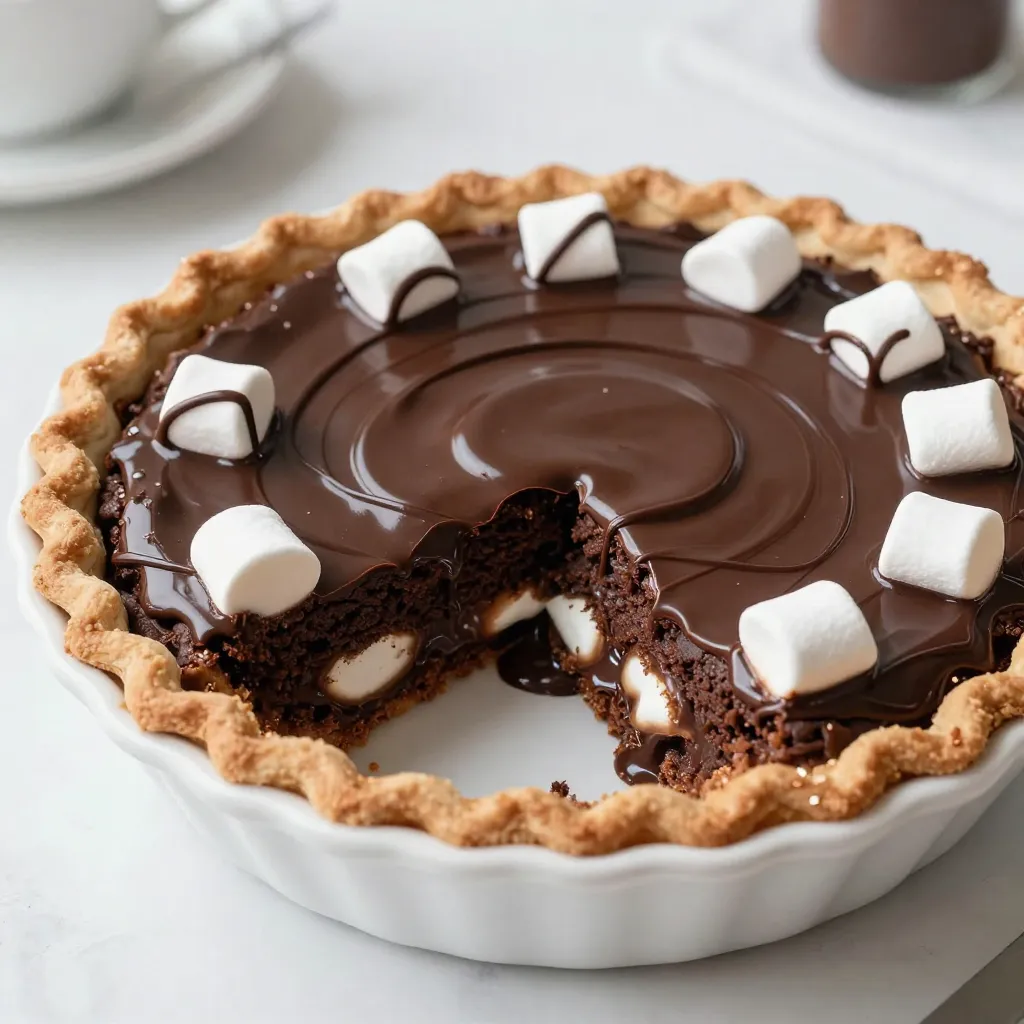 To make the S’mores Brownie Pie, you will need the following ingredients: - 1 cup unsalted butter, melted - 2 cups granulated sugar - 4 large eggs - 1 teaspoon vanilla extract - 1 cup all-purpose flour - 1 cup unsweetened cocoa powder - 1/2 teaspoon baking powder - 1/2 teaspoon salt - 1 cup semi-sweet chocolate chips - 1 cup mini marshmallows - 1 cup graham cracker crumbs - 1/2 cup chocolate sauce for drizzling Each ingredient plays a key role in creating this delicious dessert. For instance, the unsalted butter adds richness and moisture. Granulated sugar helps create a sweet, chewy texture. Eggs bind everything together and add fluffiness. Vanilla extract boosts flavor, while all-purpose flour and cocoa powder give structure and a deep chocolate taste. The baking powder ensures the brownies rise properly, and salt enhances all the flavors. Semi-sweet chocolate chips add delightful chocolate bursts. Mini marshmallows bring that classic s'mores taste, and graham cracker crumbs provide a crunchy layer. Finally, the chocolate sauce adds a decadent finish. Gathering these ingredients will set you up for a great baking experience! {{ingredient_image_2}} - Preheat your oven to 350°F. - Grease a 9-inch pie dish with cooking spray or butter. - In a large bowl, mix melted butter and granulated sugar until smooth. - Add eggs one at a time, mixing well after each. Stir in vanilla extract. - In another bowl, whisk together flour, cocoa powder, baking powder, and salt. - Gradually add the dry mix to the wet mix, stirring gently until just combined. - Pour half of the brownie batter into the greased dish, spreading it evenly. - Sprinkle graham cracker crumbs over the batter, covering it well. - Add mini marshmallows on top of the crumbs for that classic s'mores taste. - Pour the rest of the brownie batter over the marshmallows, smoothing the top. - Bake in the preheated oven for 30-35 minutes. - Check doneness by inserting a toothpick; it should come out with moist crumbs. - After baking, let the pie cool for about 10 minutes. Drizzle chocolate sauce on top while warm for extra flavor. To achieve fudgy brownies, use melted butter and sugar. This adds moisture. Mix wet and dry ingredients gently. You want a thick batter, not a smooth one. Over-mixing can lead to cake-like brownies. Always stop mixing as soon as the flour disappears. This keeps the brownie rich and dense. For presentation, slice the pie into neat pieces. Place each slice on a decorative plate. Drizzle extra chocolate sauce over the top. Add a few mini marshmallows for flair. This makes each slice look gourmet. Pair your pie with ice cream or whipped cream. The cold creaminess balances the rich chocolate. To store leftovers, place them in an airtight container. Keep them at room temperature for up to three days. If you want to keep them longer, refrigerate for up to a week. When it's time to reheat, slice a piece and warm it in the microwave. Heat on low for about 10 seconds. Enjoy the gooey marshmallows and warm brownie! Pro Tips Use Room Temperature Eggs: Allow your eggs to sit at room temperature for about 30 minutes before using them. This helps them incorporate more easily into the batter for a smoother texture. Don’t Overmix: When combining the dry and wet ingredients, mix until just combined. Overmixing can lead to tough brownies instead of a fudgy texture. Customize Your Toppings: Feel free to add your favorite toppings like crushed nuts or different types of chocolate chips for extra flavor and texture. Check for Doneness: For the perfect fudgy brownie texture, use a toothpick to check for doneness. It should come out with moist crumbs, not wet batter. {{image_4}} You can make your S'mores Brownie Pie even more fun by adding different flavors. Try tossing in some chopped nuts, like walnuts or pecans, for a nice crunch. You can also swap in dark chocolate chips or white chocolate chips for a twist on the classic taste. Another idea is to crush some candies, like peppermint or toffee, and mix them into the batter. This will give the pie a new layer of flavor that everyone will love. If you want to switch things up, consider using a different crust. Instead of the graham cracker crust, try an Oreo cookie crust. It adds a rich flavor that pairs well with the brownies. For those who need gluten-free options, you can use almond flour or gluten-free graham crackers. This way, everyone can enjoy a slice of this tasty treat! Serving your S'mores Brownie Pie can be a fun part of the experience. One great idea is to transform it into a brownie sundae. Just scoop some ice cream on top and drizzle with chocolate sauce. You can also layer the brownie pie in a trifle dish with whipped cream and chocolate sauce. This makes for a stunning dessert that looks as good as it tastes! Yes, you can make S’mores Brownie Pie ahead of time. Just bake it, cool it, and store it in the fridge. Cover it tightly with plastic wrap or foil. It will stay fresh for up to three days. When you’re ready to serve, heat it in the oven for a few minutes. This helps bring back the gooey texture and flavor. To check if the brownie pie is done, insert a toothpick into the center. If it comes out with moist crumbs, it is ready. You want it to be fudgy, not wet. Bake it for 30 to 35 minutes at 350°F (175°C). Keep an eye on it toward the end of baking for perfect results. Yes, you can use different types of chocolate chips. You can try dark chocolate, white chocolate, or even peanut butter chips. Each type will give your pie a unique twist. Just keep the total amount of chips the same, so the texture stays right. If your brownie pie is too dry, there are a few fixes. First, check your baking time next time. Shorten it if needed. To fix a dry pie, serve it warm with a scoop of ice cream. You can also drizzle warm chocolate sauce on top. This adds moisture and richness to every bite. Each slice of S’mores Brownie Pie has about 350 calories. This tasty treat packs a lot of flavor in every bite. - Total fat: 18 grams - Saturated fat: 10 grams - Carbohydrates: 45 grams - Fiber: 2 grams - Sugars: 30 grams - Protein: 4 grams This pie has a good amount of fat and sugar, thanks to the butter, chocolate, and marshmallows. This recipe contains common allergens. Here are some you should know: - Wheat (from all-purpose flour) - Eggs - Dairy (from butter and chocolate) - Soy (may be present in chocolate chips) If you have allergies, check all labels before you bake. Always choose the right ingredients for your needs. This blog post covered how to make S’mores Brownie Pie. You learned about the key ingredients, like unsalted butter and chocolate chips. I also explained each step in the baking process and shared tips for serving. You can even explore variations to make this treat your own. Remember, baking is fun! Don’t be afraid to try new flavors or toppings. Enjoy your baking journey, and share this delicious creation with friends.