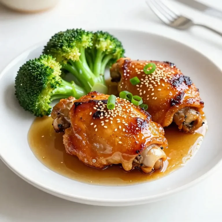 - 4 bone-in chicken thighs, skin-on - 1/4 cup honey - 4 cloves garlic, minced - 1 tablespoon soy sauce - 1 tablespoon apple cider vinegar - 1 teaspoon fresh ginger, grated - Salt and pepper to taste - 2 tablespoons olive oil - 1 teaspoon sesame seeds (for garnish) - Green onions, finely sliced (for garnish) These main ingredients create a sweet and savory dish. The honey gives a lovely glaze. The garlic adds a strong flavor. Soy sauce brings saltiness, while vinegar adds tang. Ginger gives a nice warmth. - Fresh herbs like cilantro - Chili flakes for spice - Lemon juice for brightness Adding fresh herbs can boost flavor. Chili flakes add heat for those who like spice. A splash of lemon juice can lighten the dish. - Steamed broccoli - Fluffy jasmine rice - Roasted vegetables Steamed broccoli pairs well with the chicken. It adds color and crunch. Jasmine rice soaks up the tasty sauce. Roasted veggies add a hearty touch. These sides make the meal balanced and delicious. {{ingredient_image_2}} To marinate the chicken, start by mixing the marinade. In a bowl, whisk together: - 1/4 cup honey - 4 cloves garlic, minced - 1 tablespoon soy sauce - 1 tablespoon apple cider vinegar - 1 teaspoon fresh ginger, grated - Salt and pepper to taste This blend creates a sweet and tangy flavor. Next, take 4 bone-in, skin-on chicken thighs and place them in a resealable bag or a shallow dish. Pour the marinade over the chicken, ensuring each piece is well coated. Seal the bag or cover the dish. Refrigerate this for at least 30 minutes, but 3 hours gives the best taste. After marinating, it’s time to sear the chicken. Preheat your oven to 400°F (200°C). While it heats, take a large, oven-safe skillet and heat 2 tablespoons of olive oil over medium-high heat. Remove the chicken from the marinade, but keep the marinade for later. Place the thighs skin-side down in the hot skillet. Sear them for about 4 minutes until the skin turns golden and crispy. Flip the thighs over and sear for another 2 minutes. This step builds a nice crust and adds flavor. Now, it’s time to bake. Pour the reserved marinade over the chicken in the skillet, coating them evenly. Transfer the skillet to the preheated oven. Bake for 25-30 minutes or until the chicken is fully cooked. The internal temperature should reach 165°F (75°C). To keep the chicken moist and flavorful, baste it with the sauce halfway through cooking. Once done, take the skillet out and let the chicken rest for 5 minutes before serving. This resting time helps keep the juices inside. For the best flavor, marinate the chicken thighs for at least 30 minutes. You can go up to 3 hours for even more taste. Use a resealable bag or a shallow dish. Make sure the thighs are coated well. This helps the chicken absorb all the sweet and sticky flavors. Don't skip the salt and pepper; they bring out the taste. To get that perfect crispy skin, start with a hot skillet. Heat the olive oil on medium-high heat. Place the chicken skin-side down and let it sear for about 4 minutes. Don't move the chicken around; let it cook until golden. Then flip and sear the other side for 2 minutes. This step locks in juices and adds texture. The safest way to check if chicken is cooked is by using a meat thermometer. The internal temperature should reach 165°F (75°C). If you don’t have a thermometer, look for clear juices when you cut into the thickest part of the thigh. If the juices run clear, it’s done. Make sure to let the chicken rest for 5 minutes before serving. This keeps it juicy and flavorful. Pro Tips Marinade Timing: The longer you marinate the chicken, the more flavorful it becomes. Aim for at least 3 hours or overnight for the best results. High Heat Searing: Make sure your skillet is hot enough before adding the chicken. This helps achieve that crispy skin while locking in juices. Basting for Flavor: Baste the chicken with the marinade halfway through cooking to keep it moist and enhance the flavors. Rest Before Serving: Allow the chicken to rest for a few minutes after baking. This helps the juices redistribute, making it more tender and juicy. {{image_4}} You can switch up the protein in this dish. Try using chicken breast for a leaner option. If you want something different, pork chops work well too. For seafood lovers, shrimp can soak up the sweet marinade nicely. Just adjust cooking times to keep everything juicy and tender. Want to mix things up? You can add or swap ingredients in the marinade. Try adding a splash of orange juice for citrus notes. Or mix in some chili flakes for heat. You could also use maple syrup instead of honey for a different sweet flavor. Experiment with your favorite spices and herbs to find your perfect blend. You don’t have to bake the chicken. Grilling adds a nice smoky flavor. Just marinate as usual, then grill on medium heat for about 6-7 minutes per side. You can also use a slow cooker for a hands-off approach. Cook on low for 6-7 hours or high for 3-4 hours. The chicken will be so tender, and the flavor will soak in. To store leftover honey garlic chicken thighs, let them cool first. Place the chicken in an airtight container. This keeps the chicken fresh and safe. You can store it in the fridge for up to 3 days. If you want to keep it longer, consider freezing. When reheating, aim to keep the chicken juicy. You can use an oven or a microwave. For the oven, preheat it to 350°F (175°C). Place the chicken in a baking dish with a splash of water. Cover it with foil to keep moisture in. Bake for about 15-20 minutes. If using a microwave, heat on medium power for 2-3 minutes. Check to ensure it warms evenly. To freeze honey garlic chicken thighs, wrap each piece tightly in plastic wrap. Place the wrapped chicken in a freezer bag or container. Remove as much air as possible. Label the bag with the date. You can freeze the chicken for up to 3 months. When you’re ready to eat, thaw it in the fridge overnight. Then, reheat as mentioned above for the best flavor. Yes, you can use boneless chicken thighs. They will cook faster than bone-in thighs. Just remember to adjust the cooking time. Boneless thighs usually need about 20 to 25 minutes in the oven. Always check for a safe internal temperature of 165°F (75°C). To change the sweetness, you can add more or less honey. If you want it sweeter, add an extra tablespoon of honey. If you prefer less sweetness, reduce the honey by one tablespoon. You can also balance sweetness with more soy sauce or vinegar for a tangy flavor. I recommend serving honey garlic chicken thighs with fluffy jasmine rice. You can also add fresh steamed broccoli or a crisp salad. These sides complement the sweet and savory flavors well. Feel free to get creative with your favorite vegetables! In this post, we explored how to make delicious honey garlic chicken thighs. We covered key ingredients, marinating techniques, and cooking methods to ensure perfect results. You learned about variations with different proteins and how to store leftovers properly. Cooking can be fun, and this dish is simple yet satisfying. Use these steps to enjoy tasty meals, impressing friends and family alike. Dive in, experiment, and enjoy every bite!