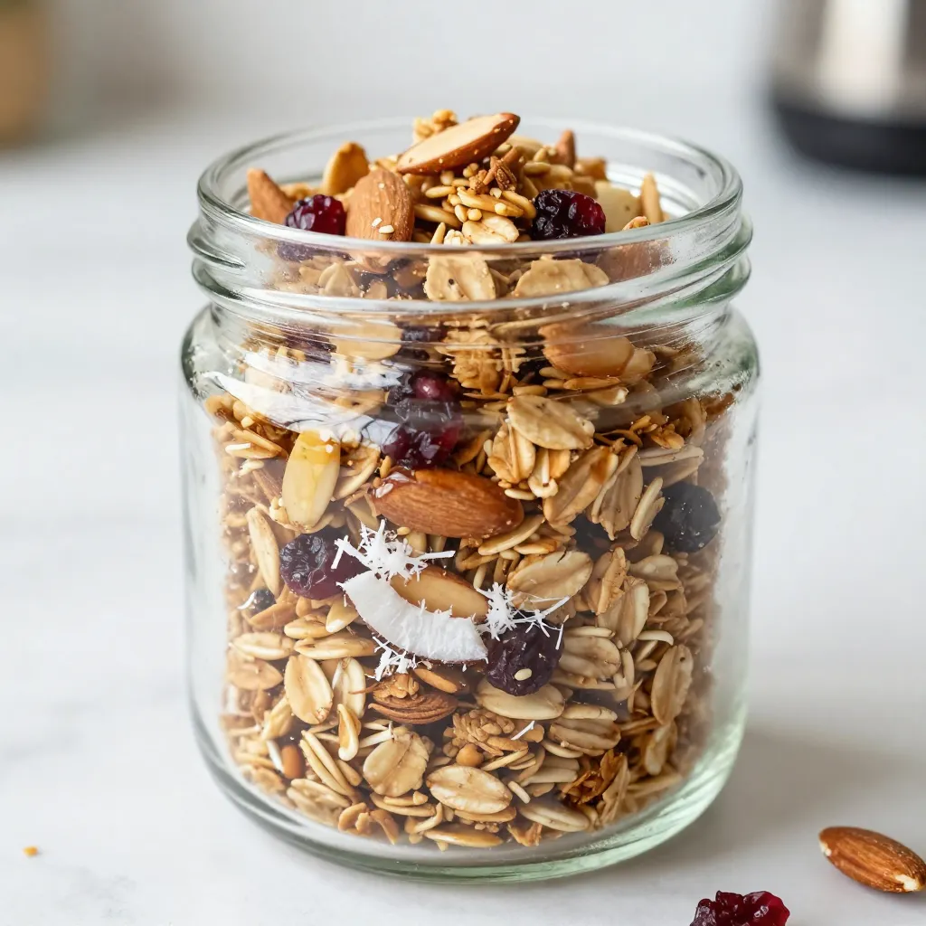 To make Vanilla Almond Granola, gather these ingredients: - 2 cups rolled oats - 1 cup sliced almonds - 1/2 cup unsweetened shredded coconut - 1/2 cup honey or maple syrup - 1/4 cup coconut oil, melted - 1 teaspoon pure vanilla extract - 1/2 teaspoon fine sea salt - 1/2 teaspoon ground cinnamon - 1/2 cup dried cranberries or raisins (optional) If you have allergies, here are some great substitutions: - Use sunflower seeds instead of almonds for nut-free granola. - Swap honey for agave syrup to make it vegan. - Replace coconut oil with vegetable oil if you dislike coconut flavor. - For gluten-free options, ensure your oats are labeled gluten-free. This granola is not just tasty; it is also healthy. Here’s a breakdown: - Rolled oats provide fiber and help keep you full. - Sliced almonds add healthy fats and protein. - Shredded coconut offers vitamins and minerals. - Honey or maple syrup gives natural sweetness and energy. - Coconut oil contains medium-chain triglycerides, which may boost metabolism. - Vanilla extract adds flavor and might reduce stress. - Sea salt balances sweetness and enhances flavors. - Cinnamon can help regulate blood sugar levels. - Dried fruits add extra vitamins and fiber. This granola is a great snack, any time of day! {{ingredient_image_2}} Before you start, gather all your ingredients. You will need rolled oats, sliced almonds, shredded coconut, honey or maple syrup, coconut oil, vanilla extract, sea salt, ground cinnamon, and optional dried fruit. Preheat your oven to 300°F (150°C) and line a baking sheet with parchment paper. 1. Mix dry ingredients: In a large bowl, combine 2 cups of rolled oats, 1 cup of sliced almonds, 1/2 cup of shredded coconut, 1/2 teaspoon of sea salt, and 1/2 teaspoon of ground cinnamon. Stir well with a wooden spoon. This mix should look colorful and inviting. 2. Prepare wet mixture: In a smaller bowl, mix 1/2 cup of honey or maple syrup with 1/4 cup of melted coconut oil. Add 1 teaspoon of pure vanilla extract. Whisk these until combined. The mixture should be smooth and glossy. 3. Combine mixtures: Pour the wet mixture into the dry ingredients. Stir with your wooden spoon, making sure every oat and almond gets a nice coating. This is where the magic begins! 4. Spread onto baking sheet: Use a spatula to spread the granola evenly on your prepared baking sheet. An even layer helps it bake well. 5. Bake to perfection: Place the baking sheet in your oven. Bake for 20-25 minutes. Stir the mixture halfway to ensure it toasts evenly. Keep an eye on it until you see a golden brown color and smell a lovely aroma. 6. Cool completely: Take the granola out of the oven and let it cool on the baking sheet. It will become crunchier as it cools. Avoid touching it until it is at room temperature. 7. Add optional fruits: If you want to use dried cranberries or raisins, toss them in after the granola cools. Mix them well to spread the sweetness. 8. Store wisely: Once cooled and mixed, transfer your granola into an airtight container. It will stay fresh at room temperature for about two weeks. To check if your granola is done, look for a golden brown color. Also, trust your nose; it should smell deliciously toasted. If it still looks pale, give it a few more minutes. Remember to stir it halfway through baking for an even color. When making vanilla almond granola, avoid these common mistakes: - Not measuring ingredients: Accurate measurements ensure the right texture and flavor. - Skipping the stirring step: Stir halfway through baking for even toasting. - Not cooling completely: Granola needs time to firm up after baking. To achieve that perfect crunch, follow these tips: - Use rolled oats: They create a hearty base that bakes well. - Add enough oil: Coconut oil helps everything stick together and crisp up. - Spread evenly: Make sure the granola is in a thin, even layer on the baking sheet. You can boost flavor with these simple additions: - Spices: Try adding nutmeg or ginger for extra warmth. - Nuts: Mix in walnuts or pecans for different textures. - Seeds: Flaxseeds or chia seeds add nutrition and crunch. - Sweet fruits: Dried apricots or cherries can give a fruity twist. These tips will help you create a delicious and crunchy vanilla almond granola. Enjoy your cooking! Pro Tips Use Fresh Ingredients: For the best flavor, opt for fresh rolled oats and high-quality nuts. Store your nuts in the fridge to maintain their crunchiness. Customize Your Sweetness: Adjust the sweetness to your liking by varying the amount of honey or maple syrup. You can also experiment with adding other sweeteners like agave or brown sugar. Mix and Match Add-ins: Feel free to add other ingredients such as seeds, chocolate chips, or different dried fruits to tailor the granola to your taste. Store Properly: For maximum freshness, keep your granola in an airtight container and consider storing it in the fridge during warmer months to prevent it from going stale. {{image_4}} You can easily change the flavor of your granola. For a chocolate twist, add cocoa powder or dark chocolate chips. If you want a nut-free option, just skip the almonds and use seeds like pumpkin or sunflower seeds. This keeps it crunchy and tasty without nuts. This granola shines as a topping. Try it on yogurt for breakfast or dessert. It adds a nice crunch and flavor. You can also sprinkle it on ice cream or blend it into smoothies for texture. It’s super versatile! Seasonal flavors make this granola fun. In fall, add pumpkin spice to give it warmth. For summer, try adding fresh berries or coconut. Each season brings new tastes to explore, keeping your snacks exciting and fresh! To keep your granola fresh, use an airtight container. Glass jars work well. Store it in a cool, dry place away from sunlight. This helps prevent moisture and keeps the crunch intact. Avoid plastic bags, as they can trap air and moisture, making the granola soggy. When stored properly, this granola lasts up to two weeks. After that, it may lose its crunch and flavor. Always check for any signs of spoilage, like an off smell or unusual texture, before eating. If you notice these changes, it’s best to discard it. For longer storage, you can freeze your granola. First, let it cool completely. Next, place it in a freezer-safe bag or container. Remove as much air as possible. It can stay fresh for up to three months in the freezer. When ready to eat, just thaw it at room temperature. Enjoy the same great taste! You can use any light oil. Great options include canola oil or avocado oil. If you want a buttery flavor, try unsalted butter. Each option will still give your granola a nice texture and taste. To get clumpy granola, add more sweetener. Honey or maple syrup helps bind the oats. Mix the wet ingredients well and coat every piece. Press the mixture down on the baking sheet for better clumping. Yes, you can use any nuts you like. Pecans, walnuts, or cashews work great. Just make sure to chop them up to keep the size even. This adds variety to your granola. Yes, this granola can be vegan. Use maple syrup instead of honey. Check that your coconut oil is fully plant-based. This way, you can enjoy a tasty treat that fits your diet! Understanding the ingredients, steps, and tips from this blog post helps you make delicious granola. You learned about substitutions and nutrition for healthier options. The steps for mixing and baking guide you to success. Common mistakes are easy to avoid, ensuring a perfect crunch every time. Remember to try variations and storage methods to keep your granola fresh. With these insights, you can customize your granola recipe to fit your taste and needs perfectly. Enjoy your granola journey!