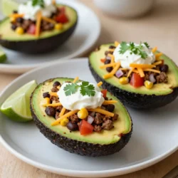 To create taco stuffed avocados, you need a few key ingredients. This dish is simple yet full of flavor. Here’s the list you will need: - Ripe avocados - Cooked ground beef or plant-based substitute - Taco seasoning - Black beans - Corn - Tomato and red onion - Cheese and sour cream - Fresh cilantro and lime Using ripe avocados is crucial. They add creaminess and richness. You can choose ground beef or a plant-based option based on your diet. Taco seasoning gives the filling a spicy kick. Black beans and corn add texture and fiber. Fresh tomato and red onion bring brightness and crunch. Don’t forget the cheese! It melts beautifully and adds depth. Sour cream adds a cool touch. Finally, cilantro and lime give a fresh finish to each bite. This combination makes for a tasty and satisfying meal. {{ingredient_image_2}} - Start by slicing the avocados in half lengthwise. - Carefully remove the pit from each half. - Use a spoon to scoop out a bit of the avocado flesh. This creates a well for the taco filling. - Place the scooped avocado flesh in a bowl for later use. - Heat a skillet over medium heat. - Add your cooked ground beef or plant-based substitute to the skillet. - Sprinkle taco seasoning over the meat and stir well. - Mix in black beans and cooked corn. - Cook for an additional 2-3 minutes, stirring until heated through. - In the bowl with reserved avocado flesh, add diced tomato and chopped red onion. - Gently mix these ingredients, being careful not to mash the avocado. - Fold in the taco meat mixture to combine everything. - Season with salt and freshly cracked black pepper to taste. - Carefully fill each avocado half with the taco mixture. - Press down gently to pack the filling in each half. - Make sure each avocado is generously filled. - Sprinkle shredded cheddar cheese generously atop the stuffed avocados. - Add a dollop of sour cream on each one. - Finish with a sprinkle of fresh cilantro for extra flavor. - Serve with lime wedges for a zesty touch. To boost the flavor of your taco stuffed avocados, use good seasoning. I suggest adding a pinch of salt and some black pepper to your filling. You can also mix in garlic powder or onion powder for depth. Balancing textures is key. The creamy avocado pairs well with the crunch of fresh veggies. Adding black beans and corn creates a nice bite. Don’t forget to include diced tomatoes for freshness and extra moisture. To plate your stuffed avocados, use a bright platter. Line it with fresh lettuce for color and texture. It makes the meal pop. You can drizzle a light cilantro lime dressing over the top for added flavor. This will make your dish look fancy and taste fresh. You can cook the filling in different ways. Try using an air fryer for a crispy touch. You can also bake the filling in the oven if you prefer. If you plan to enjoy this meal later, prepare the filling ahead of time. Cook the meat and mix in the beans and corn. Store it in the fridge until you’re ready to stuff the avocados. This saves time and keeps your meal fresh. Pro Tips Choose Ripe Avocados: Make sure your avocados are perfectly ripe for the best flavor and texture. They should yield slightly to gentle pressure when squeezed. Customize Your Filling: Feel free to add other ingredients like diced bell peppers or jalapeños to your taco filling for extra flavor and crunch. Make Ahead: You can prepare the taco filling in advance and store it in the refrigerator. Just stuff the avocados right before serving to keep them fresh. Serving Suggestions: Pair the stuffed avocados with tortilla chips or a side salad to make it a complete meal, perfect for entertaining! {{image_4}} You can make your taco stuffed avocados fit any diet. For a vegetarian option, swap the ground beef with lentils or mushrooms. If you want a vegan version, use a plant-based meat substitute and skip the cheese and sour cream. You can also add toppings like diced bell peppers or jalapeños for extra crunch. Try adding salsa or guacamole on top for more flavor. Want a kick? Add jalapeños to the filling for a spicy twist. You can also mix in diced green chilies to heat things up. For a sweeter touch, try adding fruits. Diced mango or pineapple can add a fun contrast to the savory filling. These stuffed avocados pair well with fresh sides. I love serving them with a simple salad or tortilla chips. You can also serve them with a side of black bean soup. For a creative twist, try serving them on a bed of shredded lettuce. This adds extra texture and makes the dish look great on the plate. You can also drizzle a light cilantro lime dressing over the top for added zest. To keep your taco stuffed avocados fresh, store them in an airtight container. Place a piece of plastic wrap directly on the filling. This helps to avoid oxidation and keeps the flavors bright. If you have leftover filling, store it separately. Use it within two days for the best taste. If you plan to make this dish ahead of time, prepare the filling and avocados but wait to stuff them until you’re ready to serve. Reheating can be tricky. You want to keep the avocado creamy and the filling warm. Instead of a microwave, use a skillet over low heat. Gently heat the filling while avoiding the avocado. If you have leftover filling, try adding it to tacos, burritos, or salads for a quick meal. You can also use it as a topping for nachos. This makes for a fun twist on your leftovers! Yes, you can use other proteins. Some popular choices include shredded chicken, turkey, or plant-based options like lentils or quinoa. Each option adds its own unique flavor and texture. Chicken works well with the taco seasoning, giving a lighter taste. Lentils are great for a hearty vegetarian meal. Feel free to experiment with what you like best. If you don’t have taco seasoning, you can easily make your own. Mix together chili powder, cumin, garlic powder, onion powder, and paprika. This blend gives you that classic taco taste. Adjust the amounts based on your taste. For a kick, add a pinch of cayenne pepper. Homemade seasoning is fresh and lets you control the spice level. To make taco stuffed avocados gluten-free, check all ingredients. Ensure your taco seasoning is gluten-free. Most store-bought options are safe, but it’s wise to read labels. Using gluten-free canned beans and corn is also key. Fresh ingredients, like avocados and veggies, are naturally gluten-free. This way, everyone can enjoy this tasty dish. Yes, you can prepare taco stuffed avocados in advance. Cook the filling and store it in the fridge for up to three days. You can also prepare the avocado halves, but avoid cutting them too early. To keep them fresh, brush the insides with lime juice. When ready to serve, fill the avocados and add toppings. This makes for an easy and quick meal. You can create a delicious taco stuffed avocado with simple steps and fresh ingredients. We covered everything from choosing ripe avocados to mixing in flavorful fillings. Remember to customize your dish to fit your taste. Don’t hesitate to try new proteins or toppings. This recipe not only satisfies hunger but also pleases the eye. Store any leftovers properly, and enjoy them later. Taco stuffed avocados are tasty, healthy, and fun to make. Enjoy your cooking adventure!