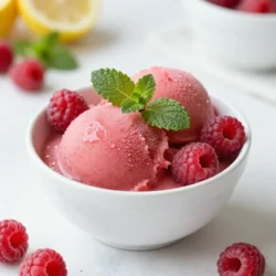 You need 2 cups of fresh, ripe raspberries. Look for berries that are bright red and plump. They should smell sweet and have no mold. Fresh raspberries give the best flavor for this sorbet. Their juicy taste makes this treat refreshing and bright. You will need 1 cup of freshly squeezed lemon juice. This usually comes from about 4 to 6 lemons. Fresh lemon juice adds a zesty kick to the sorbet. It balances the sweetness of the raspberries. Make sure to strain out any seeds for a smooth finish. You will use 1 cup of granulated sugar. You can adjust this amount based on your taste. Sugar helps to sweeten the sorbet and keep it smooth. If you prefer a less sweet flavor, start with less sugar. You can always add more later. - 1 cup of water - 1 tablespoon of lemon zest (from about 1 lemon) - A pinch of salt These additional ingredients enhance the taste. The water helps dissolve the sugar, while the lemon zest adds more lemon flavor. The pinch of salt balances the sweetness and brings out all the flavors. {{ingredient_image_2}} To start, grab a medium saucepan. Add 1 cup of water and 1 cup of granulated sugar to it. Place the pan over medium heat. Stir the mixture until the sugar dissolves completely. This creates your simple syrup. Once the sugar is gone, take the pan off the heat and let it cool. It's important to let it cool completely before moving on. While your syrup cools, get 2 cups of fresh raspberries. Rinse them well under cold water. Now, place these berries into a blender or food processor. Blend until you have a smooth puree. If you want an even smoother texture, strain the puree through a fine-mesh sieve to remove the seeds. This step is optional but helps with the final texture. In a large mixing bowl, combine the raspberry puree with 1 cup of freshly squeezed lemon juice and 1 tablespoon of lemon zest. Don’t forget a pinch of salt for balance. Mix these ingredients well until they are fully combined. Once your simple syrup has cooled, add it to the bowl. Stir well to combine everything. Taste the mixture. If you want it sweeter, feel free to add more sugar. Next, pour the mixture into a shallow dish or a sorbet maker. If using a dish, place it in the freezer. Stir every 30 minutes for about 3-4 hours. This helps break up ice crystals. If you have a sorbet maker, follow the instructions for churning. It usually takes about 20-30 minutes. Once your sorbet is smooth and firm, transfer it to an airtight container. Freeze it for at least one hour to ensure it’s nice and cold. Your refreshing raspberry lemonade sorbet is now ready to enjoy! To get the best sorbet texture, focus on the freezing process. If you use a shallow dish, stir the mixture every 30 minutes. This breaks up ice crystals and gives a smooth finish. Aim for a firm yet scoopable texture. If you have a sorbet maker, follow the guidelines for churning. It usually takes about 20 to 30 minutes. The key is to use fresh raspberries for the best flavor. Sweetness can vary based on the raspberries and lemons you use. Start with 1 cup of sugar, but taste the mixture. If it’s too tart, add more sugar. Remember, you can always add but can’t take away. A pinch of salt can enhance the sweetness too. It balances the flavors nicely and makes each bite pop. For a lovely presentation, serve the sorbet in chilled bowls. Use elegant glasses for a more upscale look. Garnish with fresh mint leaves or extra raspberries. This adds color and freshness to the dish. You can also drizzle a bit of lemon zest on top. It makes the sorbet even more inviting. Enjoying your sorbet with friends makes it even better! Pro Tips Use Frozen Raspberries: If fresh raspberries are not in season, you can use frozen raspberries. Just make sure to thaw them and drain any excess liquid before blending. Adjust Sweetness: Taste the mixture before freezing. If the raspberries are tart, you may want to add a bit more sugar to balance the flavors. Chill Your Equipment: For the best texture, chill your mixing bowl and utensils in the freezer before preparing the sorbet mixture. Serving Ideas: For a refreshing twist, serve the sorbet with a splash of soda water or lemon-lime soda for a fizzy treat! {{image_4}} You can mix in other fruits with your raspberry lemonade sorbet. This adds new flavors and colors. For example, add strawberries or blueberries for a berry blend. You can use peaches or mangoes for a tropical twist. Just keep the same amount of fruit puree. This way, your sorbet stays balanced and delicious. This sorbet is already dairy-free, making it a great option for those with allergies. However, if you want a creamier texture, try adding coconut milk. Use one cup of full-fat coconut milk instead of water. This will give your sorbet a richer taste while still keeping it dairy-free. You can swap out granulated sugar for other sweeteners. Honey or agave syrup works well. However, remember that these sweeteners can change the flavor. If you want a low-calorie option, try stevia or monk fruit. Always taste your mixture before freezing to get the right sweetness level. To store your raspberry lemonade sorbet, place it in an airtight container. This keeps the sorbet fresh and prevents ice crystals from forming. I suggest using a shallow dish or a freezer-safe container. Always ensure the lid is tight. This helps keep out air and moisture. For the best freezing results, freeze the sorbet at a consistent temperature. Set your freezer to zero degrees Fahrenheit. If you make your sorbet in a shallow dish, stir it every 30 minutes for even freezing. This breaks up ice crystals and keeps the texture smooth. If you use a sorbet maker, follow the machine's instructions for freezing. Raspberry lemonade sorbet can stay fresh in the freezer for up to two weeks. After that, it may lose flavor and texture. Signs of spoilage include ice crystals on top or a grainy texture. If it smells off or changes color, it is best to throw it away. Enjoy your sorbet while it is fresh for the best taste! Yes, you can use frozen raspberries. They work well in this recipe. Just let them thaw a bit before blending. This helps the raspberries blend into a smooth puree. The flavor will still be bright and tangy, just like fresh ones. To reduce the sweetness, cut back on the sugar. You can start with half a cup of sugar. Taste the mixture after adding the lemon juice and raspberry puree. If you want it less sweet, add more lemon juice. This gives a nice tart flavor. Yes, you can make sorbet without a blender. Instead, mash the raspberries with a fork. Then, strain the mixture through a fine sieve to remove seeds. This method takes more time, but it still works. Just be sure to mix everything well to get a smooth texture. This blog post covered making delicious raspberry lemonade sorbet. We explored fresh ingredients like raspberries and lemon juice, alongside granulated sugar. I shared step-by-step instructions, tips for perfect texture, and ways to adjust sweetness. Variations included other fruits and dairy-free options. I also provided storage tips and answered common questions. You can create a treat that refreshes anytime. Enjoy your sorbet creation!