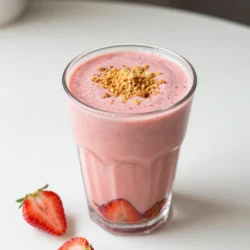 - 1 cup fresh strawberries, hulled and sliced - 1/2 cup cream cheese, softened - 1/2 cup plain Greek yogurt - 1 cup milk (dairy or non-dairy) I love using fresh strawberries in this smoothie. They add natural sweetness and a bright flavor. Cream cheese gives it that cheesecake taste. Greek yogurt adds creaminess and protein, making it filling. You can choose any milk you like. Dairy or non-dairy, both work well. - 1 tablespoon honey or maple syrup - 1/2 teaspoon pure vanilla extract For sweetness, I often use honey or maple syrup. You can adjust it based on your taste. A little vanilla extract really enhances the flavor. It makes everything taste richer and more delicious. - 1/4 cup graham cracker crumbs - Ice cubes (optional) Graham cracker crumbs are key for that cheesecake bite. They add texture and crunch. If you want your smoothie to be thicker, toss in some ice cubes. It makes the drink frostier and refreshing. {{ingredient_image_2}} Start by adding the fresh strawberries, cream cheese, Greek yogurt, milk, honey (or maple syrup), and vanilla extract into your blender. This mix gives the smoothie its rich and creamy base. Make sure the cream cheese is soft for easy blending. Blend the mixture on high speed until it becomes smooth. Stop the blender a few times to scrape down the sides. This helps mix all the ingredients well. You want a creamy consistency without any lumps. If you prefer a thicker smoothie, add a handful of ice cubes. Blend again until the ice is fully mixed in. This step makes your smoothie frosty and refreshing, perfect for a hot day. Once your smoothie is smooth, gently fold in the graham cracker crumbs. Use a spatula for this. This adds a nice texture, giving you that classic cheesecake feel in every sip. Now, it’s time to taste your smoothie. If you want it sweeter, add more honey or syrup. Blend it again briefly to mix in any added sweetness. This is your chance to customize the flavor to your liking. Carefully pour your delightful smoothie into two glasses. Make sure they are evenly filled. For a pretty touch, sprinkle some extra graham cracker crumbs on top. You can also add a fresh strawberry or mint leaf for garnish. Enjoy the look and taste of your strawberry cheesecake smoothie! To get the best flavor, pick ripe strawberries. Look for berries that are bright red, firm, and have no soft spots. The smell should be sweet and fragrant. If you can, buy them from local farms. They often taste better than store-bought ones. If you want a vegan option, there are great substitutes for cream cheese. You can try using cashew cream or silken tofu blended until smooth. Another option is to use a store-bought vegan cream cheese. This keeps the creamy texture while making it plant-based. To make your smoothie even tastier, try adding spices like cinnamon or nutmeg. A pinch of either spice can add warmth and depth. You can also mix in a bit of lemon juice for a zingy twist. These small changes can turn a good smoothie into a great one. Pro Tips Choose Ripe Strawberries: Ensure your strawberries are perfectly ripe for the sweetest flavor and vibrant color in your smoothie. Experiment with Yogurt: Feel free to use flavored Greek yogurt to enhance the taste profile; strawberry or vanilla are excellent choices. Chill Your Ingredients: For a frosty texture, chill your milk and cream cheese beforehand, or use frozen strawberries. Blend in Layers: Start by blending the liquids and soft ingredients first, then add the strawberries and graham crackers for a smoother blend. {{image_4}} You can make this smoothie lighter by swapping ingredients. Use low-fat cream cheese instead of regular. For lower sugar, replace honey with a sugar-free sweetener. You can also add a scoop of protein powder to boost nutrition without extra calories. These changes help you enjoy the same great taste while keeping it healthy. Want to mix it up? Try adding bananas or blueberries. Both fruits blend well with strawberries. Bananas add creaminess and sweetness. Blueberries bring a nice tart flavor. You can even try mango for a tropical twist! Experimenting with different fruits makes your smoothie fun and exciting. If you prefer a dairy-free option, use plant-based yogurt and milk. Almond or oat milk works great. For the cream cheese, you can choose a vegan cream cheese alternative. These swaps keep the smoothie rich and creamy while fitting a vegan diet. Enjoying this delicious treat can be easy for everyone! To keep your smoothie fresh, store any leftovers in a sealed container. Place it in the fridge. It will taste best within one day. The cream cheese and yogurt can spoil quickly, so finish it soon. If it thickens, add a splash of milk before drinking. You can freeze parts of the smoothie for later use. Freeze the strawberries and graham cracker crumbs separately. Use freezer bags to save space. When you're ready to blend, just toss them in the blender while still frozen. It makes for a chilly treat! If you freeze your smoothie, thaw it in the fridge overnight. You can also leave it out for a couple of hours. If it’s too thick, blend it again with a bit of milk. This will help restore its creamy texture. Enjoy! You can use several non-dairy options. Here are a few choices: - Almond milk - Coconut milk - Soy milk - Oat milk These milks work well in your smoothie. They add flavor and keep it creamy. To make this smoothie vegan, swap out these ingredients: - Use vegan cream cheese instead of regular cream cheese. - Choose a plant-based yogurt. - Replace honey with maple syrup or agave nectar. These swaps keep the taste great while making it vegan-friendly. Yes, you can prepare this smoothie ahead of time. Store it in the fridge for up to 24 hours. Use an airtight container to keep it fresh. Shake or stir it before you drink. This smoothie offers many health benefits. It contains fresh strawberries, which are rich in vitamins. Greek yogurt adds protein and probiotics. The calorie count is around 250 per serving, depending on your choices. It's a tasty way to enjoy nutrients. Making this smoothie is quick. It takes about 10 minutes to prepare. You blend, taste, and serve. Perfect for busy mornings or a sweet snack! This blog covered how to make a tasty smoothie with fresh ingredients. You learned about the key ingredients, easy steps, and tips to customize the flavor. Remember to choose ripe strawberries and select the best dairy or dairy-free options for your needs. You can make this recipe your own with variations and alternatives. Enjoy this healthy drink any time. It’s a simple way to add nutrition to your day. Happy blending!