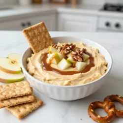 For this Caramel Apple Cheesecake Dip, you will need these ingredients: - 1 package (8 oz) cream cheese, softened - 1/2 cup powdered sugar - 1 teaspoon pure vanilla extract - 1 cup sour cream - 1 cup tart apples (like Granny Smith or Honeycrisp), peeled and diced - 1/4 teaspoon ground cinnamon - 1/2 cup caramel sauce (store-bought or homemade) - 1/4 cup chopped walnuts or pecans (optional) - Assorted dippers: graham crackers, fresh apple slices, pretzel sticks, or vanilla wafers You can swap some ingredients if needed. - Use Greek yogurt instead of sour cream for a tangy twist. - If you want a sweeter dip, use brown sugar instead of powdered sugar. - For a nut-free version, skip the walnuts or pecans. - Any tart apple works well, so choose your favorite. For the best taste, use fresh ingredients. - Choose firm apples that are not bruised or soft. - Store any leftover dip in an airtight container in the fridge. - The dip stays fresh for up to three days. - Always check for off smells or changes in texture before serving leftovers. {{ingredient_image_2}} To start, grab a medium bowl. Place 8 ounces of softened cream cheese inside. Use an electric mixer to beat the cream cheese until it is smooth. This should take about 2-3 minutes. Next, slowly add 1/2 cup of powdered sugar. Mix on low speed until combined. Then, turn up the speed and blend for another minute. Now, pour in 1 teaspoon of pure vanilla extract and 1 cup of sour cream. Beat the mixture for about 2 minutes until it is fluffy and smooth. Now it’s time to add some flavor! Take 1 cup of tart apples, like Granny Smith or Honeycrisp, and peel them. Dice these apples into small pieces. Gently fold the diced apples into the cream cheese mixture. Add 1/4 teaspoon of ground cinnamon. Be careful not to overmix; you want the apples to stay whole. This will give the dip a nice crunch. For a sweet touch, drizzle in 1/2 cup of caramel sauce. Use a spoon to create swirls in the mixture. Don’t blend it completely; you want a marbled look. Next, transfer the dip into a stylish bowl. Drizzle the rest of the caramel sauce on top. If you like, sprinkle 1/4 cup of chopped walnuts or pecans for added crunch. Cover the bowl and chill in the fridge for at least 30 minutes. This helps the flavors mix and sets the dip. Serve it with assorted dippers like graham crackers, apple slices, or pretzel sticks for a fun treat! To get the best creamy texture, start with softened cream cheese. This helps mix well with the other ingredients. Use an electric mixer to beat it for 2-3 minutes. This will make it smooth and fluffy. Gradually add the powdered sugar while mixing. This helps avoid lumps. After that, add the vanilla extract and sour cream. Mix until everything is well combined. Don't rush this step; it makes a big difference! For a beautiful presentation, choose a nice serving bowl. You can drizzle caramel sauce on top for an eye-catching effect. To make it even more appealing, sprinkle chopped nuts around the dip. Serve it with assorted dippers like graham crackers, fresh apple slices, or pretzel sticks. Arrange the dippers around the bowl for a fun and inviting look. You can even add a few apple slices on top for color. Want to make this dip even more exciting? Consider adding spices like nutmeg or ginger for warmth. You can also mix in mini chocolate chips for a sweet twist. If you like crunch, add more nuts or even toffee bits. Each add-in can change the flavor profile and make it unique. Just remember to adjust the amount of caramel sauce based on what you add. Enjoy experimenting! Pro Tips Use Room Temperature Ingredients: Ensuring your cream cheese and sour cream are at room temperature will help create a smoother and creamier dip. Choose the Right Apples: Tart apples like Granny Smith or Honeycrisp not only add a nice contrast to the sweetness of the dip but also provide a refreshing crunch. Make It Ahead: This dip can be made a day in advance and stored in the refrigerator. This allows the flavors to meld and develop even more. Customize Your Dippers: Feel free to mix and match your dippers! Pretzel sticks, chocolate cookies, or even fresh fruit can add different textures and flavors. {{image_4}} You can change the taste of your Caramel Apple Cheesecake Dip by adding seasonal touches. In fall, try using spiced apples with nutmeg or clove. In spring, mix in fresh strawberries or berries for a bright twist. You can even swap the caramel for a berry sauce to fit the season. Each change brings new life to this dip. If you want a lighter dip, use Greek yogurt instead of cream cheese. It gives a nice tang while cutting calories. You can also use honey instead of powdered sugar for natural sweetness. For a gluten-free option, choose gluten-free graham crackers or fresh fruit slices. These swaps still keep the dip creamy and tasty. The classic dippers are great, but you can get creative. Try using pretzel sticks for a salty crunch. Sliced pears or bananas also pair well with the dip. For a fun twist, serve it with cinnamon sugar pita chips. These unique choices make the dip even more enjoyable and fun to share. To store leftover caramel apple cheesecake dip, first cover it tightly. Use plastic wrap or a lid to seal the bowl. This keeps the dip fresh and tasty. You can store it in the fridge for up to three days. Make sure to check for any changes in smell or texture before serving. Freezing this dip is not ideal due to the cream cheese and sour cream. These ingredients may change when thawed. If you do freeze it, use an airtight container. Label it with the date. It can last up to one month in the freezer. When ready to eat, thaw it in the fridge overnight. Then stir it well before serving. For the best results, always store your dip in the fridge. Keep it away from strong-smelling foods. This helps avoid flavor changes. To maintain quality, consume it within three days. If you see any signs of spoilage, it’s best to discard it. Enjoy the dip while it's fresh for the best taste! You can keep this dip in the fridge for up to four days. Make sure to store it in an airtight container. This keeps the dip fresh and tasty. After four days, the flavors may fade. The apples may also lose their crunch. Yes, you can make this dip ahead of time. Prepare it a day before your event. Just chill it in the fridge until you're ready to serve. This allows the flavors to blend well. Plus, it saves you time on the day of your gathering. I love using a variety of dippers with this dip. Here are my top picks: - Graham crackers - Fresh apple slices - Pretzel sticks - Vanilla wafers These dippers add fun and flavor. You can also mix and match them. Each one gives a unique taste and texture. Enjoy trying different combinations! This blog post covered everything you need for a delicious Caramel Apple Cheesecake Dip. You learned about key ingredients, substitutions, and freshness tips. I shared step-by-step instructions to make this treat easy and fun. We explored tips for great texture, serving ideas, and add-ins for flavor. You also discovered variations for seasonal tastes and healthier options. Finally, I provided essential storage info to keep leftovers fresh. Enjoy making this dip and impress your friends with your skills!