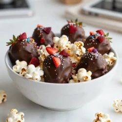 To make this delightful treat, you need: - 8 cups popcorn (popped, unsalted) - 1 cup dried strawberries (or freeze-dried) - 1 cup dark chocolate chips - 1 tablespoon coconut oil - 1 tablespoon strawberry extract (optional) - Sea salt, to taste - Sprinkles (optional) If you want to switch things up, you can try: - White chocolate chips instead of dark chocolate - Other dried fruits like cherries or blueberries - Coconut oil can be replaced with butter - Use vanilla extract if you don’t have strawberry extract Using quality ingredients makes a big difference. Fresh popcorn gives a great crunch. Good chocolate melts smoothly and tastes rich. Dried strawberries add natural sweetness and flavor. When you choose the best, your treat shines! It tastes better and looks more appealing. Always remember, quality leads to a delightful experience for you and your guests. {{ingredient_image_2}} Start by popping 8 cups of popcorn. Follow the package instructions closely. Once popped, pour the popcorn into a large bowl. Let it cool for a few minutes. This step is key. You want the popcorn to be warm, not hot. Next, take 1 cup of dried strawberries. If they are whole, chop them into small pieces. Aim for bite-sized bits. Set these aside for later. You want them ready when the popcorn is coated. To melt the chocolate, use 1 cup of dark chocolate chips. Add 1 tablespoon of coconut oil to make it smooth. Place this in a microwave-safe bowl. Heat it in 30-second bursts. Stir well between each interval until fully melted. If you like, add 1 tablespoon of strawberry extract for extra flavor. Now, drizzle the melted chocolate over the popcorn. Toss the popcorn gently to coat each piece. Once coated, sprinkle the chopped dried strawberries on top. Fold everything carefully to mix without breaking the popcorn. To balance the sweetness, lightly sprinkle sea salt over the mixture. This step brings out the chocolate flavor. Then, spread the popcorn on a parchment-lined baking sheet. Keep it in a single layer. Let it cool at room temperature or place it in the fridge for about 30 minutes. This helps the chocolate set well. To make the best popcorn, use high-quality kernels. Always pop the corn without salt or butter first. This keeps the taste clean for the chocolate. I like to use an air popper. It gives the popcorn a great texture. After popping, let it cool a bit. This step helps the chocolate stick better. Chocolate can seize and become clumpy. To avoid this, never let water touch the chocolate. Always use a dry bowl for melting. I recommend using coconut oil. It makes the chocolate smooth and shiny. Heat the chocolate slowly, stirring often. If it gets too thick, add a bit more oil to loosen it up. Presentation matters! Serve the popcorn in bright paper cones for fun. You can also use glass jars for a chic look. Sprinkle extra dried strawberries on top for color. For a festive touch, add colorful sprinkles. This makes your treat more inviting and fun to eat! Pro Tips Use Fresh Popcorn: For the best texture, pop your popcorn just before you start the recipe. Freshly popped corn will be crispier and better at holding the chocolate coating. Choose Quality Chocolate: Opt for high-quality dark chocolate for melting. This will enhance the flavor of your popcorn and provide a smoother coating. Experiment with Flavors: Don’t hesitate to customize your popcorn by adding different extracts such as vanilla or almond, or even incorporating other dried fruits like blueberries or raspberries. Storing Leftovers: To keep your chocolate-covered popcorn fresh, store it in an airtight container at room temperature. Avoid refrigeration as it can cause the chocolate to become sticky. {{image_4}} You can switch up the dried strawberries for other fruits. Dried raspberries, blueberries, or bananas work great too. Each fruit brings its unique taste. This change can make your popcorn even more exciting. Try adding a mix for a colorful treat. You can experiment with different flavors. The key is to chop them small like the strawberries. This helps distribute the sweetness throughout the popcorn. Dark chocolate is rich, but white or milk chocolate adds a sweet twist. If you want a creamier taste, use milk chocolate. White chocolate gives a nice contrast with the strawberries. Melt it the same way as dark chocolate. Just remember, you may need less coconut oil for white chocolate. Both options make the popcorn look pretty, too! You can even swirl the chocolates together for a fun look. Want to take your popcorn to the next level? Try adding flavor extracts. Strawberry extract boosts the strawberry taste. You can also use vanilla or almond extract for a new flavor. Just a little goes a long way. For a bit of spice, sprinkle some cinnamon or a pinch of sea salt. These flavors can make your popcorn stand out at any gathering. Be bold and mix flavors to find your favorite combo! To keep your chocolate covered strawberry popcorn fresh, store it in an airtight container. Use a container that seals well to avoid air exposure. This keeps the popcorn crunchy and tasty. You can also use a resealable plastic bag. Just make sure to squeeze out as much air as possible before sealing. When stored properly, this popcorn stays fresh for about one week. After that, it may lose its crunch. To enjoy it longer, check for any signs of moisture. If it feels soggy, it's time to toss it. Keep the popcorn in a cool, dry place away from sunlight. Avoid the fridge, as it can cause the chocolate to sweat. If your popcorn loses some crunch, you can refresh it. Preheat your oven to 250°F (120°C). Spread the popcorn on a baking sheet. Heat it for about 5 to 10 minutes. This brings back the crunch without melting the chocolate. Allow it to cool before enjoying it again. You can use fresh strawberries, but they change the texture. Fresh strawberries add moisture. This can make the popcorn soggy over time. If you prefer fresh strawberries, add them just before serving. This keeps the popcorn crispy. To make this recipe vegan, swap dark chocolate chips for dairy-free chocolate chips. Use coconut oil as your fat. Ensure your sprinkles are also vegan. This way, you keep the delicious taste without using animal products. You can find chocolate covered strawberry popcorn at specialty stores or online. Many gourmet popcorn shops offer this treat. Check local stores too. If you want to try making it, follow this recipe! - What are the nutritional values? One serving has around 200 calories. The values can change based on ingredients. Each serving has healthy fats from coconut oil. Plus, you get fiber from popcorn and some natural sugars from strawberries. - Can I freeze chocolate covered popcorn? Yes, you can freeze chocolate covered popcorn. Place it in an airtight container. It stays fresh for about two months. When you want to eat it, let it thaw at room temp. This keeps the texture just right! In this blog post, we explored the tasty world of chocolate-covered strawberry popcorn. We gathered key ingredients, provided step-by-step instructions, and shared tips for the perfect treat. Don't forget to try different variations and store it the right way to keep it fresh. This fun snack is easy to make and enjoy at any time. So, get creative and surprise your friends with your tasty popcorn mix!