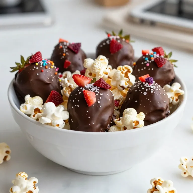To make this delightful treat, you need: - 8 cups popcorn (popped, unsalted) - 1 cup dried strawberries (or freeze-dried) - 1 cup dark chocolate chips - 1 tablespoon coconut oil - 1 tablespoon strawberry extract (optional) - Sea salt, to taste - Sprinkles (optional) If you want to switch things up, you can try: - White chocolate chips instead of dark chocolate - Other dried fruits like cherries or blueberries - Coconut oil can be replaced with butter - Use vanilla extract if you don’t have strawberry extract Using quality ingredients makes a big difference. Fresh popcorn gives a great crunch. Good chocolate melts smoothly and tastes rich. Dried strawberries add natural sweetness and flavor. When you choose the best, your treat shines! It tastes better and looks more appealing. Always remember, quality leads to a delightful experience for you and your guests. {{ingredient_image_2}} Start by popping 8 cups of popcorn. Follow the package instructions closely. Once popped, pour the popcorn into a large bowl. Let it cool for a few minutes. This step is key. You want the popcorn to be warm, not hot. Next, take 1 cup of dried strawberries. If they are whole, chop them into small pieces. Aim for bite-sized bits. Set these aside for later. You want them ready when the popcorn is coated. To melt the chocolate, use 1 cup of dark chocolate chips. Add 1 tablespoon of coconut oil to make it smooth. Place this in a microwave-safe bowl. Heat it in 30-second bursts. Stir well between each interval until fully melted. If you like, add 1 tablespoon of strawberry extract for extra flavor. Now, drizzle the melted chocolate over the popcorn. Toss the popcorn gently to coat each piece. Once coated, sprinkle the chopped dried strawberries on top. Fold everything carefully to mix without breaking the popcorn. To balance the sweetness, lightly sprinkle sea salt over the mixture. This step brings out the chocolate flavor. Then, spread the popcorn on a parchment-lined baking sheet. Keep it in a single layer. Let it cool at room temperature or place it in the fridge for about 30 minutes. This helps the chocolate set well. To make the best popcorn, use high-quality kernels. Always pop the corn without salt or butter first. This keeps the taste clean for the chocolate. I like to use an air popper. It gives the popcorn a great texture. After popping, let it cool a bit. This step helps the chocolate stick better. Chocolate can seize and become clumpy. To avoid this, never let water touch the chocolate. Always use a dry bowl for melting. I recommend using coconut oil. It makes the chocolate smooth and shiny. Heat the chocolate slowly, stirring often. If it gets too thick, add a bit more oil to loosen it up. Presentation matters! Serve the popcorn in bright paper cones for fun. You can also use glass jars for a chic look. Sprinkle extra dried strawberries on top for color. For a festive touch, add colorful sprinkles. This makes your treat more inviting and fun to eat! Pro Tips Use Fresh Popcorn: For the best texture, pop your popcorn just before you start the recipe. Freshly popped corn will be crispier and better at holding the chocolate coating. Choose Quality Chocolate: Opt for high-quality dark chocolate for melting. This will enhance the flavor of your popcorn and provide a smoother coating. Experiment with Flavors: Don’t hesitate to customize your popcorn by adding different extracts such as vanilla or almond, or even incorporating other dried fruits like blueberries or raspberries. Storing Leftovers: To keep your chocolate-covered popcorn fresh, store it in an airtight container at room temperature. Avoid refrigeration as it can cause the chocolate to become sticky. {{image_4}} You can switch up the dried strawberries for other fruits. Dried raspberries, blueberries, or bananas work great too. Each fruit brings its unique taste. This change can make your popcorn even more exciting. Try adding a mix for a colorful treat. You can experiment with different flavors. The key is to chop them small like the strawberries. This helps distribute the sweetness throughout the popcorn. Dark chocolate is rich, but white or milk chocolate adds a sweet twist. If you want a creamier taste, use milk chocolate. White chocolate gives a nice contrast with the strawberries. Melt it the same way as dark chocolate. Just remember, you may need less coconut oil for white chocolate. Both options make the popcorn look pretty, too! You can even swirl the chocolates together for a fun look. Want to take your popcorn to the next level? Try adding flavor extracts. Strawberry extract boosts the strawberry taste. You can also use vanilla or almond extract for a new flavor. Just a little goes a long way. For a bit of spice, sprinkle some cinnamon or a pinch of sea salt. These flavors can make your popcorn stand out at any gathering. Be bold and mix flavors to find your favorite combo! To keep your chocolate covered strawberry popcorn fresh, store it in an airtight container. Use a container that seals well to avoid air exposure. This keeps the popcorn crunchy and tasty. You can also use a resealable plastic bag. Just make sure to squeeze out as much air as possible before sealing. When stored properly, this popcorn stays fresh for about one week. After that, it may lose its crunch. To enjoy it longer, check for any signs of moisture. If it feels soggy, it's time to toss it. Keep the popcorn in a cool, dry place away from sunlight. Avoid the fridge, as it can cause the chocolate to sweat. If your popcorn loses some crunch, you can refresh it. Preheat your oven to 250°F (120°C). Spread the popcorn on a baking sheet. Heat it for about 5 to 10 minutes. This brings back the crunch without melting the chocolate. Allow it to cool before enjoying it again. You can use fresh strawberries, but they change the texture. Fresh strawberries add moisture. This can make the popcorn soggy over time. If you prefer fresh strawberries, add them just before serving. This keeps the popcorn crispy. To make this recipe vegan, swap dark chocolate chips for dairy-free chocolate chips. Use coconut oil as your fat. Ensure your sprinkles are also vegan. This way, you keep the delicious taste without using animal products. You can find chocolate covered strawberry popcorn at specialty stores or online. Many gourmet popcorn shops offer this treat. Check local stores too. If you want to try making it, follow this recipe! - What are the nutritional values? One serving has around 200 calories. The values can change based on ingredients. Each serving has healthy fats from coconut oil. Plus, you get fiber from popcorn and some natural sugars from strawberries. - Can I freeze chocolate covered popcorn? Yes, you can freeze chocolate covered popcorn. Place it in an airtight container. It stays fresh for about two months. When you want to eat it, let it thaw at room temp. This keeps the texture just right! In this blog post, we explored the tasty world of chocolate-covered strawberry popcorn. We gathered key ingredients, provided step-by-step instructions, and shared tips for the perfect treat. Don't forget to try different variations and store it the right way to keep it fresh. This fun snack is easy to make and enjoy at any time. So, get creative and surprise your friends with your tasty popcorn mix!