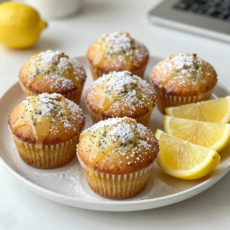 For the perfect lemon poppy seed muffins, you need the right ingredients. Here’s what you will need: - 1 ½ cups all-purpose flour - ½ cup granulated sugar - 2 teaspoons baking powder - 1 teaspoon baking soda - ¼ teaspoon salt - 2 tablespoons poppy seeds - ½ cup unsalted butter, melted - 2 large eggs - ½ cup buttermilk - 1 tablespoon freshly grated lemon zest - 2 tablespoons freshly squeezed lemon juice - 1 teaspoon vanilla extract - Optional: 1 cup powdered sugar and 2 tablespoons lemon juice for glaze Each ingredient adds its own flavor and texture. The flour gives structure, while sugar adds sweetness. Baking powder and baking soda help the muffins rise. Poppy seeds give a nice crunch and a nutty taste. The butter keeps the muffins moist. Eggs provide richness and support the rise. Buttermilk adds tanginess and lightness. Zest and juice from fresh lemons bring a bright flavor. Lastly, vanilla extract enhances all the tastes. If you want a sweet glaze, mix the powdered sugar with lemon juice. Drizzle it on top after the muffins cool. It adds a nice shine and extra sweetness. {{ingredient_image_2}} First, set your oven to 350°F (175°C). This temperature ensures even baking. Next, prepare your muffin tin. You can line it with paper liners or lightly grease it with cooking spray. This will help the muffins come out easily. In a large bowl, mix together the dry ingredients. Combine 1 ½ cups of all-purpose flour, ½ cup of granulated sugar, 2 teaspoons of baking powder, 1 teaspoon of baking soda, ¼ teaspoon of salt, and 2 tablespoons of poppy seeds. Be sure to break up any lumps. This step is key for a smooth batter. Now, grab another bowl to mix the wet ingredients. Whisk together ½ cup of melted unsalted butter, 2 large eggs, ½ cup of buttermilk, 1 tablespoon of freshly grated lemon zest, 2 tablespoons of freshly squeezed lemon juice, and 1 teaspoon of vanilla extract. Make sure it is well combined and smooth. Pour the wet mixture into the dry ingredients. Use a rubber spatula to gently fold them together. Be careful not to overmix. A few lumps are okay. This keeps the muffins light and fluffy. Now, it’s time to fill the muffin cups. Use a scoop or spoon to divide the batter evenly among the prepared cups. Fill each cup about ¾ full. This allows room for the muffins to rise while baking. Place the muffin tin in the preheated oven. Bake for 18 to 20 minutes. Check for doneness by inserting a toothpick in the middle of a muffin. It should come out clean. Once baked, remove the muffins from the oven. Let them cool in the tin for about 5 minutes. After that, transfer them to a wire rack to cool completely. To get the best muffins, you need to avoid overmixing. When you mix the wet and dry ingredients, do it gently. Some lumps are okay. Overmixing can make your muffins tough, and we want them soft and fluffy. Next, checking doneness is key. Bake the muffins for 18-20 minutes. Stick a toothpick in the center of a muffin. If it comes out clean, they are done. If batter sticks, give them more time. When it comes to arranging muffins, presentation matters. Place them on a decorative plate. This makes them look special. You can also dust them with a little powdered sugar. It adds a nice touch and makes them look fancy. For garnishing, serve with lemon wedges. They add color and a fresh vibe. You can also add some fresh mint leaves for a pop of green. Making the glaze is simple. Mix 1 cup of powdered sugar with 2 tablespoons of lemon juice. Stir until it’s smooth. This glaze adds a nice sweet and tangy flavor to the muffins. When applying the glaze, wait until muffins cool. Drizzle it over the top for a beautiful finish. You can use a spoon or a small squeeze bottle for control. Pro Tips Use Fresh Ingredients: Always use fresh lemons for zest and juice to enhance the flavor of your muffins. Don’t Overmix: Gently fold the wet and dry ingredients together to ensure a light and fluffy texture. Overmixing can lead to dense muffins. Check Doneness: Use a toothpick to test for doneness; it should come out clean or with a few crumbs attached but not wet batter. Customize Your Muffins: Feel free to add other ingredients like blueberries or walnuts for a twist on the classic lemon poppy seed flavor. {{image_4}} You can easily change the flavor of your lemon poppy seed muffins. Here are two tasty ideas: - Adding blueberries or cranberries: These fruits add sweetness and color. Just fold in about a cup of fresh or frozen berries into the batter. The berries will burst while baking, giving a juicy surprise in each bite. - Incorporating nuts: Chopped walnuts or almonds add crunch and depth. Use about half a cup of nuts, mixing them in gently. They pair well with the lemon's tartness. If you need a gluten-free or dairy-free version, you can still enjoy these muffins. Here are some simple swaps: - Gluten-free flour: Use a 1-to-1 gluten-free flour blend. This will keep the texture light and fluffy. - Dairy-free substitutes: Replace buttermilk with almond milk or coconut milk mixed with a bit of vinegar. You can also use dairy-free butter. These changes work well without losing flavor. Making mini muffins is a fun twist! Here’s how to adapt the recipe: - Adjustments for baking time: Bake mini muffins for about 12-15 minutes. Keep an eye on them; they bake faster than regular muffins. - Portion sizes: Fill each mini muffin cup about halfway. This helps them rise nicely without overflowing. Enjoy trying these variations to find your perfect lemon poppy seed muffin! You can store lemon poppy seed muffins at room temperature. Just keep them in an airtight container. They will stay fresh for about 2-3 days. If you want to keep them longer, refrigeration is an option. However, this can change the texture, making them a bit dry. I recommend room temperature storage for the best taste. Freezing muffins is easy! First, let them cool completely. Then wrap each muffin tightly in plastic wrap. Place them in a freezer bag or an airtight container. Label the bag with the date. They can last up to three months in the freezer. When you’re ready to eat them, just pull them out and let them thaw at room temperature. To enjoy your muffins later, reheating is key. Preheat your oven to 350°F (175°C). Place the muffins on a baking sheet. Heat them for about 5-10 minutes. This will help restore their soft texture. If you're in a hurry, you can use the microwave. Heat for 10-15 seconds at a time. Be careful not to overheat, as they can get tough. Enjoy your muffins warm! To make your muffins moist, follow these tips: - Use buttermilk as it adds rich flavor. - Don't overmix the batter; mix until just combined. - Add a little extra butter for richness. - Consider adding sour cream for extra moisture. Each of these tips helps keep your muffins soft and tender. Overmixing can lead to dry muffins, so handle the batter gently. Yes, you can use other flours. Here are some options: - Whole wheat flour adds a nutty flavor but may make muffins denser. - Almond flour gives a moist texture but needs more liquid. - Gluten-free flour blends work well for a gluten-free option. Each flour changes the muffin's taste and texture, so experiment to find your favorite. For maximum zest extraction, try these steps: - Use a microplane or fine grater for small pieces. - Roll the lemon on a counter to loosen the skin. - Zest before juicing to make it easier. Zesting properly adds a bright flavor to your muffins. Make sure to zest only the yellow part, avoiding the bitter white pith. These muffins stay fresh for about: - 2 to 3 days at room temperature in an airtight container. - Up to a week in the fridge. For longer storage, freeze them in a freezer bag. They can last up to three months. Reheat in the oven for a fresh taste! We covered all the steps to make tasty lemon poppy seed muffins. You now know the ingredients, how to bake, and tips for success. Remember, practice makes your muffins better each time. Try different flavors and substitutions for variety. Store them right to keep them fresh. Enjoy your baking journey, and share your perfect muffins with friends and family!