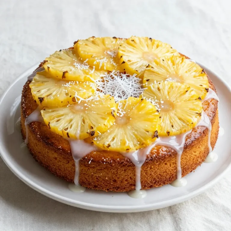 To make a Coconut Pineapple Upside Down Cake, gather these fresh ingredients: - 1 cup all-purpose flour - 1 cup granulated sugar - 1/2 cup unsweetened shredded coconut - 1/2 cup unsalted butter, melted - 1/2 cup buttermilk (or substitute with 1/2 cup of milk mixed with 1/2 tablespoon vinegar) - 2 large eggs - 1 teaspoon baking powder - 1/2 teaspoon baking soda - 1/4 teaspoon salt - 1 teaspoon vanilla extract - 1 can (20 oz) pineapple slices in juice, drained (reserve the juice) - 1/2 cup brown sugar - 1/4 cup unsweetened coconut milk Each ingredient plays a key role in creating the perfect balance of flavors. The all-purpose flour gives the cake structure. Granulated sugar adds sweetness, while brown sugar provides a rich, caramel note. Unsweetened shredded coconut and coconut milk bring a delightful tropical twist. Buttermilk keeps the cake moist, and the eggs help it rise. Baking powder and baking soda work together to give the cake lightness. The salt balances the sweetness and enhances the flavors. Lastly, vanilla extract adds depth. With these ingredients ready, you will create a treat that is both fun to make and delicious to eat! {{ingredient_image_2}} Start by preheating your oven to 350°F (175°C). This step is key. A hot oven helps the cake rise well. Grease a 9-inch round cake pan with cooking spray or softened butter. This helps the cake come out easily after baking. In a small bowl, mix the brown sugar with 1/4 cup of the reserved pineapple juice. Stir until smooth. Pour this sweet mix into the bottom of your greased cake pan. Next, lay the pineapple slices on top. You can make a pretty circle. Now sprinkle the shredded coconut over the pineapple. This adds great texture and flavor. In a large bowl, whisk the flour, granulated sugar, baking powder, baking soda, and salt. In another bowl, combine melted butter, buttermilk, eggs, and vanilla extract. Whisk these wet ingredients until they blend well. Slowly add the wet mix to the dry ingredients. Stir gently until just mixed. Avoid overmixing to keep the cake tender. Carefully pour the batter over your pineapple and coconut in the cake pan. Use a spatula to smooth the top. This helps the cake bake evenly. Place the cake in the preheated oven. Bake for 30-35 minutes. To check if it’s done, insert a toothpick into the center. It should come out clean. The top should be golden brown and springy. Once the cake is baked, take it out of the oven. Let it cool in the pan for about 10 minutes. This helps it firm up. Use a knife to run along the edges of the cake to loosen it. Now, gently place a serving plate on top of the pan. Flip the cake over. Tap the pan lightly to release the cake. The caramelized sugar and pineapple will look amazing. Drizzle the coconut milk over the top of the cake. This boosts the tropical taste. For an extra treat, sprinkle more shredded coconut on top. Enjoy your delicious Coconut Pineapple Upside Down Cake! - Always preheat your oven. This ensures even baking. - Use room temperature eggs and buttermilk. They mix better into the batter. - Grease your pan well. This helps the cake come out easily. - Measure your flour correctly. Too much can make the cake dry. - Avoid overmixing the batter. Mix until just combined for a tender cake. - Don’t skip the cooling step. It helps the cake set up. - Watch the baking time. Each oven is different. - Make sure to drain the pineapple well. Extra juice can make the cake soggy. - Don’t rush the flipping process. Let it cool a bit first. - Use fresh ingredients for the best flavor. Stale items can ruin your cake. - Serve warm for a cozy treat. - Add a scoop of vanilla ice cream for extra delight. - Top with toasted coconut for crunch. - A cherry on top adds a fun touch. - Pair with fresh fruit to brighten the plate. Pro Tips Use Fresh Ingredients: For the best flavor, opt for fresh pineapple instead of canned. This will elevate the overall taste and texture of your cake. Let it Cool: Allow the cake to cool in the pan for at least 10 minutes before flipping. This helps the caramel stay intact and prevents the cake from breaking apart. Experiment with Toppings: Don’t hesitate to add other tropical fruits like mango or banana on top of the pineapple for a colorful twist. Storage Tips: Store any leftovers in an airtight container at room temperature for up to 3 days. For longer storage, refrigerate for up to a week. {{image_4}} To make a gluten-free version, swap the all-purpose flour for a gluten-free blend. Many brands work well, so choose one that you like. This way, you can still enjoy the cake without gluten. For a vegan version, use plant-based butter and replace eggs with flaxseed meal. Mix 1 tablespoon of flaxseed with 2.5 tablespoons of water to create one egg. Use almond or soy milk instead of buttermilk. This keeps the cake moist while being completely plant-based. You can add fun tropical flavors. Consider mixing in chopped mango, banana, or even macadamia nuts. Each will bring a new taste to your cake. Try adding a splash of rum extract for an extra tropical kick. Experiment and find your favorite combination! To keep your Coconut Pineapple Upside Down Cake fresh, cover it tightly. Use plastic wrap or foil to seal it. Store it at room temperature for up to two days. If you want it to last longer, place it in the fridge. It can stay there for about five days without losing flavor. If you want to freeze the cake, let it cool completely. Then, wrap it well in plastic wrap and aluminum foil. This will help avoid freezer burn. Your cake can stay in the freezer for up to three months. When you are ready to eat it, thaw it in the fridge overnight. To reheat the cake, preheat your oven to 350°F (175°C). Place the cake in an oven-safe dish. Cover it with foil to avoid drying out. Heat it for about 10-15 minutes. You can also microwave a slice for about 30 seconds. Just be careful not to overheat it, or it may become dry. Enjoy your cake warm for the best taste! You can easily make your own buttermilk. Just mix 1/2 cup of milk with 1/2 tablespoon of vinegar. Let it sit for about five minutes. This gives you a similar tangy flavor. Yes, you can make this cake a day in advance. Store it in an airtight container. This helps the flavors blend and improves the taste. Grease your pan well with butter or cooking spray. You can also line the bottom with parchment paper. This ensures easy release after baking. Yes, fresh pineapple works great! Slice it into rings. Make sure to reserve the juice for the topping mix. You can add toasted coconut for extra crunch. A cherry on top adds a nice pop of color. A scoop of vanilla ice cream pairs well too! You learned about making a delicious Coconut Pineapple Upside Down Cake. We covered the essential ingredients, step-by-step instructions, and tips to perfect your baking. You can even explore gluten-free or vegan options. Remember to store leftovers properly and reheat them well. This cake makes any gathering special. Happy baking! Enjoy sharing this tasty treat with others.