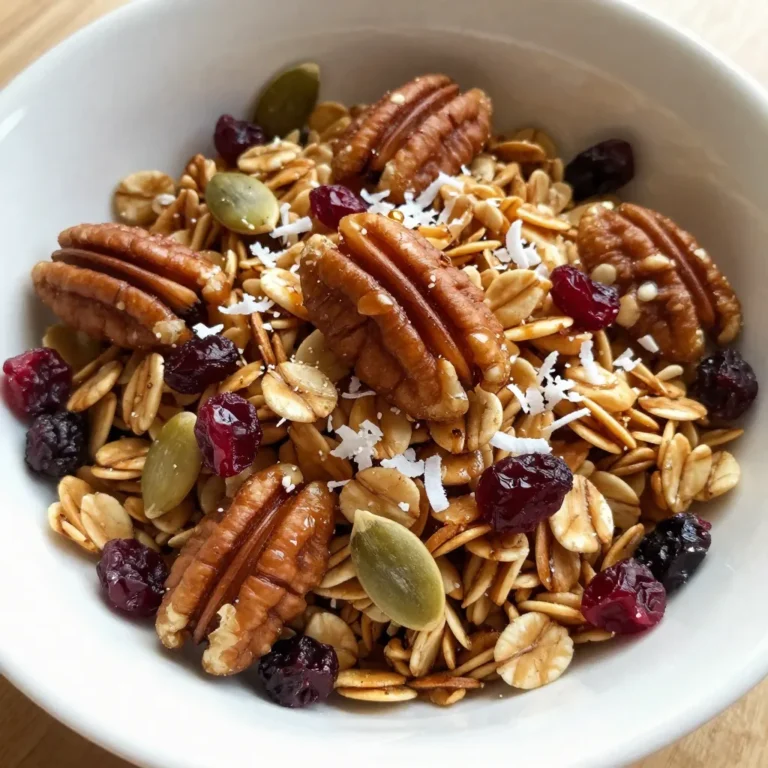 - 2 cups rolled oats - 1 cup pecans, roughly chopped - 1/2 cup pumpkin seeds - 1/2 cup unsweetened shredded coconut - 1/2 teaspoon sea salt - 1/2 teaspoon ground cinnamon - 1/2 cup pure maple syrup - 1/4 cup coconut oil, melted - 1 teaspoon vanilla extract - 1/2 cup dried cranberries or raisins (optional) One serving of Maple Pecan Granola Clusters contains around 200 calories. This includes about 10 grams of fat, 25 grams of carbohydrates, and 4 grams of protein. The clusters also have fiber, which helps with digestion. - Pecans: These nuts are rich in healthy fats and protein. They help lower bad cholesterol and improve heart health. - Pumpkin Seeds: These seeds pack a punch with minerals like magnesium and zinc. They support bone health and boost your immune system. - Rolled Oats: Oats are a great source of fiber. They keep you full longer and help with heart health. - Maple Syrup: This natural sweetener has antioxidants. It can help reduce inflammation and provide energy. - Coconut Oil: This oil is known for its healthy fats. It can boost your metabolism and provide quick energy. Using these ingredients not only makes tasty granola but also gives you healthy benefits. Enjoy your Maple Pecan Granola Clusters as a snack or a breakfast topper! {{ingredient_image_2}} First, I set my oven to 325°F (163°C). I line a baking sheet with parchment paper. This helps the granola not stick. Now, in a large bowl, I mix the dry ingredients. I add 2 cups of rolled oats, 1 cup of roughly chopped pecans, and 1/2 cup of pumpkin seeds. Then, I toss in 1/2 cup of unsweetened shredded coconut, 1/2 teaspoon of sea salt, and 1/2 teaspoon of ground cinnamon. I stir everything well. Next, I prepare the wet ingredients in another bowl. I whisk together 1/2 cup of pure maple syrup, 1/4 cup of melted coconut oil, and 1 teaspoon of vanilla extract. It should look smooth and blended. I pour this wet mixture over my dry ingredients. I stir carefully, making sure everything is coated. If I want, I can add 1/2 cup of dried cranberries or raisins at this point. Now, I spread the granola mixture evenly on the lined baking sheet. I press it down with a spatula or my hands. This step helps form nice clusters. I place the baking sheet in the oven and bake for 20-25 minutes. Halfway through, I stir the granola to help it cook evenly. I keep an eye on it, looking for a golden brown color. After baking, I take the granola out and let it cool completely on the baking sheet. It will harden as it cools, making those tasty clusters. Once cool, I break the granola into clusters of my preferred size. I store the clusters in an airtight container. They can last for up to two weeks, but they usually go fast! To get the best crunch in your Maple Pecan Granola Clusters, follow these tips. First, spread the mixture evenly on the baking sheet. A thin layer helps it bake evenly. Press the mixture down firmly; this helps it stick together. Bake at 325°F (163°C) for 20 to 25 minutes. Stir halfway through to promote even baking. Keep an eye on it. You want a golden brown color for that perfect crunch. To avoid sticking, line your baking sheet with parchment paper. This makes cleanup easy and helps your granola slide off smoothly. Use a spatula to gently break up any areas that seem stuck. For burning, check the granola often, especially towards the end of baking. If the edges look too dark, remove it from the oven right away. Cooling on the sheet helps prevent burning as well. Fresh ingredients make a big difference in flavor. Use fresh oats, nuts, and seeds for the best taste. If you use dried fruits like cranberries or raisins, add them after baking. This keeps them chewy and flavorful. Always check the expiration dates on your ingredients. Freshness ensures the best flavor and texture in your granola clusters. Pro Tips Use Fresh Ingredients: Always opt for fresh nuts and seeds to ensure maximum flavor and crunch in your granola clusters. Customize Your Sweetness: Adjust the amount of maple syrup to your liking; you can add more for a sweeter granola or reduce it for a less sugary taste. Experiment with Add-ins: Feel free to incorporate other dried fruits, such as apricots or figs, or even chocolate chips for a delicious twist! Store Properly: For the best texture, store your granola in an airtight container at room temperature, away from humidity, to keep it crunchy. {{image_4}} If you want to switch up the nuts, try using almonds or walnuts. Both add great flavor and crunch. You can even mix different nuts for a fun twist. Just remember to keep the total amount the same, about 1 cup. This keeps your granola balanced and tasty. Want to add even more flavor to your granola? You can use dried fruits like apricots or apples. They bring sweetness and chewiness. You might also try adding spices like nutmeg or ginger for a warm kick. If you love chocolate, mini chocolate chips work too! Just mix them in after baking for a sweet surprise. If you want a different sweetener, try honey or agave syrup. Both work well in this recipe. You can also use brown sugar for a deeper flavor. Just make sure to adjust the amount if you switch sweeteners. The key is to keep that lovely sweet taste that makes this granola so good! To keep your maple pecan granola clusters fresh, store them in an airtight container. This helps to keep moisture out. I prefer glass jars or plastic containers with tight lids. Place the clusters in a cool, dry place, away from direct sunlight. Avoid leaving them in warm spots, as heat can make them lose their crunch. When stored properly, your granola clusters can last up to two weeks. If you notice any signs of moisture or softness, it’s best to toss them. They taste best when fresh, so try to eat them within this time. You can also check for any off smells that may hint at spoilage. Freezing granola clusters is a great way to extend their shelf life. To do this, allow the clusters to cool completely after baking. Then, place them in a freezer-safe bag or container. Be sure to remove as much air as possible. Granola clusters can be frozen for up to three months. When you’re ready to eat, simply thaw them at room temperature. You can also pop them in the oven for a few minutes to regain their crunch. Maple Pecan Granola Clusters are a tasty mix of oats, nuts, and seeds. You get a crunchy, sweet treat with rich maple flavor. Pecans add a nutty taste, while pumpkin seeds and coconut give texture. You can enjoy them as a snack or a topping for yogurt. To keep granola clusters crunchy, press the mixture down firmly before baking. This helps form clusters. Bake them until golden brown, and stir halfway through for even cooking. Allow them to cool completely on the baking sheet. As they cool, they will harden and stay crispy. Yes, Maple Pecan Granola Clusters can be healthy. They are made with rolled oats, which are great for heart health. Pecans and pumpkin seeds provide healthy fats and protein. Using pure maple syrup offers natural sweetness. Just watch the portion size, as they can be calorie-dense. In this article, I covered the key ingredients, health benefits, and step-by-step instructions for making Maple Pecan Granola Clusters. You learned how to achieve the best crunchiness and avoid sticking. I shared tips on variations and proper storage techniques. Remember, fresh ingredients boost flavor and nutrition. Granola clusters can be a healthy snack choice that fits your needs. Try different nuts or sweeteners to find your favorite mix. Keep these tips in mind and enjoy your homemade treat!