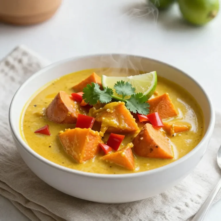 To make a Coconut Curry Sweet Potato Stew, gather these simple ingredients: - 2 medium sweet potatoes, peeled and cut into 1-inch cubes - 1 can (13.5 oz) full-fat coconut milk - 1 cup vegetable broth (low-sodium preferred) - 1 tablespoon coconut oil - 1 medium onion, finely diced - 3 cloves garlic, minced - 1 tablespoon fresh ginger, finely grated - 1 tablespoon red curry paste (adjust for spice preference) - 1 teaspoon ground turmeric - 1 teaspoon ground cumin - 1 red bell pepper, diced into bite-sized pieces - 1 cup fresh baby spinach leaves - Salt and black pepper to taste - Fresh cilantro leaves, for garnish - Lime wedges, for serving Each ingredient plays a key role in making this stew rich and flavorful. Sweet potatoes bring a natural sweetness and texture. Coconut milk adds creaminess and depth. The spices—turmeric and cumin—bring warmth and earthiness. Fresh vegetables, like bell pepper and spinach, add color and nutrition. Coconut oil helps to sauté the onion, garlic, and ginger, letting their flavors shine. Using low-sodium vegetable broth keeps the stew balanced and healthy. Finally, don’t forget the lime and cilantro for garnishing. They add freshness and a burst of flavor that brightens the dish. {{ingredient_image_2}} 1. Cooking the aromatics: Start by heating coconut oil in a large pot over medium heat. Once the oil is hot, add the diced onion. Cook it for about 5 minutes until it is soft and clear. This step builds a flavorful base for the stew. 2. Adding spices for flavor enhancement: Next, add minced garlic and grated ginger to the pot. Stir for 1-2 minutes. This brings out their strong scents and flavors. Then, mix in red curry paste, ground turmeric, and ground cumin. Cook for 1 more minute to let the spices bloom. 3. Incorporating the sweet potatoes and bell pepper: Now, toss in the cubed sweet potatoes and diced red bell pepper. Stir them well in the pot. This ensures they soak up all the spicy goodness before we add the liquids. 1. Mixing in liquids for simmering: Pour in the coconut milk along with the vegetable broth. Stir everything to blend. Increase the heat to bring the stew to a gentle boil. This helps all the flavors meld together. 2. Cooking duration for perfect tenderness: Once boiling, lower the heat to let it simmer. Cover the pot and let it cook for 20-25 minutes. This gives the sweet potatoes time to soften and become creamy. 3. Adding spinach at the last stage: When the sweet potatoes are tender, add the baby spinach. Stir it in and let it cook for 5 more minutes. This wilts the spinach and keeps its bright color. Enjoy your delicious Coconut Curry Sweet Potato Stew! To get sweet potatoes just right, aim for 20-25 minutes of simmering. This time lets them soften and blend with the flavors. If you like them firm, check them a bit earlier. Adjusting spice levels is easy. Start with one tablespoon of red curry paste. Taste the stew after the sweet potatoes soften. If you want more heat, add more curry paste or a dash of chili powder. Fresh herbs add a pop of flavor. I love using cilantro. Simply chop it and sprinkle it on top. You can also use fresh basil for a different taste. Citrus options like lime wedges bring brightness to your stew. Serve them alongside your bowls. Guests can squeeze lime juice for an extra zing. For serving, consider pairing the stew with rice or crusty bread. This adds a nice touch and makes it a filling meal. Enjoy your cooking! Pro Tips Use Fresh Ingredients: Always opt for fresh vegetables and herbs to elevate the flavor of your stew. Fresh ingredients have more vibrant flavors and nutrients. Adjust Spice Levels: Feel free to modify the amount of red curry paste based on your spice tolerance. Start with less and add more gradually to achieve your desired heat level. Garnish for Flavor: Fresh cilantro and lime wedges not only enhance the presentation but also add a burst of fresh flavor that complements the richness of the stew. Meal Prep Friendly: This stew can be made in advance and stored in the refrigerator for up to three days. It also freezes well, making it a great option for meal prep. {{image_4}} You can easily switch up the veggies in this stew. Try adding carrots, zucchini, or cauliflower. Each brings a unique taste and texture. If you want protein, chickpeas are a great choice. Tofu is another option that soaks up flavors well. Both options add heartiness to the dish. Want your stew milder? Use less red curry paste. You can also skip the spices and let the coconut milk shine. If you love heat, add more red curry paste or some chili flakes. For a twist, try lime zest for brightness. Fresh herbs, like basil or cilantro, can also enhance the flavor and freshness of your stew. To keep your stew fresh, store it in an airtight container. Place it in the fridge if you plan to eat it within three days. Cool the stew to room temperature before sealing it. This helps avoid condensation, which can make your stew watery. When you’re ready to eat, reheat it on the stove over low heat. Stir it often to warm it evenly. You can also use a microwave. Just cover the bowl and heat it in short intervals, checking often. If you want to save the stew for later, freezing is a great option. Let the stew cool completely before transferring it to a freezer-safe container. Leave some space at the top for expansion. Seal it tightly and label it with the date. The stew can last up to three months in the freezer. When you want to enjoy it again, move it to the fridge to thaw overnight. To reheat, use the stove or microwave until it is hot throughout. Stir well to blend the flavors again. Can I substitute ingredients? Yes, you can swap the sweet potatoes for butternut squash. You can also use almond milk if you want a lighter base. If you prefer a different spice, try green curry paste instead of red. Is this stew gluten-free and vegan? Absolutely! This stew is both gluten-free and vegan. All the ingredients are plant-based and free from gluten. How long does the stew last in the fridge? The stew will stay fresh for about 3 to 5 days in the fridge. Just store it in an airtight container. Can I use a slow cooker for this recipe? Yes, a slow cooker works well for this stew. Cook on low for about 6 to 8 hours. How do I achieve a creamier stew? To make it creamier, add more coconut milk. You can also blend a portion of the stew before serving. This method will give it a rich texture. This dish combines sweet potatoes and coconut milk for a hearty stew. We listed key ingredients, highlighted preparation steps, and shared tips for perfect texture. You can adjust flavors and swap veggies for a personal touch. Storing leftovers is simple, ensuring you enjoy this dish later. Embrace your creativity with this recipe. It’s a great way to explore new flavors and ingredients. Enjoy cooking and sharing this nourishing stew with friends and family.