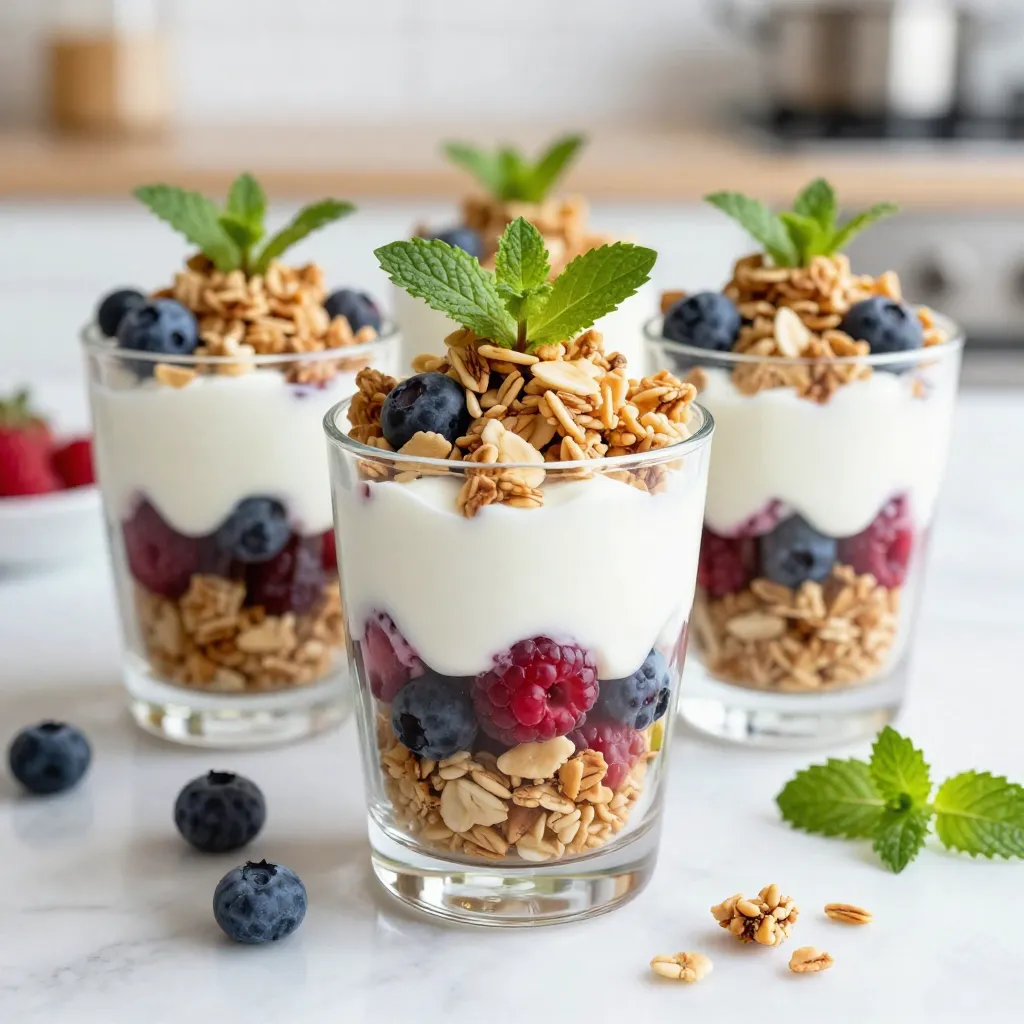 - 2 cups Greek yogurt (plain or vanilla) - 1 cup mixed berries (strawberries, blueberries, raspberries) - 2 tablespoons honey or maple syrup - 1 teaspoon vanilla extract - 1 cup granola (homemade or store-bought) - Fresh mint leaves (optional) When I make Berry Yogurt Parfait Pops, I focus on fresh, simple ingredients. Greek yogurt is my base. You can choose plain or vanilla yogurt based on your taste. The yogurt gives a creamy texture. Next, I add mixed berries. I like strawberries, blueberries, and raspberries. They are sweet and colorful. Their bright colors make the pops look fun. For sweetness, I use honey or maple syrup. I start with two tablespoons. Adjust the amount to your liking. Remember, the yogurt can be a bit tart, so you may want more sweetness. I also mix in a teaspoon of vanilla extract. This adds a lovely flavor that enhances the yogurt. Granola is another important ingredient. I use one cup, either homemade or store-bought. It adds a nice crunch to the pops. Lastly, I think about presentation. I like to add fresh mint leaves on top. They give a refreshing look and taste. Each ingredient plays a role. They come together to make a tasty and refreshing treat. {{ingredient_image_2}} To start, grab a large mixing bowl. Add 2 cups of Greek yogurt. You can choose plain or vanilla based on your taste. Next, pour in 2 tablespoons of honey or maple syrup. This will sweeten your yogurt. Add 1 teaspoon of vanilla extract for extra flavor. Use a whisk or spatula to mix everything well. Keep stirring until the mixture is smooth and creamy. This step is key to making your pops taste great. Now it’s time to layer your pops. Take your popsicle molds and begin by adding a layer of the yogurt mixture at the bottom. Next, sprinkle in some mixed berries. Use 1 cup of berries, like strawberries, blueberries, and raspberries. Then, add a layer of granola. You can use homemade granola or your favorite store-bought kind. Repeat these steps until each mold is almost full. Leave a small gap at the top to allow for freezing. Once your molds are filled, insert popsicle sticks into the center of each one. To make sure the mixture settles evenly, gently tap the filled molds on the counter. Cover each mold with a lid or a piece of aluminum foil. Place them in the freezer and let them freeze for at least 4 to 6 hours. They should be solidly frozen. When it’s time to enjoy, take the molds out of the freezer. To help release the pops, run warm water over the outside of the molds for a few seconds. Then, gently pull on the popsicle sticks to remove the pops. Serve them right away. For a special touch, add fresh mint leaves on top for color and freshness. Enjoy your tasty treat! To get the best texture for your berry yogurt parfait pops, use full-fat Greek yogurt. It gives a rich and creamy feel. Mix well until there are no lumps. This smoothness helps when you freeze them. You can adjust the sweetness easily. If you like it sweeter, add more honey or maple syrup. Taste the mix before freezing. This way, you can find the perfect balance that suits your taste buds. Making your parfait pops look great is fun! Try displaying them on a colorful platter. You can also use a tall glass for a fancy touch. Adding some extra berries around the pops makes the dish pop visually. Garnishing is key. Fresh mint leaves on top add color and freshness. You could also sprinkle a bit of granola on the top for texture. These little touches make your pops not just tasty, but stunning too! Pro Tips Choose Quality Yogurt: Opt for full-fat Greek yogurt for a creamier texture and richer flavor in your popsicles. Freeze in Layers: Allow each layer to freeze slightly before adding the next to create distinct layers in your pops. Experiment with Sweeteners: Try using agave syrup or coconut sugar for different flavor profiles that suit your taste preferences. Customize Your Toppings: Mix in nuts, seeds, or other fruits to the granola layer for added texture and nutrition. {{image_4}} You can change the yogurt type based on your needs. If you want a dairy-free option, try coconut or almond yogurt. They add a nice creamy texture and taste great. For berries, mix it up! Use blackberries, cranberries, or even chopped peaches. Each fruit gives a unique flavor. You can also add bananas for extra sweetness. Want to spice things up? Add a pinch of cinnamon or nutmeg to your yogurt mix. These spices bring warmth and depth to each bite. You can also switch your sweeteners. Instead of honey or maple syrup, use agave or stevia. This lets you control the sweetness. Each choice changes the taste and makes it exciting! To keep your berry yogurt parfait pops fresh, store them in airtight containers. You can also wrap each pop in plastic wrap before placing them in a freezer bag. This protects them from freezer burn. Make sure to label your containers with the date. This way, you know when you made them. For best results, eat your pops within three months. If you have leftover pops, store them in the same way. Just place them back in the freezer after enjoying a few. They will stay tasty and ready for your next treat. Berry yogurt parfait pops can stay fresh in the freezer for up to three months. After that, the texture and taste may change. Check for ice crystals on the surface. If you see these, it's best to discard them. You should also discard the pops if they have a strange smell or off taste. Always trust your senses when it comes to food safety. Enjoy your pops while they are at their best! Yes, you can use frozen berries. They are often picked at peak ripeness. This means they can taste just as good. Frozen berries also save time and reduce waste. However, they may release more juice when mixed. This can change the look of your pops. If you use frozen berries, let them thaw slightly. Then, drain any extra liquid before adding them to your pops. For dairy-free pops, swap Greek yogurt with coconut yogurt or almond yogurt. These options provide a creamy texture without dairy. Use the same amount as the Greek yogurt in the recipe. Make sure to check for added sugars in these yogurts. You can also use a plant-based sweetener, like agave syrup, if you prefer. This way, you can enjoy your fruity pops without dairy. Berry yogurt parfait pops pair well with fresh fruits like bananas or apples. They also go great with a side of nuts or seeds for crunch. If you want a sweet treat, serve them with chocolate sauce or a scoop of sorbet. For a fun twist, enjoy them alongside a smoothie. These pops are versatile and can fit into many snack times or dessert spreads. This blog post covered all you need for making yogurt parfait pops. We discussed ingredients, step-by-step instructions, and storage tips. I shared ways to customize your pops and make them visually appealing. These tasty treats are easy, fun, and perfect for summer. Try different flavors and ingredients to find your favorite. Your new yogurt parfait pops will impress friends and family. Enjoy creating and serving these delicious snacks!