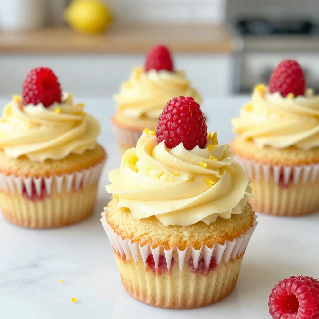 To make Lemon Raspberry Cupcakes, gather these items: - 1 cup all-purpose flour - 1 teaspoon baking powder - 1/2 teaspoon baking soda - 1/4 teaspoon salt - 1/2 cup unsalted butter, softened - 1 cup granulated sugar - 2 large eggs, at room temperature - Zest of 1 medium lemon - 1/4 cup freshly squeezed lemon juice - 1/2 cup buttermilk, at room temperature - 1 cup fresh raspberries (reserve some for decoration) - 1 teaspoon pure vanilla extract If you have allergies, here are some swaps: - Use gluten-free flour for all-purpose flour. - Substitute dairy butter with vegan butter or coconut oil. - Replace buttermilk with almond milk mixed with vinegar. - Use flax eggs (1 tablespoon ground flaxseed mixed with 3 tablespoons water) for eggs. Look for fresh raspberries that are bright and plump. Here are my tips: - Buy from local farmers' markets for the best flavor. - Check for any mold or squished berries in the package. - Store them in a cool place until you’re ready to bake. - Rinse gently and dry them well before using. These steps will help you create the most delicious Lemon Raspberry Cupcakes! {{ingredient_image_2}} First, preheat your oven to 350°F (175°C). This step ensures even baking. Next, grab a standard muffin tin and line it with colorful cupcake liners. The liners not only add flair but also help with easy removal. In a medium bowl, whisk together the all-purpose flour, baking powder, baking soda, and salt. This mixture is the dry base for your cupcakes. Set it aside. Keeping it airy helps the cupcakes rise nicely. Now, take a large bowl. Use an electric mixer to beat the softened butter and granulated sugar together. Mix on medium speed for about 3-4 minutes. The goal is to achieve a light, fluffy, pale mixture. This creaming adds air, making your cupcakes soft. Add the two large eggs to the creamed butter one at a time. Mix well after each egg. Next, include the lemon zest and pure vanilla extract. Blend until everything is evenly mixed. These ingredients bring bright flavors to your cupcakes. In a small bowl, whisk together the buttermilk and freshly squeezed lemon juice. Allow it to sit for a minute. This thickens the mixture, adding moisture and flavor. Gradually add the dry ingredients to the butter mixture, alternating with the buttermilk mixture. Start and end with the flour mixture. Mix until just combined. Avoid overmixing to keep your cupcakes tender. Carefully fold in the fresh raspberries with a spatula. Be gentle to avoid crushing them. You want to keep their shape for a lovely burst of flavor in each bite. Divide the batter evenly among the cupcake liners. Fill each one about two-thirds full. This gives them room to rise. Bake in the preheated oven for 18-20 minutes. Check for doneness by inserting a toothpick into the center. It should come out clean. Once done, let the cupcakes cool in the pan for about 5 minutes. Then, transfer them to a wire rack to cool completely. To get light and airy cupcakes, start with room-temperature ingredients. This helps them blend better. When you cream the butter and sugar, beat them until the mix looks pale and fluffy. This can take about 3-4 minutes. The air you whip into the butter creates a nice rise. Mix your batter just enough. Overmixing can make your cupcakes dense and tough. After adding the dry ingredients, stir gently until you see no dry flour. Then, fold in the raspberries carefully. You want to keep their shape for a juicy burst in each bite. For a lovely finish, frost your cupcakes with creamy lemon buttercream. Use a piping bag for a nice swirl. Top each cupcake with a fresh raspberry and a sprinkle of lemon zest. This adds color and brightness. You can also add edible flowers for a fancy touch! Pro Tips Use Room Temperature Ingredients: Ensure that your butter, eggs, and buttermilk are at room temperature before mixing. This helps to create a smoother batter and results in a lighter cupcake. Don't Overmix: Once you combine the dry ingredients with the wet ingredients, mix just until combined. Overmixing can lead to dense cupcakes rather than light and fluffy ones. Fresh Raspberries: Use fresh raspberries for the best flavor and texture. If using frozen, make sure they are thawed and drained well to avoid adding excess moisture to the batter. Cool Completely Before Frosting: Allow the cupcakes to cool completely on a wire rack before frosting them. This prevents the frosting from melting and ensures a beautiful presentation. {{image_4}} To make vegan lemon raspberry cupcakes, swap the eggs and butter. Use flax eggs instead. Mix 1 tablespoon of ground flaxseed with 3 tablespoons of water. Let it rest for 5 minutes. For butter, use a plant-based option. Coconut oil or vegan butter works well. Keep the other ingredients the same. These cupcakes will still taste bright and fruity. For gluten-free lemon raspberry cupcakes, use a gluten-free flour blend. Look for one that includes xanthan gum. This helps give the cupcakes structure. You can also use almond flour or oat flour. Just remember to check the measurements. These gluten-free cupcakes will be just as tasty and fluffy! Frosting can change the whole cupcake experience! A creamy lemon buttercream is a classic choice. Mix butter, powdered sugar, lemon juice, and zest. For a twist, try a raspberry cream cheese frosting. Mix cream cheese, powdered sugar, and fresh raspberry puree. You can also sprinkle some zest on top for extra flair. To keep leftover cupcakes fresh, place them in an airtight container. This will protect them from air and moisture. If you have frosting on them, wait until they are fully cool before storing. You can layer them with parchment paper to avoid sticking. To freeze your lemon raspberry cupcakes, first let them cool completely. Then, wrap each cupcake in plastic wrap tightly. After that, place them in a freezer-safe bag or container. This helps prevent freezer burn. You can freeze them for up to three months. When ready to enjoy, let them thaw in the fridge overnight. When stored properly, cupcakes can last up to four days at room temperature. If you keep them in the fridge, they can last up to a week. However, the longer they sit, the less fresh they may taste. Always check for signs of spoilage, like mold or an off smell, before eating. To stop cupcakes from sticking, use good quality liners. You can also spray them lightly with cooking spray. Let the cupcakes cool in the pan for about 5 minutes before moving them. This helps them release better. Yes, you can use frozen raspberries! Just let them thaw first. Drain any extra juice to keep the batter from getting too wet. This way, they won’t turn mushy in the cupcakes. Check if the cupcakes are done by inserting a toothpick into the center. If it comes out clean or with a few crumbs, they are ready. You can also gently press the top; if it springs back, they are done! Lemon and raspberry pair well with many flavors. Try adding coconut for a tropical twist. You can also mix in some almond extract for a nutty flavor. Blueberries and lemon also work great together! Absolutely! You can bake the cupcakes a day ahead. Store them in an airtight container at room temperature. Frost them just before serving to keep the icing fresh and tasty. This blog post covered everything you need for perfect raspberry cupcakes. You learned about the best ingredients, tips for freshness, and how to bake fluffy treats. We also shared cool variations and storage tips. Remember, you can explore different flavors and create your own unique versions. Enjoy baking and sharing these delicious cupcakes with friends and family. Your cupcakes will delight everyone and make any occasion special. Happy baking!