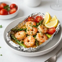 - 1 lb large shrimp, peeled and deveined - 4 tablespoons unsalted butter - 4 cloves garlic, finely minced - 1 tablespoon fresh lemon juice - 1 teaspoon fresh lemon zest - 1 teaspoon dried oregano - 1 teaspoon red pepper flakes - Salt and freshly ground black pepper - 2 cups asparagus, trimmed and cut - 1 cup cherry tomatoes, halved - Fresh parsley for garnish - Lemon wedges for serving - 4 large pieces of aluminum foil To make this Garlic Butter Shrimp Scampi, gather all your ingredients. Start with large shrimp. They should be peeled and deveined for the best taste. The garlic adds a rich flavor, so use fresh cloves. You will need unsalted butter, which is perfect for cooking. The fresh lemon juice and zest bring a bright taste. Dried oregano adds a nice herb note. If you like spice, add red pepper flakes. You can't forget the veggies! Asparagus gives a nice crunch, and cherry tomatoes add sweetness. Don't skip the salt and black pepper; they enhance all the flavors. Fresh parsley will make your dish look nice. Lastly, lemon wedges will be great for serving. This list keeps things simple and delicious. You can find all these items at your local store. With these ingredients, you're on your way to a delightful meal! {{ingredient_image_2}} - Preheat your grill to medium-high heat or set your oven to 400°F. - In a small pan, melt 4 tablespoons of unsalted butter. - Add 4 cloves of finely minced garlic to the melted butter. - Sauté the garlic until it smells great and turns golden. - Mix in 1 tablespoon of fresh lemon juice and 1 teaspoon of lemon zest. - Add 1 teaspoon of dried oregano and 1 teaspoon of red pepper flakes. - Season with salt and black pepper to taste. - Take a piece of aluminum foil and lay it flat. - In the center, place half of the 2 cups of trimmed asparagus and half of the 1 cup of halved cherry tomatoes. - Layer half of the 1 lb of peeled and deveined shrimp on top. - Spoon half of the garlic butter mixture over the shrimp and veggies. - Fold the edges of the foil tightly to seal in steam and flavors. - Repeat this with the remaining ingredients to make a second pack. - Place both packs on the grill or in the oven. - Cook for about 15 to 20 minutes. - Check if the shrimp are pink and opaque, and if the veggies are tender. - Carefully open the pack, being careful of the hot steam. - Sprinkle fresh chopped parsley on top for color and flavor. Serve with lemon wedges. To get shrimp just right, cook them for 15-20 minutes. Look for a pink color and firm texture. Use a food thermometer if you wish. The internal temperature should reach 120°F for safety. You can tweak the flavor easily. Add more garlic for stronger taste. Fresh herbs like basil or parsley can lift your dish. A splash of white wine adds a nice touch, too. Just pour it into the garlic butter mix! Make sure to seal the foil packs well. Fold edges tightly to trap all the steam inside. This keeps your shrimp and veggies moist. To prevent sticking, spray a bit of cooking oil on the foil. This simple step makes cleanup easier and keeps food from sticking. Pro Tips Fresh Ingredients: Always opt for fresh shrimp and vegetables for the best flavor and texture in your dish. Mind the Garlic: Be cautious when sautéing garlic; it can burn quickly and turn bitter if cooked too long. Adjust the Heat: Feel free to adjust the amount of red pepper flakes according to your spice preference to suit your taste buds. Sealing the Pack: Make sure to seal the foil pack tightly to trap the steam, which helps cook the shrimp and vegetables evenly. {{image_4}} You can easily swap shrimp for other seafood. Try using scallops or fish fillets. Mixed seafood combinations work well too. Combine shrimp, scallops, and mussels for an ocean feast. Just make sure to adjust cooking times for different seafood. Each type cooks at its own pace. If you want a vegetarian dish, use tofu or extra veggies. Firm tofu holds up well and absorbs flavor. You can also use zucchini, bell peppers, or mushrooms. For the sauce, try using olive oil instead of butter. Add lemon juice, garlic, and herbs to keep the taste bright. You can cook these foil packs in the oven or on the grill. Both methods give tasty results. For the oven, set it to 400°F and bake for 15-20 minutes. If you use a grill, make sure it’s at medium-high heat. You can even adapt this for an Instant Pot. Use the steam function for about 5 minutes. Just remember to add a bit of water for steam. To keep your Garlic Butter Shrimp Scampi fresh, store leftovers in the fridge. Place them in an airtight container. They will stay good for up to three days. When you are ready to enjoy them again, reheat in the microwave. Heat on medium power for 1-2 minutes, stirring halfway through. You can also reheat in a skillet over low heat. This will help keep the shrimp tender. If you want to save your foil packs for later, freezing is a great option. Wrap each foil pack tightly in plastic wrap first. Then, place them in a freezer-safe bag. They can last for up to three months in the freezer. When you’re ready to eat, remove the pack from the freezer. Thaw in the fridge overnight for best results. To reheat, cook in the oven at 400°F (200°C) for 20-25 minutes. This will warm everything through while keeping it moist and tasty. You can enjoy Garlic Butter Shrimp Scampi with several tasty sides. Here are some great options: - Garlic bread for a buttery, crusty bite. - Steamed rice to soak up the rich garlic butter. - A fresh green salad for a crisp contrast. - Pasta, like linguine, for a classic pairing. - Roasted vegetables to add more healthy color. These sides will enhance the meal and create a well-rounded plate. Yes, you can prep this dish ahead of time. Here are some tips for meal prep: - Mix the garlic butter and veggies the day before. - Store them in the fridge in an airtight container. - You can also clean and devein the shrimp in advance. - Assemble the foil packs and refrigerate until you are ready to cook. - Just remember to cook them within 24 hours for the best taste. This way, you can save time on busy days. Yes, this recipe can easily be made gluten-free. Consider these substitutions: - Use gluten-free pasta if serving it as a side. - Ensure the red pepper flakes are gluten-free. - All the other ingredients listed are naturally gluten-free. With these small swaps, you can enjoy this delicious dish without worry. This blog covered a simple recipe for garlic butter shrimp scampi, focusing on ingredients, steps, tips, and storage. You learned how to make delicious foil packs with shrimp, asparagus, and tomatoes. I shared variations for seafood, vegetarian options, and cooking methods. Remember, cooking should be fun and flexible. Experiment with flavors and make it your own! Enjoy your meal and impress your friends and family with this easy dish.