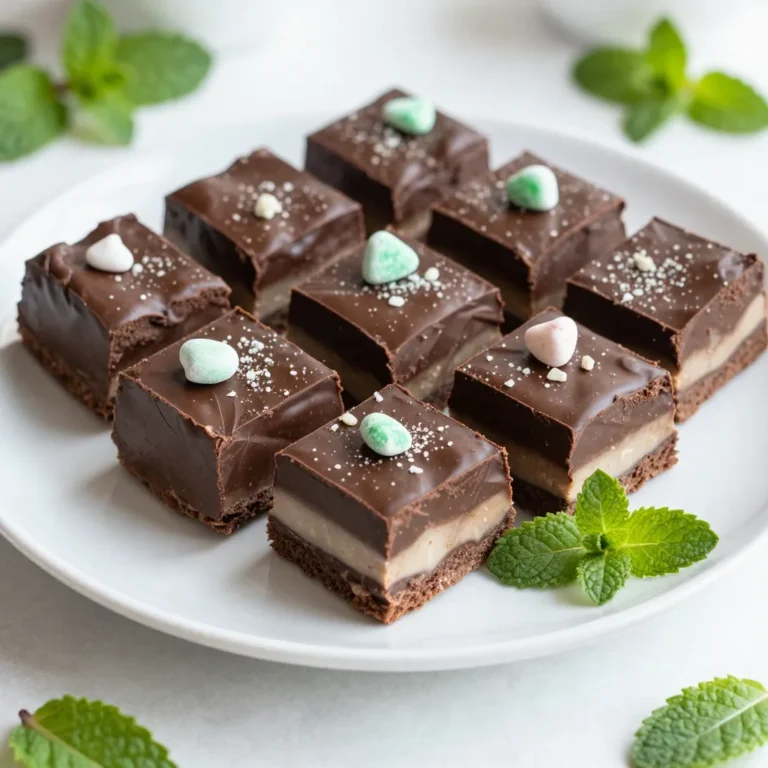 - 2 cups semi-sweet chocolate chips - 1 can (14 oz) sweetened condensed milk - 1/4 cup unsweetened cocoa powder - 1 teaspoon peppermint extract - 1/2 teaspoon pure vanilla extract - 1/4 teaspoon sea salt - 1 1/2 cups powdered sugar - 1/4 cup crushed mint candies Choco-Mint Fudge starts with simple yet rich flavors. Each ingredient plays a key role. The semi-sweet chocolate chips bring sweetness and depth. Sweetened condensed milk adds creaminess. Unsweetened cocoa powder boosts the chocolate taste. The peppermint extract gives that fresh minty kick. Pure vanilla extract adds warmth. Sea salt balances the sweetness. Powdered sugar thickens the fudge, making it perfect. Crushed mint candies give a fun crunch. - Additional crushed mint candies - Drizzle of chocolate sauce For a fun twist, consider optional toppings. More crushed mint candies add texture. A drizzle of chocolate sauce gives a beautiful finish. These extras make your fudge even more appealing! {{ingredient_image_2}} - Line the baking dish. Use parchment paper for easy removal later. - Melt chocolate and condensed milk. Use a medium saucepan over low heat. Stir it well until smooth. - Combine flavoring ingredients. Add cocoa powder, peppermint extract, vanilla extract, and sea salt. Mix until fully blended. - Add powdered sugar gradually. Sift it in while stirring. Keep mixing until the fudge is thick and smooth. - Incorporate mint candies. Gently fold them into the mix to add texture and flavor. - Chill and cut the fudge. Pour it into the lined dish. Place it in the fridge for at least 2 hours. Once set, lift it out and cut it into squares. To make the best choco-mint fudge, focus on melting the chocolate. Use low heat and stir constantly. This helps avoid burning and clumping. Once melted, mix until smooth. You don’t want any lumps in your fudge. A smooth mix makes the fudge creamy and rich. This fudge pairs well with warm tea or coffee. The mint flavor complements hot drinks nicely. For gatherings, present the fudge on a decorative plate. Sprinkle extra crushed mint candies on top for a special touch. It makes the dish look festive and inviting. One common mistake is overheating the chocolate. If it gets too hot, it can burn and ruin the flavor. Another mistake is not cooling the fudge long enough. Allow it to chill in the fridge for at least two hours. This step is key for a firm, sliceable fudge. Pro Tips Use Quality Chocolate: The flavor of your fudge is largely dependent on the chocolate you use. Choose high-quality semi-sweet chocolate chips for the best taste. Let it Cool Gradually: After melting, allow the chocolate mixture to cool slightly before adding the powdered sugar. This will prevent the sugar from clumping and help achieve a smooth consistency. Experiment with Mint: If you love mint, feel free to adjust the amount of peppermint extract and crushed candies according to your preference for a more intense flavor. Storage Tips: Store the fudge in an airtight container at room temperature for up to a week, or refrigerate it for longer shelf life. Make sure to separate layers with parchment paper to prevent sticking. {{image_4}} To make this fudge vegan, swap the chocolate. Use dairy-free chocolate chips. These are easy to find in stores. Next, replace sweetened condensed milk with coconut milk. This keeps the fudge creamy and rich without dairy. For a gluten-free treat, check your mint candies. Some have gluten, so read labels. Use gluten-free options like peppermint candies or Andes mints. Also, ensure all other ingredients are gluten-free. This way, everyone can enjoy your fudge. You can make a healthier fudge by cutting back on sugar. Try using natural sweeteners like honey or maple syrup. These options give a nice flavor without too much sugar. You can also mix in nuts or seeds for extra nutrition. To keep your Choco-Mint Fudge fresh, store it in an airtight container. This helps keep moisture out. You can also place a piece of wax paper between layers to prevent sticking. For best taste, refrigerate the fudge. It stays firm and delicious when chilled. Choco-Mint Fudge lasts about two weeks in the fridge. You can also freeze it for up to three months. Check for signs of spoilage. If it smells off or has a dry texture, it’s best to toss it. Fresh fudge should feel soft and moist. To soften chilled fudge, let it sit at room temperature for about 10-15 minutes. If it feels too hard, you can microwave it for a few seconds. Just be careful not to melt it. Revive the texture by cutting it into smaller pieces. This makes it easier to enjoy! To make Choco-Mint Fudge, follow these easy steps: 1. Prepare the Pan: Line an 8x8 inch baking dish with parchment paper. Leave some paper hanging over the sides for easy lifting later. 2. Melt the Chocolate: In a medium saucepan, mix 2 cups of semi-sweet chocolate chips and 1 can (14 oz) of sweetened condensed milk. Heat on low, stirring until smooth. 3. Mix in Flavorings: Remove from heat. Stir in 1/4 cup unsweetened cocoa powder, 1 teaspoon peppermint extract, 1/2 teaspoon pure vanilla extract, and 1/4 teaspoon sea salt. Mix well. 4. Add the Sugar: Gradually sift in 1 1/2 cups powdered sugar. Keep stirring until the mixture is smooth and thick. 5. Incorporate Mint Candies: Fold in 1/4 cup crushed mint candies for extra flavor and crunch. 6. Transfer to the Pan: Pour the fudge into the prepared pan. Spread it evenly with a spatula. 7. Chill: Place the dish in the fridge for at least 2 hours until the fudge is firm. 8. Cut into Squares: Once set, lift the fudge from the pan using the parchment paper. Cut it into small squares. Yes, you can substitute some ingredients: - Chocolate Chips: Use dark chocolate or milk chocolate if you prefer a different flavor. - Sweetened Condensed Milk: You can use coconut milk for a dairy-free option. - Mint Candies: Use any type of crushed mint candies, like Andes mints or peppermint candies. - Powdered Sugar: If you want a healthier option, you can try using a sugar substitute or natural sweetener. You can find Choco-Mint Fudge at local bakeries or online stores. Here are some options: - Local Bakeries: Check out bakeries in your area. Many make fresh fudge. - Online Stores: Websites like Amazon or specialty candy shops often have a variety of fudge, including Choco-Mint. - Farmers' Markets: Local markets sometimes feature homemade fudge from local vendors. You learned how to make delicious choco-mint fudge. The recipe is simple with easy steps. Remember to melt the chocolate well and mix smoothly. Try the variations for vegan or gluten-free options. Store your fudge in an airtight container for best freshness. Enjoy this treat with friends or family. It is a tasty delight for any occasion. I hope you feel inspired to make your own fudge!