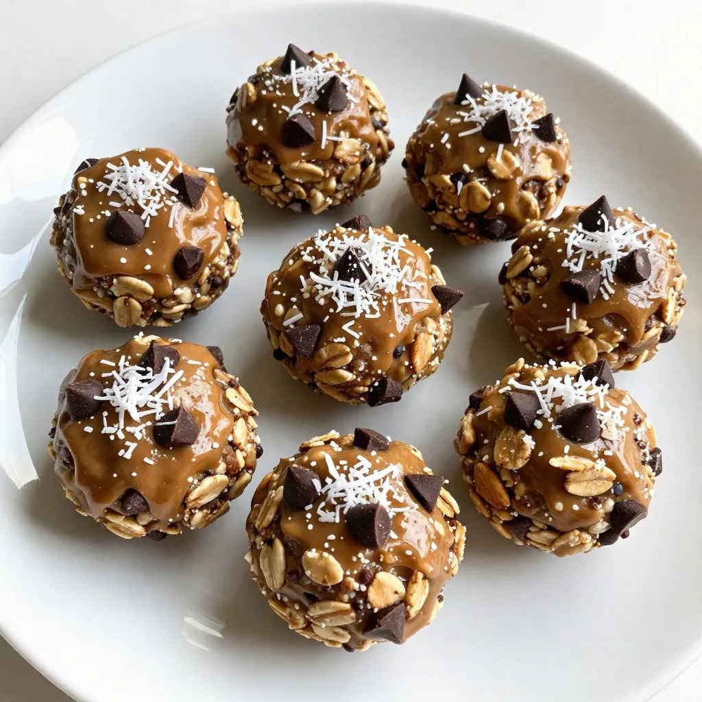 - 1 cup creamy almond butter - 1 cup rolled oats - 1/4 cup honey or maple syrup - 1/4 cup unsweetened shredded coconut - 1/4 cup dark chocolate chips - 1/2 teaspoon pure vanilla extract - A pinch of fine sea salt These ingredients come together to make a delicious treat. The creamy almond butter acts as the base. It gives the bites a rich, nutty flavor. Rolled oats add a hearty texture and help hold everything together. Honey or maple syrup sweetens the mixture. Unsweetened coconut adds chewiness, while dark chocolate chips offer a nice touch of sweetness. Vanilla extract adds depth, and sea salt enhances the flavors. You can get creative with your energy bites! Here are some fun additions: - Chia seeds for added nutrition - Nutmeg or cinnamon for warmth - Dried fruit, like cranberries or raisins, for extra sweetness - Nuts like almonds or walnuts for crunch These options let you customize your bites to your taste. Each choice can bring a new twist to the recipe. - Almond butter: Packed with healthy fats and protein, it helps keep you full. - Rolled oats: A great source of fiber, they aid digestion and provide energy. - Honey or maple syrup: Natural sweeteners that offer quick energy boosts. - Unsweetened shredded coconut: Contains healthy fats and can support heart health. - Dark chocolate chips: Rich in antioxidants, they can improve mood. - Vanilla extract: May have calming effects and enhance flavor without extra sugar. - Sea salt: Balances sweetness and can help with hydration after exercise. Each ingredient adds not just flavor, but also benefits for your body. Enjoy these energy bites as a tasty and healthy snack! {{ingredient_image_2}} To start, grab a large mixing bowl. Add 1 cup of creamy almond butter to the bowl. Next, pour in 1 cup of rolled oats. I like to use old-fashioned oats for a nice texture. Now, add 1/4 cup of honey or grade A maple syrup for sweetness. Then, sprinkle in 1/4 cup of unsweetened shredded coconut. This adds a lovely chewiness. Toss in 1/4 cup of dark chocolate chips. You can choose dairy-free chips if needed. Next, add 1/2 teaspoon of pure vanilla extract and a pinch of fine sea salt. Use a sturdy spatula or spoon to mix everything well. You want a sticky dough that holds together. Once your mixture is ready, wash your hands. Scoop out about 1 tablespoon of the mixture. Roll it into a smooth ball. Keep going until you shape all the mixture into bites. You should get around 12 to 15 bites. Place them on a parchment-lined baking sheet. Ensure they have space to breathe. Now it’s time to chill. Put the baking sheet in the fridge for at least 30 minutes. This helps the bites firm up and hold their shape. After they have chilled, transfer the bites to an airtight container. Store them in the fridge. They will stay fresh for up to one week. Enjoy these tasty bites as a quick snack or a boost before your workout! To mix the ingredients, use a large bowl. Start with creamy almond butter as your base. Next, add rolled oats, honey, and shredded coconut. You want this mix to be sticky. Use a sturdy spatula or spoon to stir well. Make sure all ingredients blend together. For rolling, clean your hands first. This keeps the dough from sticking. Take about one tablespoon of mix and roll it into a ball. One common mistake is not measuring ingredients correctly. This can change the texture. Too much almond butter makes the bites too soft. Not enough oats can make them crumbly. Another mistake is skipping the chilling step. Chilling helps them firm up. If you skip it, the bites may fall apart easily. Also, avoid using too many chocolate chips. They can overwhelm the flavor. To boost flavor, try adding spices like cinnamon or nutmeg. These spices add warmth and depth. You can also mix in a bit of peanut butter for a richer taste. If you like crunch, add chopped nuts or seeds. For a tropical twist, use more shredded coconut. To improve texture, consider using old-fashioned oats. They provide a chewier bite. Enjoy experimenting to find your favorite mix! Pro Tips Storage Tips: Keep the energy bites in an airtight container in the refrigerator to maintain freshness for up to a week. Customization Options: Feel free to mix in your favorite nuts or seeds for added crunch and nutrition. Sweetness Adjustment: If you prefer a sweeter taste, increase the honey or maple syrup slightly to suit your palate. Chocolate Choices: Experiment with different types of chocolate chips, such as white chocolate or nut-free options, for a unique flavor twist. {{image_4}} To make these bites vegan, simply swap honey for maple syrup. This keeps them plant-based. Almond butter is already vegan, so you’re good there. You can enjoy these bites without any animal products. If you need gluten-free snacks, choose certified gluten-free oats. Most rolled oats are safe, but always check the label. The other ingredients, like almond butter and chocolate chips, are naturally gluten-free. You can enjoy these bites without worry. Feel free to get creative with add-ins! You can mix in dried fruits like cranberries, raisins, or apricots. Chopped nuts like walnuts or pecans add crunch and flavor. Just remember to adjust the amount of almond butter if you add a lot of extras. To keep your Almond Butter Energy Bites fresh, use an airtight container. Place them in the fridge right after chilling. They will stay good for about one week. Make sure they are not exposed to air. This keeps them moist and tasty. To extend freshness, layer parchment paper between bites in the container. This prevents them from sticking together. Keep the container in the coldest part of your refrigerator. Avoid the door, as it can be warmer from opening and closing. You can freeze these energy bites for up to three months. First, place them in a single layer on a baking sheet. Freeze them for about two hours. Once frozen, transfer them to a zip-top bag. Label the bag with the date. When you want one, just take it out and let it thaw at room temperature. You can use peanut butter or sunflower seed butter. These options work well. They offer similar textures and flavors. If you have nut allergies, sunflower butter is a great choice. This will keep the recipe safe for everyone. When stored in an airtight container, these bites last about one week. Keep them in the fridge for the best taste. You can also freeze them for up to three months. Just thaw them in the fridge before enjoying. Yes, you can skip sweeteners. Use ripe bananas or dates for natural sweetness. These fruits add flavor and moisture. Adjust your ingredients to keep the same texture, and you will still enjoy tasty bites. Absolutely! These energy bites are perfect for meal prep. You can make a large batch and store them. They are quick snacks for busy days or after workouts. Grab a bite, and you’re ready to go! One energy bite has about 100 calories. It contains healthy fats, fiber, and protein. Each bite offers nutrients from almond butter, oats, and dark chocolate. This makes them a wholesome snack choice. Almond Butter Energy Bites are simple to make and great for snacks. We covered key ingredients and health benefits, plus step-by-step instructions. You learned tips to mix and shape them right, and we explored fun flavor variations. Proper storage keeps them fresh for longer. Remember, feel free to swap ingredients to suit your taste. This recipe offers nutrition and energy in a tasty bite. Enjoy making these healthy treats to fuel your day!