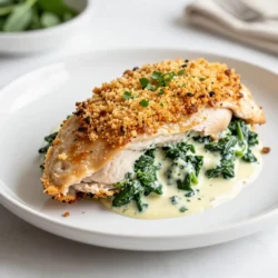 To make creamy spinach stuffed chicken breast, gather these key items: - 4 boneless, skinless chicken breasts - 2 cups fresh spinach, chopped - 1 cup cream cheese, softened - 1/2 cup grated Parmesan cheese - 1 teaspoon garlic powder - 1 teaspoon onion powder - Salt and pepper to taste - 1 tablespoon olive oil - 1/2 cup breadcrumbs for topping - Fresh herbs (like parsley or basil) for garnish You can add unique flavors to your dish with these optional ingredients: - Crumbled feta cheese for a tangy taste - Sun-dried tomatoes for sweetness - Cooked mushrooms for an earthy touch - Different herbs like thyme or dill Using the right tools makes cooking easier and more fun. Here are what you need: - A sharp knife for slicing chicken - A medium skillet for sautéing spinach - A mixing bowl for combining ingredients - A baking dish for the chicken - Measuring cups and spoons for accuracy - Toothpicks to secure the chicken pockets if needed {{ingredient_image_2}} 1. Preheat your oven to 375°F (190°C). This ensures the chicken cooks well. 2. Heat olive oil in a medium skillet over medium heat. Add chopped spinach to the skillet. 3. Sauté the spinach for 2-3 minutes. It should wilt and turn bright green. 4. In a mixing bowl, combine the sautéed spinach with cream cheese, Parmesan cheese, garlic powder, and onion powder. 5. Season with salt and pepper. Mix until everything is smooth and well-blended. 6. Pat the chicken breasts dry with a paper towel. 7. Use a sharp knife to cut a pocket into each chicken breast. Do this carefully on one side. 8. Stuff each chicken breast pocket with the creamy spinach mixture. Pack it in well. 9. Optionally, use toothpicks to secure the openings. This keeps the filling from leaking. 10. Place the stuffed chicken in a baking dish. 11. Sprinkle breadcrumbs evenly over the tops. This gives a lovely crunchy crust. 12. Bake in the preheated oven for 25-30 minutes. The chicken should reach an internal temperature of 165°F (75°C). 13. After baking, take the dish out of the oven. Let the chicken rest for about 5 minutes. 14. This resting time keeps the chicken juicy. 15. Garnish with fresh herbs like parsley or basil for a pop of color and flavor. Enjoy this creamy spinach stuffed chicken breast as a hearty meal. It is simple, delicious, and sure to impress! Use fresh ingredients for the best taste. Sauté spinach in olive oil to keep it bright. Mix cream cheese and Parmesan until smooth. This creates a rich filling. Slice chicken breasts carefully to form pockets. Make sure to pack the filling well to avoid leaks. Don’t skip the resting time after baking. This helps keep the chicken juicy. Ensure the oven is preheated before baking. If not, the chicken may not cook evenly. Avoid overfilling the chicken pockets. This can cause the stuffing to spill out during baking. For the perfect stuffing, mix until fully blended. Use a good balance of cream cheese and cheese. Adjust garlic and onion powder to your taste. If you want a bit of spice, add red pepper flakes. Lastly, sprinkle breadcrumbs on top for a crispy finish. Pro Tips Use Fresh Spinach: For the best flavor and texture, always opt for fresh spinach instead of frozen. It will enhance the dish significantly. Don't Overstuff: While it's tempting to add more filling, be cautious not to overstuff the chicken to avoid leaks during cooking. Let it Rest: Allowing the chicken to rest after baking is crucial for retaining moisture, making each bite succulent. Experiment with Cheese: Feel free to mix in different cheeses like feta or mozzarella for a unique twist on flavor. {{image_4}} You can switch up the stuffing for unique flavors. Try adding cooked mushrooms for an earthy taste. Artichoke hearts add a nice tang that complements the spinach. For a spicy kick, include some chopped jalapeños. You can also use ricotta cheese instead of cream cheese for a lighter filling. If you want a different base, use turkey cutlets. They are lean and cook similarly. Pork chops can also work well, giving a different texture. For a vegetarian option, try large portobello mushrooms. They provide a meaty bite and soak up flavors nicely. Boost the taste by adding some lemon zest to the filling. This adds brightness and freshness. A pinch of nutmeg can elevate the spinach flavor, making it richer. Consider drizzling balsamic glaze over the finished chicken for a sweet and tangy finish. Fresh herbs like thyme or dill in the stuffing can also add depth. To keep your creamy spinach stuffed chicken breast fresh, store it properly. Allow the chicken to cool completely before packing. Place it in an airtight container. This helps retain moisture and flavor. You can also wrap it tightly in plastic wrap or aluminum foil. Store it in the fridge for up to three days. When ready to enjoy your leftovers, reheat the chicken safely. Preheat your oven to 350°F (175°C). Place the chicken in a baking dish. Cover it with foil to keep it moist. Heat for about 15-20 minutes or until it reaches 165°F (75°C). You can also use the microwave. Heat it on medium power in short bursts, checking often. Want to save some for later? Freezing is a great option! First, let the chicken cool. Wrap each piece in plastic wrap. Then, place them in a freezer-safe bag. Remove as much air as possible before sealing. Label the bag with the date. You can freeze the chicken for up to three months. When you're ready to eat, thaw it in the fridge overnight before reheating. The best side dish is roasted potatoes. They add great flavor and texture. You can also serve sautéed vegetables. Think about green beans or zucchini for a fresh touch. A light salad pairs well too. Use a simple vinaigrette to keep it bright. Each side enhances the creamy chicken. They make your meal feel complete. Yes, you can use frozen spinach. Just make sure to thaw it first. Squeeze out excess water so it does not make the filling soggy. The flavor will still be good, but fresh spinach adds a nice touch. If you choose frozen, adjust the amount to about one cup. This keeps the filling rich and creamy. Check the internal temperature of the chicken. It should reach 165°F (75°C) to ensure it is safe to eat. You can use a meat thermometer for accuracy. If you don’t have one, cut into the chicken to check. The meat should be opaque with no pink inside. This ensures your chicken is juicy and safe. You’ve learned about the essential ingredients and tools for creamy spinach stuffed chicken. I shared step-by-step instructions, helpful tips, and variations to make it your own. Remember to avoid common mistakes for the best taste. Proper storage methods keep leftovers fresh. This dish is easy, tasty, and sure to impress. Enjoy cooking and serving this delicious meal!