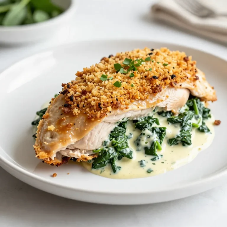 To make creamy spinach stuffed chicken breast, gather these key items: - 4 boneless, skinless chicken breasts - 2 cups fresh spinach, chopped - 1 cup cream cheese, softened - 1/2 cup grated Parmesan cheese - 1 teaspoon garlic powder - 1 teaspoon onion powder - Salt and pepper to taste - 1 tablespoon olive oil - 1/2 cup breadcrumbs for topping - Fresh herbs (like parsley or basil) for garnish You can add unique flavors to your dish with these optional ingredients: - Crumbled feta cheese for a tangy taste - Sun-dried tomatoes for sweetness - Cooked mushrooms for an earthy touch - Different herbs like thyme or dill Using the right tools makes cooking easier and more fun. Here are what you need: - A sharp knife for slicing chicken - A medium skillet for sautéing spinach - A mixing bowl for combining ingredients - A baking dish for the chicken - Measuring cups and spoons for accuracy - Toothpicks to secure the chicken pockets if needed {{ingredient_image_2}} 1. Preheat your oven to 375°F (190°C). This ensures the chicken cooks well. 2. Heat olive oil in a medium skillet over medium heat. Add chopped spinach to the skillet. 3. Sauté the spinach for 2-3 minutes. It should wilt and turn bright green. 4. In a mixing bowl, combine the sautéed spinach with cream cheese, Parmesan cheese, garlic powder, and onion powder. 5. Season with salt and pepper. Mix until everything is smooth and well-blended. 6. Pat the chicken breasts dry with a paper towel. 7. Use a sharp knife to cut a pocket into each chicken breast. Do this carefully on one side. 8. Stuff each chicken breast pocket with the creamy spinach mixture. Pack it in well. 9. Optionally, use toothpicks to secure the openings. This keeps the filling from leaking. 10. Place the stuffed chicken in a baking dish. 11. Sprinkle breadcrumbs evenly over the tops. This gives a lovely crunchy crust. 12. Bake in the preheated oven for 25-30 minutes. The chicken should reach an internal temperature of 165°F (75°C). 13. After baking, take the dish out of the oven. Let the chicken rest for about 5 minutes. 14. This resting time keeps the chicken juicy. 15. Garnish with fresh herbs like parsley or basil for a pop of color and flavor. Enjoy this creamy spinach stuffed chicken breast as a hearty meal. It is simple, delicious, and sure to impress! Use fresh ingredients for the best taste. Sauté spinach in olive oil to keep it bright. Mix cream cheese and Parmesan until smooth. This creates a rich filling. Slice chicken breasts carefully to form pockets. Make sure to pack the filling well to avoid leaks. Don’t skip the resting time after baking. This helps keep the chicken juicy. Ensure the oven is preheated before baking. If not, the chicken may not cook evenly. Avoid overfilling the chicken pockets. This can cause the stuffing to spill out during baking. For the perfect stuffing, mix until fully blended. Use a good balance of cream cheese and cheese. Adjust garlic and onion powder to your taste. If you want a bit of spice, add red pepper flakes. Lastly, sprinkle breadcrumbs on top for a crispy finish. Pro Tips Use Fresh Spinach: For the best flavor and texture, always opt for fresh spinach instead of frozen. It will enhance the dish significantly. Don't Overstuff: While it's tempting to add more filling, be cautious not to overstuff the chicken to avoid leaks during cooking. Let it Rest: Allowing the chicken to rest after baking is crucial for retaining moisture, making each bite succulent. Experiment with Cheese: Feel free to mix in different cheeses like feta or mozzarella for a unique twist on flavor. {{image_4}} You can switch up the stuffing for unique flavors. Try adding cooked mushrooms for an earthy taste. Artichoke hearts add a nice tang that complements the spinach. For a spicy kick, include some chopped jalapeños. You can also use ricotta cheese instead of cream cheese for a lighter filling. If you want a different base, use turkey cutlets. They are lean and cook similarly. Pork chops can also work well, giving a different texture. For a vegetarian option, try large portobello mushrooms. They provide a meaty bite and soak up flavors nicely. Boost the taste by adding some lemon zest to the filling. This adds brightness and freshness. A pinch of nutmeg can elevate the spinach flavor, making it richer. Consider drizzling balsamic glaze over the finished chicken for a sweet and tangy finish. Fresh herbs like thyme or dill in the stuffing can also add depth. To keep your creamy spinach stuffed chicken breast fresh, store it properly. Allow the chicken to cool completely before packing. Place it in an airtight container. This helps retain moisture and flavor. You can also wrap it tightly in plastic wrap or aluminum foil. Store it in the fridge for up to three days. When ready to enjoy your leftovers, reheat the chicken safely. Preheat your oven to 350°F (175°C). Place the chicken in a baking dish. Cover it with foil to keep it moist. Heat for about 15-20 minutes or until it reaches 165°F (75°C). You can also use the microwave. Heat it on medium power in short bursts, checking often. Want to save some for later? Freezing is a great option! First, let the chicken cool. Wrap each piece in plastic wrap. Then, place them in a freezer-safe bag. Remove as much air as possible before sealing. Label the bag with the date. You can freeze the chicken for up to three months. When you're ready to eat, thaw it in the fridge overnight before reheating. The best side dish is roasted potatoes. They add great flavor and texture. You can also serve sautéed vegetables. Think about green beans or zucchini for a fresh touch. A light salad pairs well too. Use a simple vinaigrette to keep it bright. Each side enhances the creamy chicken. They make your meal feel complete. Yes, you can use frozen spinach. Just make sure to thaw it first. Squeeze out excess water so it does not make the filling soggy. The flavor will still be good, but fresh spinach adds a nice touch. If you choose frozen, adjust the amount to about one cup. This keeps the filling rich and creamy. Check the internal temperature of the chicken. It should reach 165°F (75°C) to ensure it is safe to eat. You can use a meat thermometer for accuracy. If you don’t have one, cut into the chicken to check. The meat should be opaque with no pink inside. This ensures your chicken is juicy and safe. You’ve learned about the essential ingredients and tools for creamy spinach stuffed chicken. I shared step-by-step instructions, helpful tips, and variations to make it your own. Remember to avoid common mistakes for the best taste. Proper storage methods keep leftovers fresh. This dish is easy, tasty, and sure to impress. Enjoy cooking and serving this delicious meal!