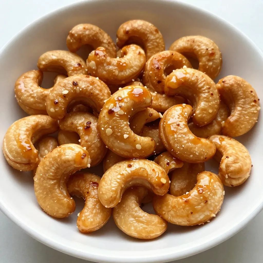 Here’s what you need to make Sriracha Honey Roasted Cashews. These simple ingredients create a crunchy snack that packs a punch! - 2 cups raw cashews - 2 tablespoons honey - 1 tablespoon Sriracha sauce - 1 teaspoon soy sauce - 1 teaspoon extra virgin olive oil - 1/2 teaspoon garlic powder - 1/2 teaspoon salt (adjustable to taste) - 1/4 teaspoon freshly ground black pepper Using fresh ingredients makes a huge difference. Raw cashews give the best texture. Honey adds sweetness, while Sriracha gives heat. The soy sauce adds umami. Olive oil helps the spices stick. Garlic powder adds depth, and salt enhances all the flavors. Black pepper adds a nice kick. Feel free to adjust the salt and Sriracha to suit your taste. If you like it spicier, add more Sriracha. For a sweeter touch, increase the honey. This recipe is flexible, so make it your own! {{ingredient_image_2}} - Preheat the oven to 350°F (175°C). Line a baking sheet with parchment paper. This helps the cashews not stick and makes cleanup easy. - In a medium bowl, whisk together the honey, Sriracha sauce, soy sauce, extra virgin olive oil, garlic powder, salt, and black pepper. Mix until smooth and well combined. - Pour the raw cashews into the bowl with the glaze. Toss gently until all the cashews are coated. Each nut should shine with the sauce! - Carefully transfer the coated cashews to the prepared baking sheet. Spread them into a single layer for even roasting. - Place the baking sheet in the oven. Roast the cashews for 15 to 20 minutes. Stir them every 5 minutes. This keeps them from burning and helps them brown evenly. Watch them closely! - Once the cashews are golden and fragrant, take them out of the oven. Let them cool completely on the baking sheet. They will get crunchier as they cool. - After they cool, move the cashews to an airtight container. Store them for up to 2 weeks. Enjoy your tasty, spicy treats! Adjusting spice levels You can change the heat of your cashews. Add less Sriracha for a milder kick. Want more heat? Just add a bit more Sriracha. Always taste your glaze before coating the nuts. This way, you can find your perfect mix. Ensuring even roasting To get a nice, even roast, spread the cashews in a single layer. This helps all sides cook evenly. Stir them every five minutes. This step keeps them from burning and gives you a perfect crunch. Storing for freshness Once your cashews cool, put them in an airtight container. Keep them in a cool, dry place. They can stay fresh for up to two weeks. If you want them to last longer, you can freeze them. Just remember to thaw them before snacking! Presentation tips for serving Serve these cashews in a pretty bowl. You can add some fresh herbs or a sprinkle of sea salt on top. This makes them look more inviting. It’s a great treat for parties or family gatherings. Pairing with beverages These cashews go well with drinks like beer or sweet tea. The heat and sweetness balance nicely with these drinks. You can also try them with cocktails. They add a fun twist to your drink time! Creative ways to use as toppings You can use these cashews as a topping on salads or grain bowls. They add crunch and flavor. Try them on desserts like ice cream or yogurt. The mix of sweet and spicy will surprise your taste buds! Pro Tips Use Fresh Cashews: For the best flavor and crunch, opt for fresh, high-quality raw cashews. Stale nuts can compromise the taste and texture of your snack. Adjust Spice Level: If you prefer a milder flavor, reduce the amount of Sriracha in the recipe. You can also add more honey to balance the heat. Monitor Roasting Time: Keep a close eye on the cashews while they roast. They can quickly go from perfectly golden to burnt, so stir them regularly. Experiment with Flavors: Feel free to customize the recipe by adding other spices or herbs, such as smoked paprika or cayenne pepper, for an extra kick! {{image_4}} You can change the recipe a bit. Here are some easy swaps: - Alternative sweeteners: Use maple syrup or agave instead of honey. Both add a nice sweetness. - Different types of nuts: Try almonds or walnuts if you want a new taste. Each nut brings its own crunch. - Adding spices or herbs: Mix in cayenne for more heat or add rosemary for a fresh twist. These changes keep the recipe fun and tasty! You can mix up the flavors to suit your taste. Here are some ideas: - Sweet and spicy variations: Add extra Sriracha for more heat. You can also try a bit of brown sugar for a sweeter touch. - Savory twists: Try adding smoked paprika or cumin. These spices add depth and a savory kick. - Adding extra crunch with seeds: Toss in sunflower or pumpkin seeds. They add more texture and flavor to your snack. These combinations make your Sriracha honey roasted cashews exciting every time you make them! To keep your Sriracha honey roasted cashews fresh, use an airtight container. Glass jars or plastic containers with a secure lid work great. This helps keep out moisture and air, which can make them stale. Store the cashews at room temperature in a cool, dry spot. Avoid sunlight and heat sources like the stove. You can also place them in the fridge if you want them to last longer. Just remember to let them warm up a bit before eating. These spicy-sweet cashews stay fresh for about two weeks. After that, they may lose their crunch and flavor. Signs of spoilage include a rancid smell or a bitter taste. If you notice any of these, it’s best to toss them out. Enjoy your tasty snack while it’s fresh! Can I use roasted cashews instead of raw? Yes, you can use roasted cashews. However, raw cashews absorb the glaze better. This gives a richer flavor. If you use roasted cashews, reduce the roasting time. How spicy is the Sriracha honey combination? The spice level is adjustable. Sriracha brings heat, but honey adds sweetness. Start with one tablespoon. You can add more Sriracha if you like it spicier. What can I pair these cashews with? These cashews pair well with many snacks. Try them with cheese or on a salad. They also make a great topping for soups. Health benefits of cashews Cashews are packed with healthy fats. They are a great source of protein. They also contain vitamins and minerals. Eating cashews can support heart health. Nutritional content per serving One serving (about 1 ounce) has around 157 calories. It contains 5 grams of protein and 12 grams of fat. This includes good fats that support wellness. Best brands for Sriracha honey roasted cashews Look for brands like Blue Diamond or Trader Joe's. They offer quality cashews with great flavor. Check the labels for Sriracha honey flavors. Online and local options You can find these cashews at most grocery stores. Online retailers like Amazon often have great options too. Just make sure to read reviews for quality. You now have a clear guide to making Sriracha honey roasted cashews. Remember to use fresh ingredients for the best taste. Adjust spice and sweetness to fit your liking. Store them well to keep them fresh and crunchy. These cashews are great as snacks or toppings. Experiment with different nuts and flavors to find your perfect mix. Enjoy this delicious and simple recipe! You’ll impress friends and family alike with your tasty treat.