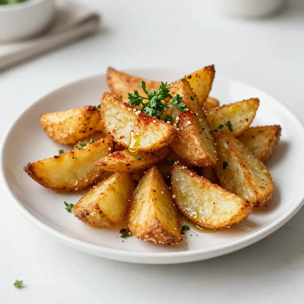 - 4 medium russet potatoes - 3 tablespoons olive oil - 1 teaspoon garlic powder - 1 teaspoon paprika - 1 teaspoon dried oregano - ½ teaspoon salt - ¼ teaspoon black pepper - Optional garnish: Fresh parsley The key to making crispy air fryer potato wedges starts with the right ingredients. I always choose russet potatoes for their starchy texture. This makes them perfect for a crisp outside and soft inside. You need to wash and scrub the potatoes well. This removes any dirt and makes them nice and clean. Olive oil helps the spices stick and gives the wedges a lovely golden color. Garlic powder adds depth of flavor. Paprika gives a hint of smokiness, while dried oregano adds a touch of earthiness. Salt and black pepper bring everything together. If you want a pop of color, fresh parsley makes a great garnish. It adds a fresh taste that complements the wedges perfectly. {{ingredient_image_2}} Preheat your air fryer to 400°F (200°C). This step only takes about 5 minutes. A hot air fryer helps the wedges get crispy. Take 4 medium russet potatoes. Wash and scrub them well. Slice each potato in half lengthwise. Then, cut each half into thick wedges. Make sure they are all about the same size. This helps them cook evenly. In a large mixing bowl, add the potato wedges. Drizzle 3 tablespoons of olive oil over them. Toss the wedges gently until they are all coated. Next, sprinkle 1 teaspoon of garlic powder, 1 teaspoon of paprika, 1 teaspoon of dried oregano, ½ teaspoon of salt, and ¼ teaspoon of black pepper over the wedges. Toss again to mix the spices evenly. Arrange the seasoned wedges in a single layer in the air fryer basket. Leave space between each wedge so hot air can flow. Cook them for 15 to 20 minutes. Shake the basket halfway through to help them brown. The wedges are done when they are golden brown and crispy. Take them out and let them cool for a bit. If you like, sprinkle fresh parsley on top before serving. To make the best crispy air fryer potato wedges, you must cut the potatoes evenly. When the wedges are the same size, they cook more evenly. This means no soggy pieces! Aim for about 1-inch thick wedges for the best results. Next, load your air fryer correctly. Place the wedges in a single layer. Leave space between each wedge. This allows hot air to circulate and crisp every side. If you have a lot of wedges, cook them in batches. It may take longer, but the crispiness is worth it! While the basic seasoning is tasty, you can get creative! Try adding cayenne pepper for heat. A sprinkle of Parmesan cheese can give a nice flavor boost, too. You can also use fresh herbs like rosemary or thyme. Just chop them finely and mix them in. Experiment with what you like best! Serve your crispy potato wedges hot for the best taste. They pair well with many dips. Ketchup is a classic choice, but try ranch dressing for a creamy touch. You can also serve them with a spicy aioli or a tangy barbecue sauce. For a fresh look, add a sprinkle of chopped parsley on top before serving! Pro Tips Choose the Right Potatoes: Russet potatoes are ideal for wedges due to their starchy texture, which provides a fluffy interior and a crispy exterior. Uniform Sizing: Cut your wedges to a similar size to ensure even cooking. This prevents some from being overcooked while others remain underdone. Don't Overcrowd the Basket: Arrange the wedges in a single layer in the air fryer. Overcrowding can lead to steaming instead of crisping. Experiment with Seasonings: Feel free to customize the seasoning mix to your taste. Try adding cayenne pepper for heat or Parmesan cheese for a cheesy twist! {{image_4}} You can spice up your wedges easily. For a kick, add cayenne pepper. This will give your wedges a nice heat. Just a sprinkle will do! If you prefer herbs, try using rosemary or thyme. These herbs add a fresh flavor. Mix them in with your spices for a tasty twist! If you don't have an air fryer, no worries! You can bake these wedges in the oven. Preheat your oven to 425°F (220°C). Spread the wedges on a baking sheet. Make sure they are not too close together. Bake for 30 to 35 minutes. Flip them halfway through. This will help them get crispy. Want to make these wedges vegan? Simply use oil without any animal products. All the ingredients are already plant-based! If you need gluten-free options, check your seasoning labels. Most spices are gluten-free, but it’s good to ensure. Enjoy these wedges worry-free, no matter your diet! To keep your crispy air fryer potato wedges fresh, place them in an airtight container. Before you store them, let the wedges cool completely. This step prevents steam from building up inside, which can make them soggy. Store the container in the refrigerator. Your wedges will stay good for about 3 to 4 days. When it's time to enjoy your leftovers, reheating them properly is key. To keep your wedges crispy, use the air fryer again. Preheat the air fryer to 350°F (175°C). Place the wedges in a single layer and heat for about 5 to 7 minutes. Check them halfway through and shake the basket. This way, they will crisp back up nicely! If you want to save some wedges for later, freezing works well. First, let the wedges cool completely. Then, spread them in a single layer on a baking sheet. Place the sheet in the freezer for about 1 hour. This prevents them from sticking together. Once frozen, transfer the wedges to a freezer bag. Make sure to remove as much air as possible. They can last in the freezer for up to 3 months. When you're ready to eat, cook them straight from frozen in the air fryer at 400°F (200°C) for about 15 to 20 minutes. To get crispy potato wedges, start by cutting them evenly. Aim for thick wedges, about 1 inch. This helps them cook evenly. Preheat the air fryer to 400°F (200°C) for five minutes. This heat ensures a crispy outside. Coat the wedges with olive oil. This adds flavor and helps with crispiness. Don't skip this step! Spread the wedges in a single layer in the basket. This allows hot air to circulate around each piece. If you crowd them, they won't crisp up well. Shake the basket halfway through cooking. This helps them brown evenly. Cook for 15 to 20 minutes. Watch for a golden-brown color, which means they are ready. Yes, you can use different types of potatoes! While russet potatoes are great, Yukon Golds or red potatoes work well too. Yukon Golds are creamy and delicious. They give a nice texture. Red potatoes hold their shape well and add color. When using other types, adjust the cooking time if needed. Some potatoes may cook faster or slower. Always cut them to a similar size for best results. You can get creative with your seasonings! Beyond garlic powder and paprika, try adding cayenne for heat. If you love herbs, rosemary or thyme adds a fresh taste. You can also mix in some cheese powder for a cheesy flavor. For a twist, add taco seasoning for a fun kick. Don't forget to taste your mix before adding it to the wedges. This way, you can find the perfect blend for your taste. You can make crispy and tasty potato wedges using simple ingredients and easy steps. We covered everything from prepping your air fryer to storing leftovers. Remember to choose uniform potato sizes and try new seasonings for fun flavors. Whether you go for spicy or herby, these wedges can fit any taste. Enjoy them fresh or save leftovers for later. With these tips, you’ll make the best potato wedges every time.