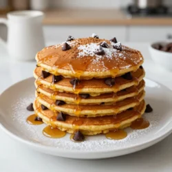 To make these tasty pancakes, you need: - 1 cup all-purpose flour - 1/2 cup canned pure pumpkin - 2 tablespoons granulated sugar - 1 teaspoon baking powder - 1/2 teaspoon baking soda - 1/4 teaspoon fine salt - 1 teaspoon ground cinnamon - 1/2 teaspoon ground nutmeg - 1 cup milk (your choice of dairy or non-dairy) - 1 large egg - 1 tablespoon melted butter or coconut oil - 1/2 cup semi-sweet chocolate chips - Additional butter or oil for greasing the skillet You can add extra flavors and textures to your pancakes. Here are some ideas: - Chopped nuts (like walnuts or pecans) - A splash of vanilla extract - A pinch of ginger or cloves for spice - Whipped cream for topping If you have dietary needs, try these swaps: - Use gluten-free flour instead of all-purpose flour. - Swap the milk for almond, soy, or oat milk for a dairy-free option. - Replace the egg with a flax egg (1 tablespoon ground flaxseed mixed with 2.5 tablespoons water). - Use coconut oil instead of butter for a dairy-free fat option. These swaps keep all the flavors while meeting your needs. Enjoy your cooking adventure with these pancakes! {{ingredient_image_2}} Start by gathering your dry ingredients. In a large bowl, combine 1 cup of all-purpose flour, 2 tablespoons of granulated sugar, 1 teaspoon of baking powder, 1/2 teaspoon of baking soda, and 1/4 teaspoon of fine salt. Add 1 teaspoon of ground cinnamon and 1/2 teaspoon of ground nutmeg. Whisk them together well. This step is key to a fluffy pancake. Make sure no clumps remain in the mix. Set this bowl aside for now. Next, take a separate bowl for the wet ingredients. In this bowl, blend 1/2 cup of canned pure pumpkin, 1 cup of milk (your choice), 1 large egg, and 1 tablespoon of melted butter or coconut oil. Use a whisk to mix until it’s smooth and creamy. This mixture adds flavor and moisture to your pancakes. It also gives them that lovely pumpkin hue. Now, it’s time to combine both mixtures. Gradually pour the pumpkin mixture into the bowl of dry ingredients. Use a spatula or spoon to stir gently. Stop mixing as soon as they come together; small lumps are okay. Finally, fold in 1/2 cup of semi-sweet chocolate chips. Be gentle; you don’t want to break the chips. Preheat a non-stick skillet or griddle over medium heat. When hot, add a small pat of butter or oil. Swirl it around for even coverage. For each pancake, pour about 1/4 cup of batter onto the skillet. Cook until you see bubbles on the surface, usually about 2-3 minutes. When bubbles form, it’s time to flip. Use a spatula to gently turn the pancakes over. Cook the other side for 2-3 minutes until golden brown. Transfer them to a plate and keep warm under a clean towel or in a low oven. Remember to grease the skillet again as needed. Enjoy your fluffy, chocolatey pancakes stacked high! To get fluffy pancakes, mix the dry and wet ingredients separately first. This helps keep the batter light. When you combine them, stir gently. Lumps are okay; they help keep your pancakes airy. If you overmix, the pancakes get tough. Use room temperature milk and egg for better blending. This small change can improve your pancake’s fluffiness. As you make each pancake, stack them on a plate. Cover this plate with a clean kitchen towel. This will keep them warm and soft. You can also place the plate in a low oven (around 200°F) if you have many pancakes to cook. This way, they stay warm until you’re ready to serve. Store any leftover pancakes in a sealed container. Let them cool first to avoid sogginess. You can keep them in the fridge for up to three days. To freeze, place parchment paper between each pancake. This prevents them from sticking. They last up to three months in the freezer. When ready to eat, reheat in a toaster or microwave. This keeps them tasty and soft. Pro Tips Use Fresh Spices: For the best flavor, use fresh ground cinnamon and nutmeg instead of pre-ground spices. Freshly ground spices can elevate the taste of your pancakes significantly. Adjust the Consistency: If the batter seems too thick, add a little more milk to reach your desired pancake consistency. This can help ensure fluffy pancakes without making them too dense. Keep It Warm: If making a large batch, keep the pancakes warm in a low oven (around 200°F or 93°C) while you finish cooking the rest. This way, they will all be warm and ready to serve at the same time. Experiment with Toppings: Don’t limit yourself to maple syrup! Try adding whipped cream, nuts, or even a dollop of yogurt on top for added flavor and texture. {{image_4}} You can change up the flavor of your pancakes by adding spices. Besides cinnamon and nutmeg, try adding ground ginger or cloves. Just 1/4 teaspoon of ground ginger adds a nice kick. If you love cloves, add a pinch for warmth. These spices enhance the pumpkin taste and make your pancakes pop! Toppings can make your pancakes even better. You can go classic with maple syrup, but why stop there? Fresh fruit like bananas or berries adds color and freshness. Whipped cream gives a light, sweet touch. Greek yogurt is a healthy option that adds creaminess too. Mix and match these toppings for a fun breakfast! You can also bring in seasonal twists! For fall holidays, add chopped pecans or walnuts to the batter. They give a nice crunch and flavor. During winter, try adding a sprinkle of peppermint extract for a festive twist. These small changes will keep your pancakes exciting all year long! To keep your leftover pancakes fresh, stack them in a container. Use parchment paper between each pancake to prevent sticking. Seal the container tightly to lock in moisture. Store it in the fridge for up to three days. Freezing pancakes is a smart way to enjoy them later. Place the cooled pancakes in a single layer on a baking sheet. Freeze them for about an hour until firm. Then, transfer the pancakes to a freezer bag. Label the bag with the date. You can store them for up to two months. Reheat your pancakes for the best taste. Use a microwave for quick heating. Heat them in 30-second bursts until warm. For crispier pancakes, use a skillet. Heat a small amount of butter in the skillet over medium heat. Add the pancakes and cook for about one minute on each side. Enjoy them warm with your favorite toppings! Yes, you can make these pancakes in advance. Cook them as usual and let them cool. Stack them with parchment paper in between each pancake. Store them in an airtight container in the fridge for up to three days. When you're ready to eat, just reheat them in a toaster or microwave. If your batter feels too thick, add a little more milk. Start with a tablespoon at a time. Mix gently until you reach the right consistency. The batter should be pourable but not runny. This will help you get fluffy pancakes. To make these pancakes vegan, replace the egg with a flax egg. Mix one tablespoon of ground flaxseed with two and a half tablespoons of water. Let it sit for a few minutes until it thickens. Also, use non-dairy milk and coconut oil instead of butter. This way, you can enjoy these pancakes without any animal products. You’ll know your pancakes are done when they are golden brown on both sides. Look for bubbles forming on the surface before flipping. If the pancakes spring back when you touch them, they are cooked through. This means they are ready to enjoy. Serve these pancakes warm on a plate. Drizzle them with maple syrup for sweetness. Add extra chocolate chips on top for a special touch. You can also sprinkle some powdered sugar and cinnamon for extra flavor. This makes your pancakes look beautiful and taste amazing! You learned how to make delicious Chocolate Chip Pumpkin Pancakes from this post. We covered ingredients, step-by-step cooking, and creative variations. You now know tips for perfect pancakes and how to store leftovers. These tasty pancakes are great for any time of year. Experiment with spices and toppings to make them your own. Enjoy making this fun dish for family and friends! Now, get ready to flip some pancakes and share them with others!