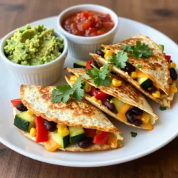 - 4 large whole wheat tortillas - 1 cup shredded cheese (a blend of cheddar and mozzarella) - 1 cup cooked black beans (rinsed and drained) - 1 medium zucchini, diced into small cubes - 1 red bell pepper, diced - 1 cup corn kernels (can use fresh or frozen) - 2 tablespoons olive oil (divided) - 1 teaspoon ground cumin - Fresh cilantro, chopped (for garnish) When making loaded veggie quesadillas, I love to use whole wheat tortillas. They bring a nutty flavor and add fiber. For the cheese, I choose a blend of cheddar and mozzarella. This blend melts beautifully and creates a cheesy pull in each bite. Black beans add protein and a creamy texture, making the quesadillas hearty. Next, we have the veggies. Diced zucchini and red bell pepper give a nice crunch and color. The corn kernels, whether fresh or frozen, add sweetness. Together, these vegetables create a fresh and vibrant filling. To tie it all together, I use olive oil for cooking. It adds flavor and helps the quesadillas turn golden brown. Ground cumin gives a warm, earthy taste. Finally, I like to sprinkle chopped cilantro on top. It brightens the dish and makes it more exciting. Using these ingredients, you can create delicious loaded veggie quesadillas. They are easy to make and packed with flavor! {{ingredient_image_2}} Start by heating 1 tablespoon of olive oil in a large skillet over medium heat. Once the oil is hot, add the finely chopped red onion. Sauté the onion for about 3 to 4 minutes. You want it to become translucent and soft. This step adds a nice depth of flavor to your quesadillas. Next, add the diced zucchini and red bell pepper to the skillet. Stir well to mix everything. Cook these veggies for about 5 minutes. They should be tender but still crisp. This mix of colors makes the quesadilla look great and taste even better. After the veggies are ready, it's time to add more flavor. Stir in 1 cup of corn kernels and 1 cup of black beans. Make sure they are rinsed and drained well. Then, sprinkle in 1 teaspoon of ground cumin and 1 teaspoon of smoked paprika. Season with salt and pepper to taste. Mix everything thoroughly. Let it cook for an extra 2 minutes to warm through. This mix will be the heart of your quesadilla. Now, let’s build our quesadillas! In a clean skillet, add a drizzle of the remaining olive oil. Heat this skillet over medium heat. Grab a large whole wheat tortilla and lay it flat in the skillet. On one half of the tortilla, sprinkle a layer of shredded cheese, about 1/4 cup. Then, scoop a generous amount of the veggie filling onto the cheese. For extra gooeyness, add a bit more cheese on top of the filling. Carefully fold the tortilla in half. Cook for about 3 to 4 minutes on the first side. You want the cheese to melt and the tortilla to turn golden brown. Gently flip the quesadilla. Cook the other side for another 3 to 4 minutes until it is crispy and golden. Repeat this process for the remaining tortillas. Be sure to add more olive oil to the skillet as needed. Once all the quesadillas are cooked, transfer them to a cutting board. Let them cool for a minute before cutting each quesadilla into wedges. This makes them easy to serve! To make the best quesadilla, you want a nice crisp texture. Here are some tips: - Use enough oil: A little olive oil helps the tortillas crisp up. Apply it to the skillet and the tortillas. - Heat your skillet: A hot skillet gives a great golden color. Preheat it before adding the tortillas. - Flip carefully: Use a spatula to flip the quesadilla gently. This keeps the filling inside. The cheese blend is key too. A mix of cheddar and mozzarella works well. Cheddar adds flavor, while mozzarella gives that gooey texture. You can also try pepper jack for a spicy kick. You can cook quesadillas in different ways. - Stovetop: This method gives you control over the heat. Just watch them closely to avoid burning. - Oven: Preheat your oven to 400°F (200°C). Place quesadillas on a baking sheet and bake for about 10 minutes. This method cooks them evenly and is great for making several at once. - Quesadilla maker: If you have one, it can cook both sides at once. It also gives a nice crunch. Feel free to change the veggies based on your taste. Here are some ideas: - Substituting vegetables: You can use spinach, mushrooms, or tomatoes. Mix and match to find your favorite combo. - Going gluten-free: Use corn tortillas instead of wheat. They taste great and work well. - Making it dairy-free: Use dairy-free cheese options. There are many tasty brands available now. These tips can help you create the perfect loaded veggie quesadilla, tailored just for you. Enjoy the process of making it your own! Pro Tips Use Fresh Ingredients: Opt for the freshest vegetables and herbs to enhance the flavor and nutritional value of your quesadillas. Customize Your Cheese: Experiment with different cheese blends like pepper jack or feta for a unique twist on flavor. Don’t Overfill: Avoid overstuffing your quesadillas to prevent them from tearing and to ensure even cooking. Serve Hot: For the best taste and texture, serve your quesadillas immediately after cooking while they're still warm and crispy. {{image_4}} You can make loaded veggie quesadillas even better. Try adding other vegetables that you like. Spinach, mushrooms, or even sweet potatoes work great. You can mix and match to find your favorite blend. Adding protein options can boost the meal's heartiness. Cooked chicken, shrimp, or tofu are all good choices. Just chop them small and mix them in with your veggies. This makes the quesadillas filling and tasty. Want more kick? Spice it up with jalapeños. You can add fresh slices or pickled ones. Just sprinkle them on top of your veggie mix before cooking. This adds a nice heat that many love. Try using different cheese types for a unique taste. Pepper jack gives a spicy twist, while feta adds a tangy flavor. Mixing cheeses can also create a creamier texture. Experiment to find your favorite cheese combo. Creative dipping sauces can elevate your quesadilla game. Guacamole and salsa are classic choices. But you can also try sour cream or a yogurt dip for a cool touch. A zesty lime crema will add a fresh flavor burst. Pairing with side dishes makes the meal more fun. A simple green salad adds crunch and freshness. Corn salad or a side of rice can make it feel complete. Enjoy these loaded veggie quesadillas with friends and family for a delightful meal! To keep your loaded veggie quesadillas fresh, store them in the fridge. Wrap each quesadilla in plastic wrap or foil. Place them in an airtight container. This helps them stay moist and tasty. You can keep them in the fridge for up to three days. If you want to freeze them, let the quesadillas cool first. Wrap each one in plastic wrap, then place them in a freezer-safe bag. Make sure to remove as much air as possible. They can last up to three months in the freezer. To reheat, use an oven or skillet for the best texture. Heat at 350°F (175°C) until warm, about 15 minutes. In the fridge, loaded veggie quesadillas last about three days. Check for changes in color or smell. If they look dry or have a strange odor, it’s best to throw them away. Always trust your senses when it comes to food safety. Making loaded veggie quesadillas ahead can save time. You can prep the veggie filling in advance. Store it in a container in the fridge for up to four days. When you’re ready to eat, just layer the filling and cheese on the tortillas. For easy storage, use glass or plastic meal prep containers. Keep the filling and tortillas separate until you are ready to cook. This way, you get fresh, crispy quesadillas in no time! You can top your quesadillas with many great options. Here are some popular ones: - Fresh cilantro - Sliced jalapeños - Sour cream - Avocado slices - Sliced green onions - Fresh lime wedges To make your dish look good, arrange toppings in a colorful way. Use a mix of bright colors. A sprinkle of cilantro adds green contrast. Serve with bowls of guacamole and salsa for extra flair. Yes, you can make these quesadillas ahead of time. Here are some best practices for meal prep and storage: - Cook the veggie filling and let it cool. - Assemble the quesadillas and wrap them in foil. - Store in the fridge for up to two days. To reheat, place them in a skillet or oven until warm. This helps keep them crispy. Veggie quesadillas can be a healthy choice. They are packed with good nutrients. Here are some benefits of the main ingredients: - Whole wheat tortillas provide fiber. - Black beans offer protein and iron. - Veggies like zucchini and bell pepper are low in calories and high in vitamins. Compared to traditional quesadillas, these are lighter. They have less cheese and more veggies. Enjoying them can support a balanced diet. You learned how to make delicious loaded veggie quesadillas. We covered main ingredients, step-by-step instructions, and tips for perfecting your dish. Explore variations and storage info to keep your quesadillas fresh. You can customize flavors and add protein for variety. With these insights, you can enjoy a tasty meal that fits your needs. Now, get cooking and enjoy every bite!