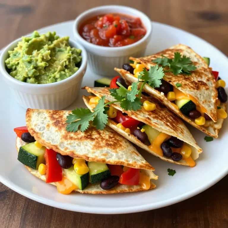 - 4 large whole wheat tortillas - 1 cup shredded cheese (a blend of cheddar and mozzarella) - 1 cup cooked black beans (rinsed and drained) - 1 medium zucchini, diced into small cubes - 1 red bell pepper, diced - 1 cup corn kernels (can use fresh or frozen) - 2 tablespoons olive oil (divided) - 1 teaspoon ground cumin - Fresh cilantro, chopped (for garnish) When making loaded veggie quesadillas, I love to use whole wheat tortillas. They bring a nutty flavor and add fiber. For the cheese, I choose a blend of cheddar and mozzarella. This blend melts beautifully and creates a cheesy pull in each bite. Black beans add protein and a creamy texture, making the quesadillas hearty. Next, we have the veggies. Diced zucchini and red bell pepper give a nice crunch and color. The corn kernels, whether fresh or frozen, add sweetness. Together, these vegetables create a fresh and vibrant filling. To tie it all together, I use olive oil for cooking. It adds flavor and helps the quesadillas turn golden brown. Ground cumin gives a warm, earthy taste. Finally, I like to sprinkle chopped cilantro on top. It brightens the dish and makes it more exciting. Using these ingredients, you can create delicious loaded veggie quesadillas. They are easy to make and packed with flavor! {{ingredient_image_2}} Start by heating 1 tablespoon of olive oil in a large skillet over medium heat. Once the oil is hot, add the finely chopped red onion. Sauté the onion for about 3 to 4 minutes. You want it to become translucent and soft. This step adds a nice depth of flavor to your quesadillas. Next, add the diced zucchini and red bell pepper to the skillet. Stir well to mix everything. Cook these veggies for about 5 minutes. They should be tender but still crisp. This mix of colors makes the quesadilla look great and taste even better. After the veggies are ready, it's time to add more flavor. Stir in 1 cup of corn kernels and 1 cup of black beans. Make sure they are rinsed and drained well. Then, sprinkle in 1 teaspoon of ground cumin and 1 teaspoon of smoked paprika. Season with salt and pepper to taste. Mix everything thoroughly. Let it cook for an extra 2 minutes to warm through. This mix will be the heart of your quesadilla. Now, let’s build our quesadillas! In a clean skillet, add a drizzle of the remaining olive oil. Heat this skillet over medium heat. Grab a large whole wheat tortilla and lay it flat in the skillet. On one half of the tortilla, sprinkle a layer of shredded cheese, about 1/4 cup. Then, scoop a generous amount of the veggie filling onto the cheese. For extra gooeyness, add a bit more cheese on top of the filling. Carefully fold the tortilla in half. Cook for about 3 to 4 minutes on the first side. You want the cheese to melt and the tortilla to turn golden brown. Gently flip the quesadilla. Cook the other side for another 3 to 4 minutes until it is crispy and golden. Repeat this process for the remaining tortillas. Be sure to add more olive oil to the skillet as needed. Once all the quesadillas are cooked, transfer them to a cutting board. Let them cool for a minute before cutting each quesadilla into wedges. This makes them easy to serve! To make the best quesadilla, you want a nice crisp texture. Here are some tips: - Use enough oil: A little olive oil helps the tortillas crisp up. Apply it to the skillet and the tortillas. - Heat your skillet: A hot skillet gives a great golden color. Preheat it before adding the tortillas. - Flip carefully: Use a spatula to flip the quesadilla gently. This keeps the filling inside. The cheese blend is key too. A mix of cheddar and mozzarella works well. Cheddar adds flavor, while mozzarella gives that gooey texture. You can also try pepper jack for a spicy kick. You can cook quesadillas in different ways. - Stovetop: This method gives you control over the heat. Just watch them closely to avoid burning. - Oven: Preheat your oven to 400°F (200°C). Place quesadillas on a baking sheet and bake for about 10 minutes. This method cooks them evenly and is great for making several at once. - Quesadilla maker: If you have one, it can cook both sides at once. It also gives a nice crunch. Feel free to change the veggies based on your taste. Here are some ideas: - Substituting vegetables: You can use spinach, mushrooms, or tomatoes. Mix and match to find your favorite combo. - Going gluten-free: Use corn tortillas instead of wheat. They taste great and work well. - Making it dairy-free: Use dairy-free cheese options. There are many tasty brands available now. These tips can help you create the perfect loaded veggie quesadilla, tailored just for you. Enjoy the process of making it your own! Pro Tips Use Fresh Ingredients: Opt for the freshest vegetables and herbs to enhance the flavor and nutritional value of your quesadillas. Customize Your Cheese: Experiment with different cheese blends like pepper jack or feta for a unique twist on flavor. Don’t Overfill: Avoid overstuffing your quesadillas to prevent them from tearing and to ensure even cooking. Serve Hot: For the best taste and texture, serve your quesadillas immediately after cooking while they're still warm and crispy. {{image_4}} You can make loaded veggie quesadillas even better. Try adding other vegetables that you like. Spinach, mushrooms, or even sweet potatoes work great. You can mix and match to find your favorite blend. Adding protein options can boost the meal's heartiness. Cooked chicken, shrimp, or tofu are all good choices. Just chop them small and mix them in with your veggies. This makes the quesadillas filling and tasty. Want more kick? Spice it up with jalapeños. You can add fresh slices or pickled ones. Just sprinkle them on top of your veggie mix before cooking. This adds a nice heat that many love. Try using different cheese types for a unique taste. Pepper jack gives a spicy twist, while feta adds a tangy flavor. Mixing cheeses can also create a creamier texture. Experiment to find your favorite cheese combo. Creative dipping sauces can elevate your quesadilla game. Guacamole and salsa are classic choices. But you can also try sour cream or a yogurt dip for a cool touch. A zesty lime crema will add a fresh flavor burst. Pairing with side dishes makes the meal more fun. A simple green salad adds crunch and freshness. Corn salad or a side of rice can make it feel complete. Enjoy these loaded veggie quesadillas with friends and family for a delightful meal! To keep your loaded veggie quesadillas fresh, store them in the fridge. Wrap each quesadilla in plastic wrap or foil. Place them in an airtight container. This helps them stay moist and tasty. You can keep them in the fridge for up to three days. If you want to freeze them, let the quesadillas cool first. Wrap each one in plastic wrap, then place them in a freezer-safe bag. Make sure to remove as much air as possible. They can last up to three months in the freezer. To reheat, use an oven or skillet for the best texture. Heat at 350°F (175°C) until warm, about 15 minutes. In the fridge, loaded veggie quesadillas last about three days. Check for changes in color or smell. If they look dry or have a strange odor, it’s best to throw them away. Always trust your senses when it comes to food safety. Making loaded veggie quesadillas ahead can save time. You can prep the veggie filling in advance. Store it in a container in the fridge for up to four days. When you’re ready to eat, just layer the filling and cheese on the tortillas. For easy storage, use glass or plastic meal prep containers. Keep the filling and tortillas separate until you are ready to cook. This way, you get fresh, crispy quesadillas in no time! You can top your quesadillas with many great options. Here are some popular ones: - Fresh cilantro - Sliced jalapeños - Sour cream - Avocado slices - Sliced green onions - Fresh lime wedges To make your dish look good, arrange toppings in a colorful way. Use a mix of bright colors. A sprinkle of cilantro adds green contrast. Serve with bowls of guacamole and salsa for extra flair. Yes, you can make these quesadillas ahead of time. Here are some best practices for meal prep and storage: - Cook the veggie filling and let it cool. - Assemble the quesadillas and wrap them in foil. - Store in the fridge for up to two days. To reheat, place them in a skillet or oven until warm. This helps keep them crispy. Veggie quesadillas can be a healthy choice. They are packed with good nutrients. Here are some benefits of the main ingredients: - Whole wheat tortillas provide fiber. - Black beans offer protein and iron. - Veggies like zucchini and bell pepper are low in calories and high in vitamins. Compared to traditional quesadillas, these are lighter. They have less cheese and more veggies. Enjoying them can support a balanced diet. You learned how to make delicious loaded veggie quesadillas. We covered main ingredients, step-by-step instructions, and tips for perfecting your dish. Explore variations and storage info to keep your quesadillas fresh. You can customize flavors and add protein for variety. With these insights, you can enjoy a tasty meal that fits your needs. Now, get cooking and enjoy every bite!