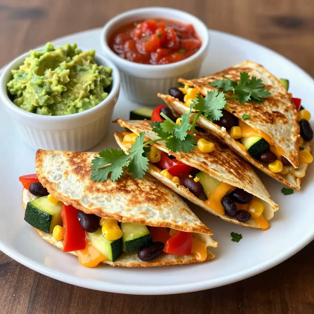 - 4 large whole wheat tortillas - 1 cup shredded cheese (a blend of cheddar and mozzarella) - 1 cup cooked black beans (rinsed and drained) - 1 medium zucchini, diced into small cubes - 1 red bell pepper, diced - 1 cup corn kernels (can use fresh or frozen) - 2 tablespoons olive oil (divided) - 1 teaspoon ground cumin - Fresh cilantro, chopped (for garnish) When making loaded veggie quesadillas, I love to use whole wheat tortillas. They bring a nutty flavor and add fiber. For the cheese, I choose a blend of cheddar and mozzarella. This blend melts beautifully and creates a cheesy pull in each bite. Black beans add protein and a creamy texture, making the quesadillas hearty. Next, we have the veggies. Diced zucchini and red bell pepper give a nice crunch and color. The corn kernels, whether fresh or frozen, add sweetness. Together, these vegetables create a fresh and vibrant filling. To tie it all together, I use olive oil for cooking. It adds flavor and helps the quesadillas turn golden brown. Ground cumin gives a warm, earthy taste. Finally, I like to sprinkle chopped cilantro on top. It brightens the dish and makes it more exciting. Using these ingredients, you can create delicious loaded veggie quesadillas. They are easy to make and packed with flavor! {{ingredient_image_2}} Start by heating 1 tablespoon of olive oil in a large skillet over medium heat. Once the oil is hot, add the finely chopped red onion. Sauté the onion for about 3 to 4 minutes. You want it to become translucent and soft. This step adds a nice depth of flavor to your quesadillas. Next, add the diced zucchini and red bell pepper to the skillet. Stir well to mix everything. Cook these veggies for about 5 minutes. They should be tender but still crisp. This mix of colors makes the quesadilla look great and taste even better. After the veggies are ready, it's time to add more flavor. Stir in 1 cup of corn kernels and 1 cup of black beans. Make sure they are rinsed and drained well. Then, sprinkle in 1 teaspoon of ground cumin and 1 teaspoon of smoked paprika. Season with salt and pepper to taste. Mix everything thoroughly. Let it cook for an extra 2 minutes to warm through. This mix will be the heart of your quesadilla. Now, let’s build our quesadillas! In a clean skillet, add a drizzle of the remaining olive oil. Heat this skillet over medium heat. Grab a large whole wheat tortilla and lay it flat in the skillet. On one half of the tortilla, sprinkle a layer of shredded cheese, about 1/4 cup. Then, scoop a generous amount of the veggie filling onto the cheese. For extra gooeyness, add a bit more cheese on top of the filling. Carefully fold the tortilla in half. Cook for about 3 to 4 minutes on the first side. You want the cheese to melt and the tortilla to turn golden brown. Gently flip the quesadilla. Cook the other side for another 3 to 4 minutes until it is crispy and golden. Repeat this process for the remaining tortillas. Be sure to add more olive oil to the skillet as needed. Once all the quesadillas are cooked, transfer them to a cutting board. Let them cool for a minute before cutting each quesadilla into wedges. This makes them easy to serve! To make the best quesadilla, you want a nice crisp texture. Here are some tips: - Use enough oil: A little olive oil helps the tortillas crisp up. Apply it to the skillet and the tortillas. - Heat your skillet: A hot skillet gives a great golden color. Preheat it before adding the tortillas. - Flip carefully: Use a spatula to flip the quesadilla gently. This keeps the filling inside. The cheese blend is key too. A mix of cheddar and mozzarella works well. Cheddar adds flavor, while mozzarella gives that gooey texture. You can also try pepper jack for a spicy kick. You can cook quesadillas in different ways. - Stovetop: This method gives you control over the heat. Just watch them closely to avoid burning. - Oven: Preheat your oven to 400°F (200°C). Place quesadillas on a baking sheet and bake for about 10 minutes. This method cooks them evenly and is great for making several at once. - Quesadilla maker: If you have one, it can cook both sides at once. It also gives a nice crunch. Feel free to change the veggies based on your taste. Here are some ideas: - Substituting vegetables: You can use spinach, mushrooms, or tomatoes. Mix and match to find your favorite combo. - Going gluten-free: Use corn tortillas instead of wheat. They taste great and work well. - Making it dairy-free: Use dairy-free cheese options. There are many tasty brands available now. These tips can help you create the perfect loaded veggie quesadilla, tailored just for you. Enjoy the process of making it your own! Pro Tips Use Fresh Ingredients: Opt for the freshest vegetables and herbs to enhance the flavor and nutritional value of your quesadillas. Customize Your Cheese: Experiment with different cheese blends like pepper jack or feta for a unique twist on flavor. Don’t Overfill: Avoid overstuffing your quesadillas to prevent them from tearing and to ensure even cooking. Serve Hot: For the best taste and texture, serve your quesadillas immediately after cooking while they're still warm and crispy. {{image_4}} You can make loaded veggie quesadillas even better. Try adding other vegetables that you like. Spinach, mushrooms, or even sweet potatoes work great. You can mix and match to find your favorite blend. Adding protein options can boost the meal's heartiness. Cooked chicken, shrimp, or tofu are all good choices. Just chop them small and mix them in with your veggies. This makes the quesadillas filling and tasty. Want more kick? Spice it up with jalapeños. You can add fresh slices or pickled ones. Just sprinkle them on top of your veggie mix before cooking. This adds a nice heat that many love. Try using different cheese types for a unique taste. Pepper jack gives a spicy twist, while feta adds a tangy flavor. Mixing cheeses can also create a creamier texture. Experiment to find your favorite cheese combo. Creative dipping sauces can elevate your quesadilla game. Guacamole and salsa are classic choices. But you can also try sour cream or a yogurt dip for a cool touch. A zesty lime crema will add a fresh flavor burst. Pairing with side dishes makes the meal more fun. A simple green salad adds crunch and freshness. Corn salad or a side of rice can make it feel complete. Enjoy these loaded veggie quesadillas with friends and family for a delightful meal! To keep your loaded veggie quesadillas fresh, store them in the fridge. Wrap each quesadilla in plastic wrap or foil. Place them in an airtight container. This helps them stay moist and tasty. You can keep them in the fridge for up to three days. If you want to freeze them, let the quesadillas cool first. Wrap each one in plastic wrap, then place them in a freezer-safe bag. Make sure to remove as much air as possible. They can last up to three months in the freezer. To reheat, use an oven or skillet for the best texture. Heat at 350°F (175°C) until warm, about 15 minutes. In the fridge, loaded veggie quesadillas last about three days. Check for changes in color or smell. If they look dry or have a strange odor, it’s best to throw them away. Always trust your senses when it comes to food safety. Making loaded veggie quesadillas ahead can save time. You can prep the veggie filling in advance. Store it in a container in the fridge for up to four days. When you’re ready to eat, just layer the filling and cheese on the tortillas. For easy storage, use glass or plastic meal prep containers. Keep the filling and tortillas separate until you are ready to cook. This way, you get fresh, crispy quesadillas in no time! You can top your quesadillas with many great options. Here are some popular ones: - Fresh cilantro - Sliced jalapeños - Sour cream - Avocado slices - Sliced green onions - Fresh lime wedges To make your dish look good, arrange toppings in a colorful way. Use a mix of bright colors. A sprinkle of cilantro adds green contrast. Serve with bowls of guacamole and salsa for extra flair. Yes, you can make these quesadillas ahead of time. Here are some best practices for meal prep and storage: - Cook the veggie filling and let it cool. - Assemble the quesadillas and wrap them in foil. - Store in the fridge for up to two days. To reheat, place them in a skillet or oven until warm. This helps keep them crispy. Veggie quesadillas can be a healthy choice. They are packed with good nutrients. Here are some benefits of the main ingredients: - Whole wheat tortillas provide fiber. - Black beans offer protein and iron. - Veggies like zucchini and bell pepper are low in calories and high in vitamins. Compared to traditional quesadillas, these are lighter. They have less cheese and more veggies. Enjoying them can support a balanced diet. You learned how to make delicious loaded veggie quesadillas. We covered main ingredients, step-by-step instructions, and tips for perfecting your dish. Explore variations and storage info to keep your quesadillas fresh. You can customize flavors and add protein for variety. With these insights, you can enjoy a tasty meal that fits your needs. Now, get cooking and enjoy every bite!