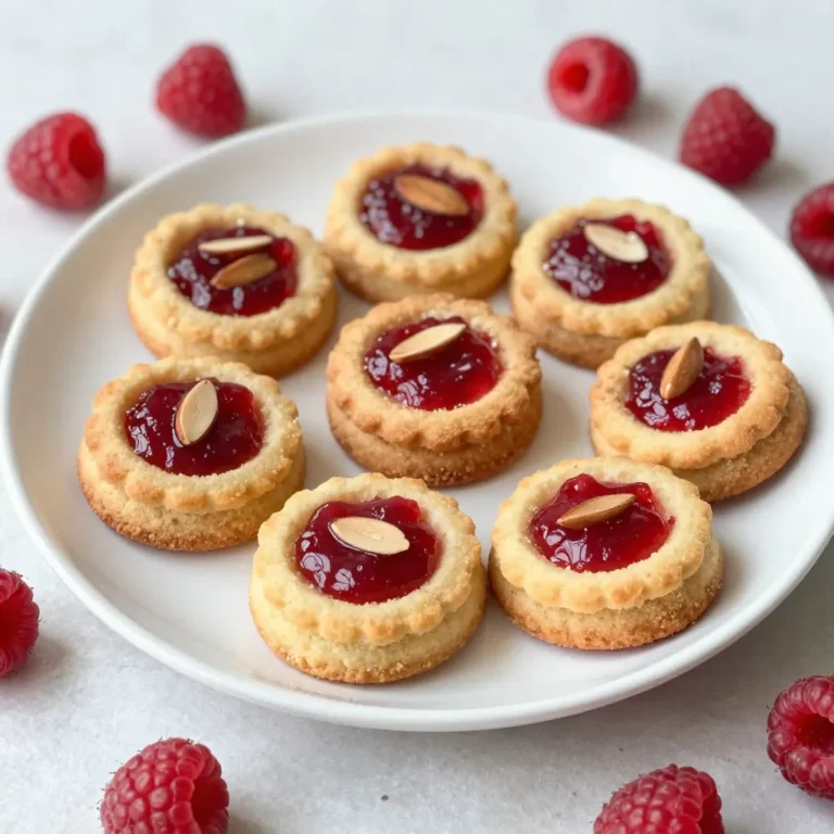 - 1 cup unsalted butter, softened - 3/4 cup granulated sugar - 2 cups all-purpose flour - 1/2 cup almond flour - 1/4 teaspoon fine salt - 1 teaspoon almond extract - 1/2 teaspoon pure vanilla extract - 1/2 cup raspberry jam - 1/4 cup sliced almonds (for garnish) The first step to making raspberry almond thumbprint cookies is gathering your ingredients. Each one plays a key role in flavor and texture. For the base, you need butter and sugar. They create a soft, sweet dough. Almond flour adds a nutty taste. All-purpose flour gives the cookies structure. Salt brings out the sweetness and balances flavors. Almond extract and vanilla extract add depth. Raspberry jam fills the thumbprint, giving a fruity burst. Lastly, sliced almonds on top add crunch and beauty. - Dairy-free alternatives: Use coconut oil or a dairy-free butter substitute. - Sugar substitutes: Try coconut sugar or a sugar blend. - Flour alternatives: Use a gluten-free flour blend or more almond flour. You can adapt this recipe to your needs. For instance, if you’re dairy-free, use coconut oil. If you want less sugar, choose a sugar substitute. You can also go gluten-free by swapping out the all-purpose flour. {{ingredient_image_2}} First, preheat your oven to 350°F (175°C). This step is important. The right heat makes your cookies bake evenly. Next, line a baking sheet with parchment paper. This helps keep the cookies from sticking. To make the dough, start by creaming 1 cup of softened butter and 3/4 cup of granulated sugar together. Use an electric mixer and mix for about 3-4 minutes. The mixture will look light and fluffy when done. Then, add 1 teaspoon of almond extract and 1/2 teaspoon of vanilla extract. Beat this until the extracts mix well with the butter and sugar. In another bowl, combine 2 cups of all-purpose flour, 1/2 cup of almond flour, and 1/4 teaspoon of fine salt. Whisk these dry ingredients together. Now, gradually add the flour mixture to the wet mix. Use low speed to avoid over-mixing. Mix just until a soft dough forms. To shape the cookies, use a tablespoon to scoop out portions of dough. Roll each portion into a smooth ball using your hands. Place these dough balls on the prepared baking sheet, leaving about 2 inches between each one. Now, gently press your thumb or the back of a teaspoon into the center of each ball. This creates the classic thumbprint shape. Next, fill each indent with about 1/2 teaspoon of raspberry jam. Be generous, but do not let it overflow. For a lovely touch, sprinkle a few sliced almonds around the edge of each thumbprint. This adds texture and makes your cookies look fancy. Bake the cookies in your preheated oven for 12-15 minutes. They should be lightly golden around the edges but soft in the center. Once they are done, take the cookies out and let them cool on the baking sheet for 5 minutes. After that, move them to a wire rack to cool completely. Enjoy your Raspberry Almond Thumbprint Cookies! For the best cookies, start with room temperature butter. Cold butter won’t cream well. It needs to be soft and spreadable. This helps to mix in air and creates a light texture. Be careful when mixing your dough. Over-mixing can make your cookies tough. Mix just until you see no dry flour. This keeps them soft and chewy. Serve your cookies on a nice plate. Adding fresh raspberries around them makes a lovely display. The red berries pop against the cookies. This adds color and invites everyone to take a bite. You can also sprinkle some sliced almonds on top for a fancy look. This makes each cookie more appealing and adds a nice crunch. If your cookies spread too much, try chilling the dough. Placing it in the fridge for 30 minutes can help. This will firm up the butter and prevent spreading. If your dough turns out dry or crumbly, add a tiny bit of water or milk. Start with a teaspoon and mix. This will help bring the dough together without making it too wet. Pro Tips Chill the Dough: For a firmer dough that’s easier to handle, consider chilling it in the refrigerator for 30 minutes before rolling into balls. Use Quality Jam: Opt for high-quality raspberry jam for a richer flavor; homemade or artisanal options work wonders in these cookies. Don’t Overbake: Keep a close eye on the cookies as they bake; they should be slightly soft in the center to ensure they are chewy and not dry. Experiment with Nuts: Feel free to substitute the sliced almonds with other nuts like hazelnuts or walnuts for a unique twist on the classic thumbprint cookie. {{image_4}} You can switch up the jam for these cookies. Try apricot or strawberry jam instead of raspberry. Both add a fruity twist. You can also mix in spices. A pinch of cinnamon or nutmeg can add warmth and depth. Experimenting with flavors keeps things fun! If you want a gluten-free version, use almond flour alone. This change keeps the cookies soft and delicious. For vegan options, replace the butter with coconut oil or vegan butter. Use a plant-based egg substitute like flaxseed meal. These tweaks help everyone enjoy this treat! Garnishes can take your cookies to the next level. Use chopped walnuts or pecans instead of sliced almonds. They add a different crunch. You can also drizzle melted chocolate over the top. It makes the cookies look fancy and taste even better! To keep your Raspberry Almond Thumbprint Cookies fresh, use airtight containers. This way, they stay soft and tasty. Store them at room temperature, away from heat and light. You can freeze these cookies easily. First, let them cool fully. Then, place them in a single layer on a baking sheet. Once frozen, transfer them to an airtight freezer bag. When you're ready to eat, take out as many as you want. Thaw them at room temperature for about 30 minutes. These cookies last up to a week at room temperature. If you notice any hard spots or off smells, it’s best to toss them. Enjoy your cookies while they are fresh for the best taste! You can make the dough ahead. Form the dough into balls, then wrap them tightly. Place the wrapped balls in the fridge for up to three days. When you're ready, just bake them as normal. You can also freeze the dough for up to three months. If you freeze it, thaw it in the fridge before baking. Yes, you can use different nuts. Pecans, walnuts, or hazelnuts work well. Just chop them finely. You can even skip the nuts if you prefer a nut-free cookie. The flavor will change a bit, but the cookies will still taste great! Using parchment paper is the best way to stop sticking. It creates a non-stick surface. If you don’t have parchment, you can spray the baking sheet with non-stick spray. Just make sure to let the cookies cool a bit before moving them. Look for a light golden edge. The middle should still look soft. Once they cool, they will firm up. If the edges are brown, they may be overbaked. Keep an eye on them at the 12-minute mark. Yes, you can use applesauce or mashed banana. A quarter cup of either works well. You can also use a flax egg. Mix one tablespoon of flaxseed meal with three tablespoons of water. Let it sit for a few minutes before adding it to the dough. These Raspberry Almond Thumbprint Cookies are simple and fun to make. We covered all the ingredients, from butter to raspberry jam. You learned how to make the dough and shape the cookies. I shared tips for perfect texture and ideas for storage. Variations and substitutions make the recipe fit anyone’s diet. Enjoy these cookies fresh or stored for later. Try your own twist using different jams or nuts. With these steps, you can create a treat everyone will love. Happy baking!