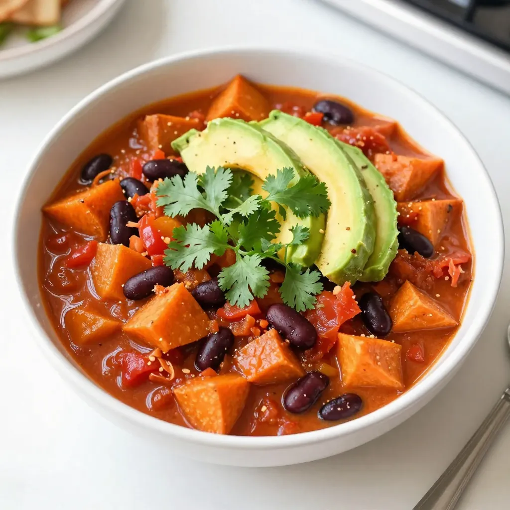 To make vegan sweet potato chili, gather these main ingredients: - 2 medium sweet potatoes, peeled and cut into 1-inch cubes - 1 can (15 oz) black beans, rinsed and drained - 1 can (15 oz) kidney beans, rinsed and drained - 1 can (28 oz) crushed tomatoes with Italian herbs - 1 cup vegetable broth (low sodium preferred) - 1 medium onion, finely chopped - 3 cloves garlic, minced - 1 red bell pepper, diced - 1 green bell pepper, diced - 2 tablespoons chili powder (adjust to taste) - 1 teaspoon ground cumin - 1 teaspoon smoked paprika - 1/2 teaspoon cayenne pepper (optional for more heat) - Salt and freshly cracked black pepper to taste - 2 tablespoons extra virgin olive oil - Fresh cilantro leaves, coarsely chopped, for garnish - Slices of ripe avocado, for serving You might want to customize your chili. Here are some tasty ideas: - Corn for a sweet crunch - Zucchini for extra veggies - Jalapeños for more heat - Vegan sour cream for creaminess - Nutritional yeast for a cheesy flavor Each serving of vegan sweet potato chili has: - Calories: 270 - Protein: 12g - Carbohydrates: 50g - Fiber: 12g - Fat: 6g - Sugars: 6g This dish packs a punch of flavor and nutrients. Enjoy the heartiness and warmth in every bite! {{ingredient_image_2}} Start by heating the olive oil in a large pot over medium heat. Once hot, add the chopped onion. Sauté the onion for about five minutes. You want it soft and see-through. Next, stir in the minced garlic, diced red bell pepper, and green bell pepper. Cook this mix for three to four minutes. The peppers should soften, and the garlic will smell great. Now, it’s time to add the sweet potatoes. Toss in the cubed sweet potatoes along with chili powder, cumin, smoked paprika, cayenne pepper, salt, and black pepper. Stir well for two to three minutes. This toasts the spices and brings out their flavors. Pour in the crushed tomatoes and vegetable broth. Stir everything to combine well. Bring this mixture to a rolling boil. Once it boils, reduce the heat to low. Cover the pot and let it simmer for about 25 to 30 minutes. The sweet potatoes should be fork-tender when done. Gently fold in the drained black beans and kidney beans. Let the chili simmer for another ten minutes. This helps the flavors meld and heats the beans through. Take a moment to taste the chili. Adjust the seasoning as needed. You can add more salt, pepper, or spices to suit your taste. To make your vegan sweet potato chili pop, follow these tips: - Sauté your veggies first. This step builds a strong flavor base. Start with onions and garlic. - Toast your spices. Adding chili powder, cumin, and paprika before the liquids enhances their taste. - Use fresh herbs. Garnish with cilantro right before serving for a bright finish. Here are a few common mistakes I see: - Not draining canned beans. Rinsing them well keeps your chili from being too salty. - Overcooking the sweet potatoes. They should be tender but not mushy. Keep an eye on them. - Skipping the final taste check. Always taste before serving and adjust seasoning as needed. If you want to control the heat in your chili, consider these options: - Start with less cayenne. You can always add more if you want more spice. - Use mild chili powder instead of a hot one. This keeps the flavor without intense heat. - Add cooling toppings. Avocado and vegan sour cream can balance out heat nicely. Pro Tips Adjust the Spice Level: If you prefer a milder chili, reduce the amount of chili powder and cayenne pepper. You can always add more spice later if desired. Make it Ahead: This chili tastes even better the next day! Prepare it in advance and store it in the refrigerator to allow the flavors to meld. Add More Vegetables: Feel free to throw in additional vegetables like corn, zucchini, or carrots for extra nutrition and texture. Perfect Pairings: Serve with crusty bread or tortilla chips for a delightful crunch. A side salad can also complement the meal nicely. {{image_4}} You can make this chili your own by adding different vegetables. Try diced carrots for sweetness or zucchini for a fresh twist. Corn adds a nice crunch, and mushrooms give a meaty texture. You can even add kale or spinach for a boost of greens. Just chop them up and toss them in during the cooking process. While black beans and kidney beans are great, many other options exist. Chickpeas can add a nutty flavor, while pinto beans bring a creamy texture. Lentils are also a fantastic choice; they cook quickly and soak up flavors well. Feel free to mix and match according to your taste and pantry. This chili is naturally gluten-free, but be sure to check your vegetable broth for any gluten content. If you want to add grains, use quinoa or rice, which are both gluten-free options. Serve it over a bed of rice for a hearty meal or mix quinoa into the chili for added protein. To keep your vegan sweet potato chili fresh, let it cool first. Then, transfer it to an airtight container. This helps keep the flavors locked in. Store it in the fridge for up to five days. Make sure to label the container with the date. This way, you won’t forget how old it is! If you want to save your chili for later, freezing is a great option. Pour the cooled chili into freezer-safe bags or containers. Leave some space at the top to allow for expansion. Seal them tightly and label with the date. You can freeze it for up to three months. When you're ready to eat, just thaw it in the fridge overnight. To reheat your chili, use a pot on the stove. Heat it over medium heat. Stir often to avoid sticking. You can also use the microwave. Just put it in a microwave-safe bowl and cover it. Heat it in short bursts, stirring in between. If it seems thick, add a splash of vegetable broth to bring back its creamy texture. Enjoy your meal just as delicious as the first time! Yes, you can use other potatoes. Regular white or red potatoes work well. You can also try Yukon Gold potatoes for a buttery flavor. Just cut them into 1-inch cubes like the sweet potatoes. Keep in mind that cooking time may change slightly. Cook until they are soft and tender. To reduce spice, cut down on chili powder and cayenne pepper. Start with less than the recipe calls for. You can also add more sweet potatoes or beans to balance the heat. Adding a bit of sugar can help tone down spiciness. Serve with avocado or vegan sour cream for extra coolness. This chili pairs well with crusty bread or tortilla chips. You can also serve it with a side salad for freshness. Another great option is rice or quinoa for a hearty meal. Top with fresh cilantro and avocado for added flavor. We explored the main ingredients for a great vegan sweet potato chili, listed optional ingredients, and noted nutritional facts. Then, I shared step-by-step cooking instructions to make your chili delightful. I discussed tips for flavor and common mistakes, plus variations to suit your taste. Finally, I covered storage methods to keep leftovers fresh. Use this recipe to create a comforting meal that suits your style. Enjoy making it your own!