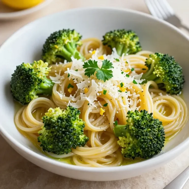 To make Lemon Garlic Broccoli Pasta, you will need: - 8 ounces of pasta (spaghetti or fettuccine work best) - 2 cups of fresh broccoli florets - 4 cloves of garlic, finely minced - 1/4 cup of high-quality olive oil - Zest of 1 lemon - 2 tablespoons of fresh lemon juice - 1/2 teaspoon of red pepper flakes (optional) - Salt and freshly ground black pepper, to taste - Freshly grated Parmesan cheese, for serving - Chopped fresh parsley, for garnish If you want to boost flavor, consider adding: - A pinch of lemon zest for extra zing - Toasted pine nuts for a crunchy texture - A splash of white wine during the sauté While I suggest spaghetti or fettuccine, here are other options: - Penne adds a fun shape that holds sauce well - Farfalle provides a unique look and texture - Whole wheat pasta offers a hearty option with more fiber Each pasta type can change the dish's look and feel. Choose what you love! {{ingredient_image_2}} First, fill a large pot with water and add salt. Bring it to a rolling boil. Next, add 8 ounces of your favorite pasta, like spaghetti or fettuccine. Cook the pasta according to the package instructions. In the last 2-3 minutes of cooking, add 2 cups of fresh broccoli florets to the pot. Drain the pasta and broccoli together, but save 1/2 cup of the cooking water. Set everything aside for later. Now, it's time to sauté the garlic. In a large skillet, pour in 1/4 cup of high-quality olive oil. Heat it over medium heat until it shimmers but does not smoke. Add 4 cloves of finely minced garlic to the skillet. Sauté for about 30 seconds, stirring often. You want the garlic to smell fragrant and turn golden, but not burn. If you like a bit of heat, add 1/2 teaspoon of red pepper flakes and sauté for another 10 seconds. After the garlic is ready, it’s time to combine everything. Add the drained pasta and broccoli to the skillet. Toss them well to coat in the garlic oil. Drizzle in 2 tablespoons of fresh lemon juice and sprinkle the lemon zest over the pasta. Mix everything together, adding some reserved pasta water gradually. This helps to create a creamy texture. Finally, season the dish with salt and freshly ground black pepper. Toss again to make sure every bite is tasty. Serve the pasta warm, topped with freshly grated Parmesan cheese and chopped parsley for a bright finish. To make the best garlic sauté, heat olive oil over medium heat. Wait until the oil shimmers. Add your minced garlic and stir for about 30 seconds. Watch closely to avoid burning. You want it golden and fragrant. A perfect garlic sauté adds rich flavor and aroma to your pasta. If you enjoy a bit of heat, add red pepper flakes. Start with 1/2 teaspoon for a mild kick. You can always add more later. Sauté the flakes with the garlic for about 10 seconds. This helps release their flavor. Adjust the amount to fit your taste. It’s an easy way to customize your dish. Want to boost nutrition? Consider adding some extras. Spinach or kale works well with this pasta. You can also toss in some cherry tomatoes for color and taste. Chickpeas add protein, making the meal heartier. Feel free to mix and match based on what you have. These add-ins not only enhance flavor but also increase the dish's health benefits. Pro Tips Use Fresh Ingredients: Fresh broccoli and high-quality olive oil will elevate the flavor of your dish significantly. Reserve Pasta Water: The starchy pasta water helps to create a silky sauce and allows you to adjust the consistency to your liking. Adjust Garlic to Taste: If you're a garlic lover, feel free to add an extra clove or two for more robust flavor. Garnish for Visual Appeal: Adding a sprinkle of parsley and extra lemon zest not only enhances flavor but also makes for a beautiful presentation. {{image_4}} To make this dish vegan, swap the Parmesan cheese for a plant-based version. You can find great vegan cheese that melts well. If you want a cheesy flavor, try nutritional yeast. It adds a nice touch without dairy. You can also use extra olive oil for richness. This keeps the dish creamy and tasty. If you need a gluten-free option, choose pasta made from rice or corn. There are many brands offering gluten-free spaghetti or fettuccine. Just cook them according to the package instructions. The flavor stays delicious, and you won't miss the gluten at all. Keep an eye on cooking time, as it can vary. For a heartier meal, add proteins like chicken or shrimp. Cook the chicken in the skillet before adding the garlic. If you use shrimp, add them after sautéing the garlic. They cook fast, so watch them closely. This adds flavor and makes your pasta more filling. It's a great way to enjoy this dish with more nutrients. After enjoying your Lemon Garlic Broccoli Pasta, you may have some left. To store it properly, let it cool first. Place the pasta in an airtight container. This keeps it fresh. Store it in the fridge for up to three days. Be sure to label the container with the date. This way, you can track how long it's been stored. If you plan to eat it later, avoid adding cheese or parsley until you reheat it. This keeps the flavors bright and fresh. Reheating your pasta is easy. You can use a microwave or a stovetop. For the microwave, place your pasta in a bowl. Add a splash of water or olive oil to keep it moist. Cover it loosely with a microwave-safe lid. Heat it in short bursts of 30 seconds, stirring in between. For the stovetop, add your pasta to a skillet over low heat. Add a bit of olive oil or reserved pasta water. Stir gently until warmed through. This method helps maintain the dish's flavor and texture. If you want to save your Lemon Garlic Broccoli Pasta for later, freezing is a great option. Start by letting the pasta cool completely. Divide it into portions for easy meals. Use freezer-safe containers or bags, removing as much air as possible. Label each bag with the date and contents. You can freeze it for up to three months. To reheat frozen pasta, thaw it overnight in the fridge. Then, follow the reheating tips above. Enjoy your tasty pasta whenever you like! Yes, you can use frozen broccoli. It saves time and can taste great. Just make sure to thaw and drain it before adding to the pasta. This helps keep the dish from getting too watery. Frozen broccoli cooks faster, so add it to the pasta in the last minute of cooking. This way, it becomes tender but still bright green. I recommend using spaghetti or fettuccine. Both types hold the sauce well. Spaghetti gives a nice twirl on your fork, while fettuccine adds a creamy feel. You can also try other pasta shapes like penne or farfalle. Just make sure to adjust the cooking time according to the package. To make this dish healthier, consider these tips: - Use whole wheat pasta for added fiber. - Add more veggies like spinach or bell peppers. - Cut back on the olive oil. You can use a little less and still keep the flavor. - Swap Parmesan cheese for a lighter cheese or use less cheese. These changes keep the meal tasty while making it lighter and more nutritious. This blog post covered how to make a tasty lemon garlic broccoli pasta. We discussed the essential ingredients, cooking steps, and helpful tips. You learned about variations like vegan options and adding proteins. Plus, we covered how to store leftovers and answered common questions. Experiment with flavors to make this dish your own. Enjoy cooking, and share it with those you love.