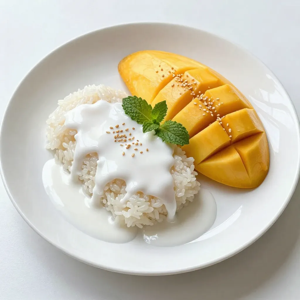 - 1 cup sticky rice (glutinous rice) - 1 ½ cups coconut milk - ½ cup sugar - ½ teaspoon salt - 2 ripe mangoes, peeled and thinly sliced - 1 tablespoon sesame seeds (optional, for garnish) - 2 tablespoons fresh mint or cilantro, finely chopped (optional, for garnish) For this delightful dessert, you need a few simple yet key ingredients. Sticky rice is the base, giving the dish its unique texture. Coconut milk adds creaminess and sweet flavor. Sugar and salt enhance the taste, while ripe mangoes bring freshness. You can choose to garnish with sesame seeds or herbs like mint for extra flair. Each ingredient plays a vital role, making the dish truly special. {{ingredient_image_2}} First, rinse the sticky rice under cold water. Use a fine mesh strainer to make this easy. Keep rinsing until the water runs clear. This step removes excess starch. After rinsing, soak the rice in a large bowl. Fill the bowl with water and cover the rice. Soak it for at least 4 hours. If you want the best texture, let it soak overnight. Next, set up your steamer. Line the basket with cheesecloth or a clean towel. Drain the soaked rice and pour it into the basket. Place the steamer over a pot of boiling water. Steam the rice for about 25 to 30 minutes. You will know it's done when it looks tender and shiny. While the rice steams, prepare the coconut sauce. In a medium saucepan, mix coconut milk, sugar, and salt. Heat the mixture over medium heat. Stir gently until the sugar dissolves. Be careful not to let it boil. Reserve about ½ cup of this sauce for later. Once the rice is steamed, transfer it to a large bowl. Pour the remaining coconut sauce over the hot rice. Gently stir to coat the rice evenly. Let it sit for 20 to 30 minutes. This allows the rice to soak up all the coconut flavor. To assemble your dish, scoop sticky rice onto serving plates. Place sliced mangoes next to the rice for a colorful look. Drizzle the reserved coconut sauce over both the rice and mango. For a nice finish, sprinkle sesame seeds on the rice. You can also add fresh mint or cilantro for a burst of color and flavor. Choosing ripe mangoes is key. Look for mangoes that feel soft but not mushy. They should have a sweet aroma. The best mangoes for this dish are the Nam Dok Mai or Ataulfo types. Their sweetness balances the creamy sticky rice. Now, let’s talk about sticky rice and coconut milk. Use high-quality sticky rice for the best texture. It should be glutinous, which makes it chewy. For coconut milk, pick a brand without additives. This ensures rich flavor and creaminess. Cooking time can change based on your equipment. If you use a bamboo steamer, it may need extra time. Keep an eye on the rice. It should be tender and clear when done. If you’re using a rice cooker, check its settings. Some cookers have a glutinous rice option. For steaming, use a pot with a tight lid. This keeps steam in, cooking the rice evenly. If you don’t have a steamer, you can use a heatproof bowl. Just make sure it fits in your pot and is covered well. Pair your Thai mango sticky rice with refreshing drinks. Coconut water or iced tea works great. They complement the dish's sweetness well. For presentation, think simple yet elegant. Serve in small bowls for an upscale feel. You can also use banana leaves for a fun, tropical touch. Arrange the mango slices neatly next to the rice. Drizzle extra coconut sauce on top for a beautiful finish. Pro Tips Soaking Time Matters: For the best texture, soak the sticky rice overnight. This allows the grains to fully absorb water, resulting in a softer and more tender rice. Steaming Technique: Ensure that the water is boiling before you start steaming the rice. This helps achieve a consistent cooking temperature and prevents the rice from becoming gummy. Coconut Sauce Consistency: Make sure to stir the coconut milk mixture gently and avoid boiling it. This preserves the creamy texture and prevents separation. Garnish for Flavor: Fresh herbs like mint or cilantro add a refreshing contrast to the sweetness of the dish. Don’t skip this step for a burst of flavor! {{image_4}} Vegan options Thai mango sticky rice is already vegan! The main ingredients are sticky rice, coconut milk, and mangoes. You can enjoy it without any animal products. For a creamier texture, use full-fat coconut milk. It adds richness without losing the vegan aspect. Gluten-free considerations This dessert is naturally gluten-free. Sticky rice does not contain gluten. You can serve it with confidence to gluten-sensitive guests. Just ensure that your coconut milk and any garnishes are also gluten-free. Adding other fruits Feel free to mix in other fruits! Sliced bananas, strawberries, or even dragon fruit can add a fun twist. These fruits give extra color and flavor. You can create a fruit medley that will wow your guests. Experimenting with spices If you want to spice things up, try adding a pinch of cinnamon or cardamom. These spices can enhance the coconut flavor. You can also try a hint of vanilla for a warm touch. Just remember to keep it balanced so the mango shines through. Individual portions vs. family-style serving You can serve mango sticky rice in different ways. For individual portions, use small bowls. This makes each serving special. For a family-style serving, place everything on a big platter. Guests can scoop their own portions. Creative plating ideas Get creative with your plating! You can use banana leaves for a tropical look. Arrange mango slices in a fan shape beside the rice. Drizzle the coconut sauce artfully for a beautiful finish. Small touches like these make the dish even more inviting. To store your Thai mango sticky rice, first let it cool completely. This step helps keep moisture in check. Place the sticky rice and mango slices in separate containers. Use airtight containers to keep them fresh. - Refrigeration techniques: Store your leftovers in the fridge. This keeps them safe and tasty for a few days. - Best containers for storage: Glass containers or BPA-free plastic containers work well. They help prevent any strong odors from other foods. When you want to enjoy your leftovers, you can easily revive them. Reheat the sticky rice slowly to keep its texture. - Methods to revive texture and taste: Use a steamer or microwave. If using a microwave, add a splash of coconut milk to keep it moist. - When to consume leftovers: Try to eat your leftovers within three days for the best flavor. After that, the mango may lose its freshness. You can prepare Thai Mango Sticky Rice a day in advance. Start by soaking the sticky rice overnight. Then, steam it and mix it with coconut sauce. Store it in an airtight container in the fridge. Wait to slice the mangoes until you are ready to serve. This keeps them fresh and bright. Yes, you can use frozen mangoes. Just make sure to thaw them first. Place them in the fridge overnight or let them sit at room temperature. Frozen mangoes may be softer than fresh ones. They still taste great, but the texture might be different. Here are some tips to avoid mistakes: - Rinse the rice well to remove excess starch. This helps it cook evenly. - Don't skip the soaking time; it is key for the right texture. - Be careful not to boil the coconut sauce. Heat it gently to dissolve sugar. - Allow the rice to sit after mixing with coconut sauce. This helps it absorb flavors. You can find authentic Thai Mango Sticky Rice at Thai restaurants or markets. Look for places that focus on traditional dishes. Many Thai restaurants offer it as a dessert. You can also check local Asian grocery stores for ingredients if you wish to make it at home. Thai Mango Sticky Rice is a delicious and simple dessert made with key ingredients like sticky rice, coconut milk, and ripe mangoes. I shared step-by-step instructions to guide you in making it perfectly at home. You also learned tips for ingredient selection, cooking adjustments, and creative serving ideas. As you explore different variations, remember that this dish is flexible and fun to customize. Enjoy experimenting with flavors and styles, and don't hesitate to share your results! This dish can bring joy to any meal, so dive in and delight in your creation.