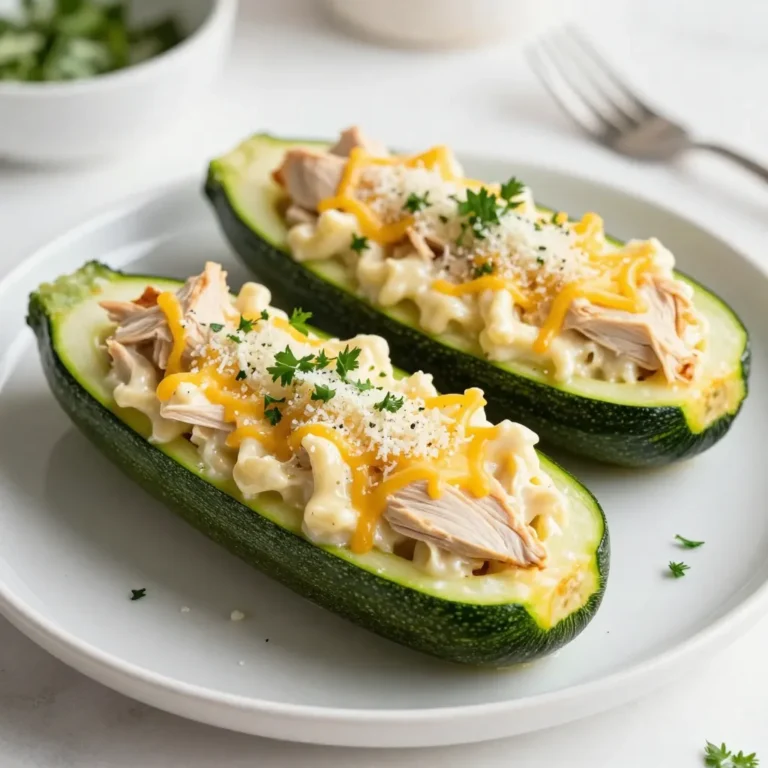 - Zucchini - Shredded Chicken - Alfredo Sauce - Cheeses (Parmesan and Mozzarella) - Seasonings (Garlic Powder and Italian Seasoning) - Fresh Parsley for Garnish To make Chicken Alfredo Stuffed Zucchini Boats, you need simple ingredients. First, grab 4 medium zucchini. These will be the boats that hold all the tasty filling. Next, you need 2 cups of cooked, shredded chicken. This adds protein and flavor. For that creamy goodness, use 1 cup of Alfredo sauce. You can buy this or make your own. You will also need 1/2 cup of grated Parmesan cheese and 1/2 cup of shredded mozzarella cheese. These cheeses create a rich, cheesy layer that melts perfectly. To season the mix, you’ll need 1/2 teaspoon of garlic powder and 1/2 teaspoon of Italian seasoning. These spices add warmth and depth to your dish. Don't forget to add salt and pepper to taste. Finally, use fresh parsley for garnish. This will brighten up the dish with both color and flavor. When you have everything ready, you can start cooking. Each ingredient plays a key role in making this meal tasty and satisfying. Enjoy the process, and soon you’ll have a delicious dish to share! {{ingredient_image_2}} 1. Preheat your oven to 375°F (190°C). This step is key for even baking. 2. Grab the zucchini and cut each one in half lengthwise. Use a spoon to scoop out the seeds and some flesh. Make sure to leave enough zucchini for the boat shape. Place the zucchini halves cut side up in a baking dish. 1. In a large bowl, mix the shredded chicken and Alfredo sauce. 2. Add garlic powder, Italian seasoning, and half of the grated Parmesan cheese. Season this mixture with salt and pepper. 3. Stir until everything is well coated. 4. Spoon the chicken and sauce mix into each hollowed zucchini boat. Fill them to the brim for a hearty bite. 1. Cover the baking dish with aluminum foil. This keeps the zucchini moist while baking. 2. Place the dish in the oven and bake for 25 minutes. 3. After 25 minutes, remove the foil. This allows the cheese to get nice and brown. 4. Bake for another 10 minutes, or until the cheese is bubbly and golden brown. 5. Once done, take the dish out of the oven. Let the zucchini cool for a few minutes. 6. For a fresh touch, sprinkle chopped parsley on top before serving. - Choosing the right zucchini: Select medium-sized zucchini that are firm and free from spots. They should feel heavy for their size. This ensures they hold up well when stuffed and baked. - Ensuring the filling is seasoned well: Flavor is key. Mix your shredded chicken with Alfredo sauce and spices thoroughly. The garlic powder and Italian seasoning add depth. Taste your filling before stuffing the boats. Adjust salt and pepper to fit your taste. - Presentation tips: Serve the zucchini boats on a large platter. Drizzle some extra Alfredo sauce around the dish. This adds a nice touch and makes it look fancy. - Pairing ideas with side dishes: Pair these boats with a simple salad or garlic bread. A light vinaigrette works well with the creamy dish. You can also serve it with steamed veggies for a colorful plate. Pro Tips Choose Firm Zucchini: Select firm and straight zucchini to ensure they hold their shape during baking, making for better presentation and easier serving. Customize the Filling: Feel free to add vegetables like spinach, bell peppers, or mushrooms to the chicken Alfredo mixture for extra flavor and nutrition. Make Ahead: Prepare the stuffed zucchini boats in advance and store them in the refrigerator. Bake them just before serving for a quick meal option. Experiment with Cheese: Try different cheeses like Gouda or cheddar for a unique twist on the classic flavors in this dish. {{image_4}} You can always mix things up with different proteins and sauces. Instead of chicken, try using turkey or shrimp. Both options add unique flavors and textures. If you want to switch up the sauce, consider using pesto or a rich cheese sauce. These choices can give your dish a fresh twist while keeping it creamy and delicious. If you're watching your carbs, you can make low-carb variations. Simply cut down on the Alfredo sauce or use a lighter version. For those needing gluten-free options, check your sauce label. Many Alfredo sauces are gluten-free. You can also make your own sauce to ensure it meets your dietary needs. With these mods, everyone can enjoy this tasty dish! To store your Chicken Alfredo stuffed zucchini boats, let them cool first. Place leftovers in an airtight container. Store them in the fridge for up to three days. When ready to eat, you can enjoy them cold or reheat them. If you want to keep the flavors fresh, cover the dish tightly with plastic wrap or foil. For long-term storage, freezing is a great option. First, let the stuffed zucchini boats cool completely. Then, wrap each boat in plastic wrap. After that, place them in a freezer-safe bag. They can be frozen for up to three months without losing flavor. To reheat frozen zucchini boats, first, thaw them in the fridge overnight. Preheat your oven to 375°F (190°C). Place the thawed boats on a baking sheet. Bake for about 20 minutes until they are heated through. You can also add a sprinkle of cheese on top before reheating for extra flavor. Can I use raw chicken instead of cooked? No, you should not use raw chicken. Cooked chicken makes this dish safe and tasty. Raw chicken needs more time to cook. Using cooked chicken also saves time. It mixes well with the Alfredo sauce and flavors. How do I know when zucchini boats are done? You can tell when zucchini boats are done by looking at the cheese. It should be bubbly and golden brown. The zucchini should be tender when pierced with a fork. This usually takes about 35 minutes in the oven. Can I make this dish ahead of time? Yes, you can make this dish ahead of time. Prepare the zucchini boats and fill them with the chicken mixture. Cover and store them in the fridge. Bake them when you are ready to eat. This makes it easy for busy days. This blog post shared a simple recipe for chicken Alfredo stuffed zucchini boats. We went over the key ingredients, step-by-step instructions, and helpful tips to make the best dish. You learned about variations and storage options to keep your meal fresh. Remember, this dish is fun and flexible. You can try new ingredients and adjust it to fit your diet. Now, gather your ingredients and enjoy making this delicious, easy meal!