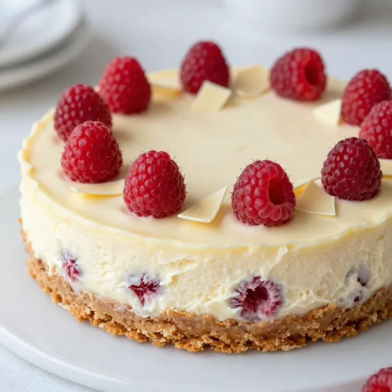 - 1 ½ cups graham cracker crumbs - ½ cup unsalted butter, melted - 2 cups cream cheese, softened to room temperature - 1 cup granulated sugar - 1 teaspoon pure vanilla extract - 2 large eggs, at room temperature - 1 cup white chocolate chips, melted and allowed to cool - 1 cup fresh raspberries (plus extra for garnish) - ½ cup sour cream - 1 tablespoon cornstarch To make this Raspberry White Chocolate Cheesecake, gather these ingredients. The graham cracker crumbs form a crunchy crust. The unsalted butter helps bind the crumbs together. Cream cheese provides a rich, creamy base. Granulated sugar adds sweetness, while pure vanilla extract enhances flavor. The eggs give structure and stability. Melted white chocolate adds a luxurious touch. Fresh raspberries provide a pop of tartness, balancing the sweetness. Sour cream adds tang and creaminess. Cornstarch helps thicken the batter, ensuring it sets perfectly. For garnish, you can use extra fresh raspberries. You might also add freshly shaved white chocolate. This will make your cheesecake look even more inviting. Enjoy crafting this delightful dessert! {{ingredient_image_2}} 1. Preheat your oven to 325°F (160°C). This step is key for even baking. 2. In a medium bowl, combine 1 ½ cups of graham cracker crumbs with ½ cup of melted unsalted butter. Mix until it feels like wet sand. 3. Firmly press this mixture into the bottom of a 9-inch springform pan. Make sure it is even and compact. 4. Bake the crust for 10 minutes. After baking, take it out and let it cool completely. 1. In a large bowl, use an electric mixer to beat 2 cups of softened cream cheese on medium speed. Mix until it is smooth and creamy, about 2-3 minutes. 2. Gradually add in 1 cup of granulated sugar. Keep mixing until fluffy and well combined. 3. Next, add 1 teaspoon of pure vanilla extract to the mixture. 4. Add 2 large eggs, one at a time. Mix well after each addition to keep the batter smooth. 1. Gently fold in 1 cup of melted white chocolate, which should be cooled beforehand. Mix until combined, but avoid overmixing. 2. In a small bowl, whisk together ½ cup of sour cream and 1 tablespoon of cornstarch until smooth. 3. Gradually fold this mixture into the cheesecake batter until fully blended. 4. Carefully fold in 1 cup of fresh raspberries, trying to keep them whole for added texture. 1. Pour the cheesecake batter over the cooled crust in the springform pan. Smooth the top with a spatula for a nice finish. 2. Place the cheesecake in your preheated oven. Bake for 50-60 minutes. Look for the edges to set, while the center remains slightly wobbly. 3. After baking, turn off the oven. Leave the cheesecake inside with the door ajar for one hour. This helps prevent cracks. 4. Once the hour is up, remove the cheesecake from the oven. Let it cool completely at room temperature. Then, refrigerate it for at least 4 hours or overnight for the best flavor. Overmixing tips: Mixing too much can make your cheesecake dense. When you add the eggs, mix just until blended. Overmixing can incorporate too much air, which leads to cracks during baking. Ensuring the right baking temperature: Always preheat your oven to 325°F (160°C) before baking. This helps the cheesecake set evenly. Use an oven thermometer for accuracy, as some ovens can be off. Ensuring cream cheese is at the right temperature: Take your cream cheese out of the fridge before you start. It should be soft, at room temperature. This helps create a smooth, creamy batter without lumps. Importance of chilling time: Chill your cheesecake for at least four hours. For best results, leave it overnight. This time allows flavors to blend and the texture to firm up nicely. Garnishing ideas for a beautiful finish: Top your cheesecake with fresh raspberries and shaved white chocolate. This adds color and a touch of elegance. You can also drizzle some melted white chocolate on top. Serving recommendations: Serve slices on chilled plates. This keeps the cheesecake firm when cutting. Pair it with a dollop of whipped cream or a scoop of vanilla ice cream for extra indulgence. Pro Tips Use Room Temperature Ingredients: Make sure your cream cheese and eggs are at room temperature before mixing. This helps achieve a smooth and creamy batter without lumps. Don’t Overmix: When folding in the white chocolate and raspberries, do so gently. Overmixing can break down the raspberries and create a dense cheesecake. Cooling Technique: Allowing the cheesecake to cool gradually in the oven with the door ajar prevents cracks on the surface and helps maintain its lovely texture. Flavor Enhancements: For added depth of flavor, consider adding a splash of lemon juice or zest to the batter, which complements the raspberries beautifully. {{image_4}} You can swap cream cheese for mascarpone cheese. This gives a lighter feel. If you want a dairy-free option, try using cashew cream. For sour cream, Greek yogurt works well. It adds a nice tang. Changing the flavor of chocolate is also fun. Dark chocolate gives a rich taste. Milk chocolate makes it sweeter. You can even use cocoa powder for a twist. Mix it into the batter for a deep chocolate flavor. You can make a low-sugar version of this cheesecake. Use a sugar substitute like stevia or erythritol. This keeps the taste sweet without the extra calories. For a gluten-free crust, use almond flour or gluten-free graham crackers. Both options add great taste while keeping it light. Adding more fruits can elevate your cheesecake. Sliced strawberries or blueberries blend well with raspberries. You can also mix in lemon zest for a fresh kick. Try adding flavor extracts like almond or coconut. A splash can change the taste profile. For extra texture, sprinkle some crushed nuts or chocolate chips on top before serving. You can keep your Raspberry White Chocolate Cheesecake in the fridge for up to five days. Store it in an airtight container to keep it fresh and delicious. If you have leftovers, you can freeze them. To freeze, slice the cheesecake and wrap each piece tightly in plastic wrap. Place the wrapped slices in a freezer-safe bag or container. This keeps them safe from freezer burn. To thaw your frozen cheesecake, place it in the fridge overnight. This slow method helps keep the creamy texture. If you're in a hurry, you can thaw it at room temperature for about two hours. Avoid using a microwave, as it can change the texture. After thawing, enjoy your cheesecake cold or let it sit for a few minutes to reach room temperature. Yes, you can make this cheesecake ahead of time. In fact, I recommend it! Making it in advance allows the flavors to blend nicely. After baking, let it cool, then chill it in the fridge for at least 4 hours. For best results, chill it overnight. This way, you can simply serve it on the day you need it. Just remember to garnish it right before serving. Cracks can happen, but they can also be fixed. If your cheesecake cracks, try the following tips: - Bake it slowly. A sudden temperature change can cause cracks. - Cool it gradually. Keep the oven door slightly open after baking. - If it cracks, cover it with whipped cream or fresh raspberries. This hides the cracks and adds flavor. Yes, you can use frozen raspberries instead of fresh ones. They will work well in this recipe. However, keep in mind that frozen raspberries can release more juice. This may slightly change the texture of your cheesecake. If you use frozen raspberries, try to thaw and drain them before adding. This will help keep your cheesecake creamy and smooth. This blog post covered how to make a delicious cheesecake. We explored the ingredients, from cream cheese to decadent toppings. You learned step-by-step instructions, from preheating your oven to folding in raspberries. I shared tips to avoid common mistakes and ensure perfect texture and flavor. We also looked at fun variations and helpful storage tips to keep your cheesecake fresh. Remember, every cheesecake is a chance to experiment and create. Enjoy your baking journey and impress your friends with your new skills!