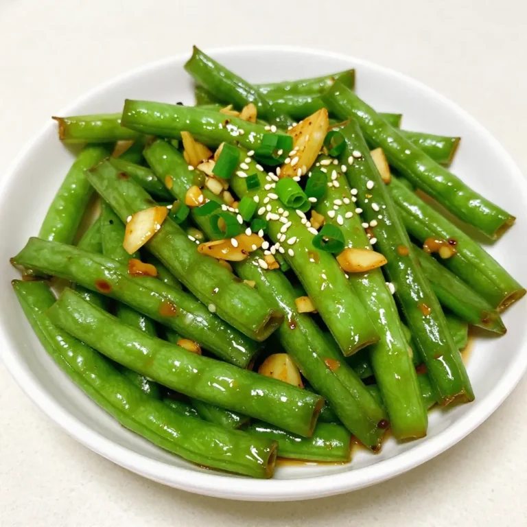 - 1 pound fresh green beans, trimmed Fresh green beans are the star of this dish. Choose bright green beans with a firm texture. Trim the ends to make them ready for cooking. Rinse them under cool water for a clean start. - 4 cloves garlic, finely minced - 1 tablespoon fresh ginger, finely grated - 2 tablespoons sesame oil - 1 tablespoon low-sodium soy sauce - 1 tablespoon chili garlic sauce - 1 teaspoon granulated sugar - 1 tablespoon rice vinegar Aromatics like garlic and ginger add a punch of flavor. Mince the garlic finely and grate the ginger well. They will release their bold flavors when sautéed. The sesame oil gives a rich taste. The soy sauce and chili garlic sauce bring both saltiness and heat. Sugar helps balance the heat, while rice vinegar adds a hint of tang. - 2 green onions, chopped (scallions) - Sesame seeds, for garnish Chopped green onions add freshness and color. Sprinkle sesame seeds on top for crunch and visual appeal. These garnishes elevate the dish, making it look and taste even better. {{ingredient_image_2}} Start by rinsing 1 pound of fresh green beans under cool water. This step removes any dirt. Next, trim the ends with a sharp knife. This makes them ready for cooking. Properly prepped beans will cook evenly and taste great. In a large skillet or wok, heat 2 tablespoons of sesame oil over medium-high heat. Wait until the oil shimmers a bit. Then, add 4 cloves of minced garlic and 1 tablespoon of finely grated ginger. Sauté these for about 30 seconds. Stir them continuously. You want them fragrant, not burnt! Now, raise the heat to high. Add the trimmed green beans to the skillet. Stir-fry for 4 to 5 minutes. The beans should turn vibrant green and be tender-crisp. While they cook, mix together 1 tablespoon of low-sodium soy sauce, 1 tablespoon of chili garlic sauce, 1 teaspoon of sugar, and 1 tablespoon of rice vinegar in a small bowl. Pour this sauce over the beans. Toss them well to coat. Stir-fry for another 2 minutes. This warms everything through. Finally, sprinkle chopped green onions and sesame seeds on top. Serve the dish hot. Enjoy! To get that perfect crunch, start with fresh green beans. Look for beans that are bright and firm. Trim the ends before cooking. Sauté them in hot sesame oil for a quick stir-fry. Stir often to keep them crisp. A good rule is to cook them for 4-5 minutes. They should look vibrant and tender but not mushy. You can boost flavor with a few tweaks. Add more garlic if you love it. A splash of lime juice gives a fresh zing. Consider adding red pepper flakes for extra heat. Toss in some sliced bell peppers or carrots for color and taste. Mixing in sesame seeds adds a nice crunch too. Avoid overcooking your green beans. They lose their bright color and crispness. Don’t skip the sauce mix; it ties all flavors together. Stir-frying on too low heat makes the beans soggy. Also, remember to stir continuously when cooking garlic and ginger to prevent burning. Pro Tips Choose Fresh Beans: Select bright green beans that are firm and crisp for the best flavor and texture. Adjust Spice Level: Customize the heat by adding more or less chili garlic sauce according to your preference. Use High Heat: Stir-frying on high heat ensures that the green beans remain vibrant and retain their crunchiness. Garnish for Flavor: Don't skip the green onions and sesame seeds; they add a fresh crunch and enhance the dish's visual appeal. {{image_4}} You can boost the protein in your stir fry. Tofu is a great choice. Just press it to remove water. Cut it into cubes and fry it with the garlic and ginger. Chicken works well, too. Cut it into thin strips and add it after the garlic. For shrimp, add them after the green beans. Cook until they turn pink. Each option adds flavor and makes the dish heartier. If you love heat, add more chili garlic sauce. A pinch of red pepper flakes works, too. Start with a little and taste as you go. For milder flavor, use less chili sauce. You can also add a squeeze of lime juice. The acidity can balance the heat. Adjusting spice makes the dish your own. Feel free to swap in other veggies. Bell peppers add color and sweetness. Broccoli provides crunch and nutrients. Snow peas or carrots can bring a nice crunch, too. Just cut them into similar sizes as the green beans. This keeps everything cooking evenly. Mixing veggies not only adds flavor but also makes the dish more colorful and fun. Store your spicy garlic green beans in an airtight container. This keeps them fresh longer. Place them in the fridge within two hours of cooking. They can last for about 3-4 days. Make sure to let them cool down before sealing the container. This helps reduce moisture buildup. When reheating, use a skillet or a microwave. For the skillet, add a splash of water or oil to keep them moist. Heat over medium until warm. If using a microwave, cover the bowl with a damp paper towel. Heat in short bursts to avoid overcooking. This keeps them tasting fresh and crunchy. You can freeze these green beans if you want to save some for later. Allow them to cool completely. Place them in a freezer-safe bag or container. Remove as much air as possible before sealing. They can stay frozen for up to three months. To enjoy, thaw them in the fridge overnight before reheating. Yes, you can use frozen green beans. They are convenient and save time. Just skip the rinsing step. When using frozen beans, add them straight to the hot skillet. Stir-fry them for about 6-8 minutes. This will help them cook through. They may be softer than fresh beans, but they still taste great in the dish. You can pair this dish with many tasty options. Steamed rice is a classic choice. Noodles also work well. If you want extra protein, try adding tofu, chicken, or shrimp. A light salad can complement the dish, too. I love serving it alongside a warm bowl of miso soup. Making the Spicy Garlic Green Bean Stir Fry vegan is easy! Simply replace the low-sodium soy sauce with a vegan alternative. You can also use tamari for a gluten-free option. Ensure that your chili garlic sauce is vegan-friendly as well. This way, you keep all the bold flavors while sticking to a plant-based diet. This blog has given you key steps to make a great green bean stir fry. We covered fresh green beans, aromatics, and tasty sauces. You learned how to prep, sauté, and cook everything perfectly. Tips on getting crispness and avoiding common mistakes will help too. You can add protein or adjust spice for more flavor. Lastly, proper storage keeps leftovers fresh. Enjoy making this dish your own!
