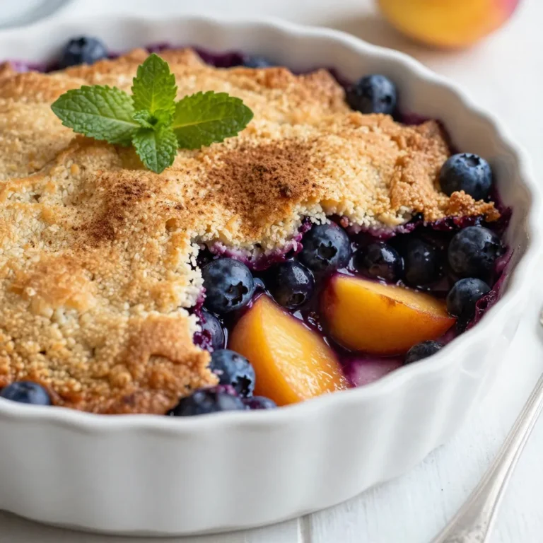 For this delightful cobbler, you need: - 2 cups fresh or frozen blueberries - 2 ripe peaches, peeled and thinly sliced Blueberries bring a sweet, tangy taste. Peaches add a juicy, soft texture. You can use fresh or frozen fruit. If using frozen, let them thaw a bit to release juices. You will need: - 1 cup granulated sugar, divided Granulated sugar sweetens the fruit. It helps create a syrupy base. You can adjust the sugar based on your taste. Use less if you prefer a less sweet dish. Here are the key baking items: - 2 tablespoons cornstarch - 1 teaspoon pure vanilla extract - 1 teaspoon fresh lemon juice - 1 cup all-purpose flour - 1 teaspoon baking powder - 1/2 teaspoon baking soda - 1/4 teaspoon salt - 1/2 cup unsalted butter, melted - 1/2 cup buttermilk - 1 teaspoon ground cinnamon (for topping) Cornstarch thickens the juices. Vanilla and lemon juice enhance the flavors. Flour, baking powder, and baking soda create a light, fluffy topping. Salt balances the sweetness, while melted butter and buttermilk add richness. Ground cinnamon adds warmth to the final dish. This mix of ingredients ensures a cobbler that is both tasty and satisfying. {{ingredient_image_2}} Start by washing your blueberries. If you use frozen berries, let them thaw. Then, peel and slice the peaches thinly. In a medium bowl, mix the blueberries and peaches. Add half a cup of sugar, cornstarch, vanilla extract, and lemon juice. Stir gently until the fruit is well coated. Let this sit for about ten minutes. This helps the juices mix and creates a lovely filling. In another bowl, whisk together flour, baking powder, baking soda, salt, and the rest of the sugar. Mix well to make sure everything is even. In a separate bowl, combine melted butter and buttermilk. Whisk until smooth. Pour this wet mix into the dry ingredients. Stir gently just until combined. Do not overmix! It’s okay if there are a few lumps. Spread the fruit mixture evenly in your greased baking dish. Using a spoon, dollop the batter over the fruit. Try to cover as much of the fruit as you can. Sprinkle ground cinnamon on top for added flavor. Now, place the dish in your preheated oven. Bake for 40 to 45 minutes. Look for a golden brown top and check with a toothpick. It should come out clean. Once baked, let the cobbler cool slightly before serving. To get a great cobbler texture, you need to mix well but not too much. When you combine the dry and wet ingredients, stir just until they come together. Lumps are okay! This keeps the topping from becoming tough. The fruit should also have enough time to sit. Let it rest for about 10 minutes. This helps the juices mix with the sugar and cornstarch, making a nice syrup. Serve your cobbler warm for the best taste. Scoop it into bowls and enjoy it straight from the dish. You can also serve it on a plate to show off that golden top. For a fun twist, try adding fresh mint leaves as a garnish. They add color and a nice touch of flavor. I love pairing this cobbler with vanilla ice cream. The cold ice cream melts into the warm fruit. You can also use whipped cream for a lighter topping. If you want a little extra flavor, add a sprinkle of cinnamon or nutmeg on top. It makes every bite a treat! Pro Tips Choose Ripe Fruits: For the best flavor, select peaches that are slightly soft to the touch and blueberries that are plump and firm. This will enhance the sweetness of your cobbler. Mixing Tips: When combining the wet and dry ingredients, mix just until combined. Overmixing can lead to a tough topping, so keep it light and fluffy! Serving Suggestions: Serve your cobbler warm with a scoop of vanilla ice cream or a dollop of whipped cream for a delicious contrast of temperatures and flavors. Storage Advice: Store any leftovers in an airtight container in the refrigerator for up to three days. Reheat in the oven for a few minutes before serving to restore its texture. {{image_4}} You can swap fruits in this cobbler. Try strawberries, cherries, or blackberries. Mix and match fruits to find your favorite combo. Each fruit brings its own taste and color. For a tropical twist, use mango or pineapple. Just keep the same amount of fruit for the best results. To make this cobbler gluten-free, use a gluten-free flour blend. Many brands work well in baking. You can find these blends at most stores. They mix well with the other ingredients and keep the texture right. Make sure your cornstarch is also gluten-free. Adding nuts or oats can boost flavor and texture. Chopped almonds or walnuts add a nice crunch. Mix them into the batter or sprinkle them on top. If you like oats, use rolled oats in the batter. They add heartiness and chewiness. Just keep the amount balanced with the other ingredients. After enjoying your delicious blueberry peach cobbler, let it cool down. Once cool, cover it tightly with plastic wrap or aluminum foil. You can also place it in an airtight container. Store it in the fridge. The cobbler will stay fresh for 3 to 5 days. Make sure to check for any signs of spoilage before eating. When you're ready to enjoy your cobbler again, preheat your oven to 350°F (175°C). Place the cobbler in an oven-safe dish. Cover it with foil to keep it moist. Heat for about 15 to 20 minutes. If you like, you can also microwave individual servings. Heat each serving for about 30 seconds. Check if it's warm enough before you dig in. If you want to save some cobbler for later, freezing is a great option. First, let the cobbler cool completely. Cut it into portions for easy serving. Wrap each piece tightly in plastic wrap. Then, place them in a freezer-safe bag or container. You can freeze it for up to 3 months. When ready to eat, thaw it in the fridge overnight. Reheat as mentioned above for a tasty treat! Yes, you can use canned peaches. Just make sure to drain them well. Canned peaches can add sweetness and moisture. They may be softer than fresh peaches, but they still taste great. If you use them, reduce the sugar slightly. This helps balance the sweetness from the can. You can easily make this recipe dairy-free. Substitute almond milk, oat milk, or coconut milk for buttermilk. Use a dairy-free butter substitute, like coconut oil or vegan butter. This way, you keep the taste and texture without dairy. To replace buttermilk, mix regular milk with an acid. You can use lemon juice or vinegar. For one cup of buttermilk, add one tablespoon of lemon juice or vinegar to a cup of milk. Let it sit for about five minutes. This creates a similar acidity and thickness. This article covered all you need for a great cobbler. We discussed fresh and frozen fruits, sweeteners, and baking essentials. I shared step-by-step instructions for prepping fruit, making the batter, and baking the cobbler. You learned tips for perfect texture and serving ideas. We explored variations like using different fruits or gluten-free options. Lastly, we talked about how to store leftovers and answered common questions. Enjoy making your cobbler, and remember, it's about fun in the kitchen! Your next dessert can be a delicious success.